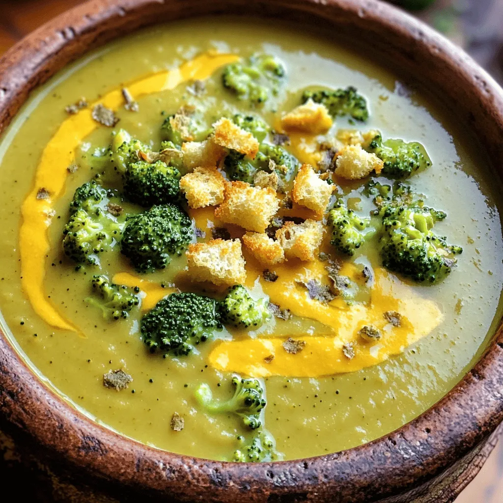 - 2 cups fresh broccoli florets - 1 medium onion, finely chopped - 2 cloves of garlic, minced - 3 cups vegetable broth - 2 cups shredded sharp cheddar cheese - 1 cup heavy cream - 2 tablespoons olive oil - 1 teaspoon salt - 1/2 teaspoon freshly ground black pepper - 1/2 teaspoon smoked paprika - 1/4 teaspoon nutmeg (optional) - Croutons, for garnish This cheddar broccoli soup is not only tasty but also packed with nutrients. Each serving provides a good amount of vitamins A and C from the broccoli. The cheese offers protein and calcium, while the cream adds richness. Keep in mind, this soup is high in calories due to the cheese and cream, so enjoy it in moderation. You can make easy swaps to fit your needs. If you want a lighter soup, use milk instead of heavy cream. For a dairy-free option, try almond or oat milk with nutritional yeast for flavor. If you like spice, add a pinch of cayenne pepper. For a crunchier texture, toss in some toasted nuts or seeds on top. Always taste and adjust seasoning to your liking. For the full recipe, check out the Cheddar Bliss Broccoli Soup. Start by gathering your ingredients. You will need: - 2 cups fresh broccoli florets - 1 medium onion, finely chopped - 2 cloves of garlic, minced - 3 cups vegetable broth - 2 cups shredded sharp cheddar cheese - 1 cup heavy cream - 2 tablespoons olive oil - 1 teaspoon salt - 1/2 teaspoon freshly ground black pepper - 1/2 teaspoon smoked paprika - 1/4 teaspoon nutmeg (optional) - Croutons, for garnish First, heat the olive oil in a large pot over medium heat. When the oil is hot, add the chopped onion. Sauté the onion for about 5 minutes until it turns soft and clear. Then, add the minced garlic to the pot. Cook for another minute while stirring. Be careful not to let the garlic brown, as it can become bitter. Next, pour in the vegetable broth and bring it to a gentle simmer. Once it simmers, add the broccoli florets, salt, black pepper, smoked paprika, and nutmeg if you like. Stir everything well to mix. Let the soup cook for 10-15 minutes. This will make the broccoli tender and bright green. Once the broccoli is ready, use an immersion blender to blend the soup until it is smooth. If you don’t have an immersion blender, pour the soup in batches into a regular blender. Blend until smooth and then return it to the pot. After blending, set the pot on low heat. Stir in the heavy cream slowly. Then, sprinkle in the shredded cheddar cheese. Keep stirring until the cheese melts and blends into the soup. Taste it and add more salt or pepper if needed. Now it’s time to serve your delicious soup! Pour it into bowls and top each bowl with croutons for a nice crunch. For added flair, drizzle a little extra heavy cream on top. A sprinkle of smoked paprika can add some color and extra flavor. Enjoy your warm, creamy cheddar broccoli soup! For the full recipe, refer to the earlier section in this article. To get the best texture in your cheddar broccoli soup, focus on cooking time. Cook the broccoli just until tender. If overcooked, it can turn mushy. Blend the soup until smooth but not too long. You don’t want to lose all the richness. If you like some chunks, blend only half. This gives you a creamy base with tasty bits of broccoli. Seasoning can make or break your soup. Start with salt and black pepper. They enhance the cheese's flavor. Smoked paprika adds a nice warmth. Nutmeg is optional, but it can deepen the flavor. Always taste as you go. Adjust the seasoning to suit your palate. Fresh herbs, like chives or parsley, can add bright flavors too. Many people make a few common mistakes. First, be careful not to boil the soup too hard. This can affect the cheese’s texture. Second, don’t skip the sautéing. It builds a great base of flavor. Lastly, avoid adding cheese too quickly. If you add it all at once, it may clump. Stir it in gradually for a smooth finish. Following these tips will help you create the perfect cheddar broccoli soup. For the full recipe, check out Cheddar Bliss Broccoli Soup. {{image_4}} You can easily make this soup vegan. Start by using plant-based cheese. Look for brands that melt well. Replace the heavy cream with coconut milk or cashew cream. These options give a rich texture. You can also switch vegetable broth for a homemade mix using water and spices. This keeps all the flavor without dairy. To make this soup gluten-free, check all your ingredients. Ensure the broth and cheese are gluten-free. Most brands offer gluten-free versions. If you want to thicken the soup, use cornstarch or arrowroot powder. Mix it with water before adding it to the pot. This way, it won’t clump. Feel free to get creative with your soup. You can add cooked potatoes for extra creaminess. Or toss in some carrots for sweetness. For a spicy kick, add red pepper flakes or diced jalapeños. You can even mix in protein like cooked chicken or beans. Each choice makes the soup even more satisfying. Check the [Full Recipe] for the base ingredients before you start experimenting! You can keep leftover cheddar broccoli soup in your fridge. Make sure to let it cool first. Store it in an airtight container. It will stay fresh for about 3 to 4 days. When you're ready to eat, just take it out and check for any signs of spoilage. If you want to save some soup for later, freezing is a great option. Cool the soup completely before freezing. Pour it into freezer-safe containers. Leave some space at the top for expansion. The soup can last for up to 3 months in the freezer. When you’re ready to enjoy, thaw it in the fridge overnight. To reheat your cheddar broccoli soup, first, pour it into a pot. Heat it on low to medium heat. Stir it often to avoid burning. If the soup seems thick, you can add a splash of vegetable broth or cream for a smoother texture. Once it's hot throughout, serve it in bowls and enjoy! You can use milk or plant-based milk. Coconut milk also works well. For a thicker option, use Greek yogurt or sour cream. These options can give your soup a creamy texture. Adjust the flavors as needed to keep it tasty. Yes, you can make this soup ahead of time. Just store it in an airtight container in your fridge. It will stay fresh for about three days. When ready to eat, just reheat it on the stove. Stir well to mix the flavors again. To thicken your soup, try adding more cheese. You can also mix in a cornstarch slurry. Just mix equal parts cornstarch and cold water. Stir it into the soup while it simmers. Another option is to add mashed potatoes for a creamy texture. This article covered all you need for Cheddar Broccoli Soup. We looked at the key ingredients, nutritional facts, and even some substitutions. Cooking steps were laid out simply, making it easy to follow. I shared tips to enhance texture and avoid common mistakes. You can try variations like vegan or gluten-free options. Finally, we discussed how to store and reheat your soup. With this knowledge, you're ready to cook a delicious soup that everyone will enjoy. Enjoy your cooking!