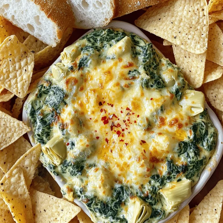 - 1 cup frozen spinach, thoroughly thawed and excess moisture squeezed out - 1 cup canned artichoke hearts, rinsed, drained, and coarsely chopped - 1 cup cream cheese, softened to room temperature - ½ cup sour cream, at room temperature - ½ cup mayonnaise - 1 cup shredded mozzarella cheese - ½ cup grated Parmesan cheese - 2 cloves garlic, minced finely - 1 teaspoon garlic powder - Salt and pepper to taste - ½ teaspoon red pepper flakes (optional) Using high-quality ingredients makes a big difference. Choose fresh artichoke hearts if you can. Look for cream cheese that’s rich and creamy. I prefer full-fat sour cream and mayonnaise for better taste. These choices create a richer texture and flavor. Always check the spinach. Make sure you squeeze out all the water after thawing. This ensures your dip doesn’t get watery. Use fresh garlic for the best flavor. Pre-minced garlic lacks the same kick. You can swap ingredients based on what you have. Instead of frozen spinach, fresh spinach works well too. Just cook it down and squeeze out extra moisture. Greek yogurt can replace sour cream for a tangy twist. If you want creaminess without dairy, try cashew cream. For a lighter dip, use low-fat cream cheese. You can also mix in other cheeses like cheddar for a different flavor. Use what you like best! Check the [Full Recipe] for more ideas. Start by preheating your oven to 375°F (190°C). This step is key to a great bake. While the oven warms up, grab a large mixing bowl. Make sure it’s clean and dry for the best results. In your mixing bowl, add the cream cheese, sour cream, and mayonnaise. Use a hand mixer or spatula to blend them. Mix until you have a smooth and creamy base. This mix will make your dip rich and tasty. Now, it’s time to fold in the fun stuff! Add the chopped artichoke hearts and the drained spinach to the bowl. Toss in the minced garlic, shredded mozzarella, and grated Parmesan cheese. Gently stir until everything is well mixed. Spoon your dip mixture into a medium-sized baking dish. Spread it evenly with the back of a spoon. Then, place it in the preheated oven. Bake for 25-30 minutes. You want the top to be golden brown and bubbly. When it’s done, remove it from the oven and let it cool for a few minutes. Now, it’s ready to serve! Enjoy this creamy delight warm with tortilla chips or fresh bread. For extra flair, sprinkle some red pepper flakes on top before serving. You can find the full recipe easily online. To get the creamiest dip, start with room temperature cream cheese. Cold cream cheese can clump up. Mix it well with sour cream and mayonnaise. This base forms a smooth texture. Fold in spinach and artichokes gently. Overmixing can make the dip tough. For extra creaminess, add more sour cream. Don't skip the mozzarella and Parmesan; they add a great melt. Serve your dip warm for the best taste. I love pairing it with crispy tortilla chips. Fresh baguette slices also work well. For a healthy twist, try colorful veggie sticks. Carrots and bell peppers add crunch. You can even place the dip in a bread bowl to impress guests. Sprinkle some red pepper flakes on top for color and extra zing. You can prepare this dip a day in advance. Mix all the ingredients and store them in the fridge. When ready, just bake it. This makes your prep easy and quick. If you freeze it, thaw it overnight before baking. Always check the texture before serving. A little extra sour cream can help if it seems thick. For the full recipe, click here. {{image_4}} You can switch up the cheese for a new twist. Try adding cheddar for a sharp taste. Creamy goat cheese brings a tangy flavor. You can mix mozzarella with pepper jack for some heat. Each cheese adds a unique spin to this dip. Play around to find your favorite mix! Spices and herbs can transform your dip. Add a pinch of cayenne pepper for a kick. Fresh herbs like parsley or basil will brighten the flavors. You might also try a dash of lemon juice for some zest. Each of these can take your dip to the next level. Experiment with what you love most! If you want a lighter dip, use Greek yogurt instead of sour cream. It adds creaminess without extra fat. You can even try using cottage cheese for a twist. Both options keep the dip rich while adding health benefits. They also mix well with the other ingredients. Don't hesitate to explore these alternatives! For the full recipe, check out the details above. After enjoying your dip, store any leftovers in the fridge. Use an airtight container to keep it fresh. It stays good for about three to four days. When you want to eat it again, just give it a quick stir. This helps mix the flavors back together. You can freeze this dip if you want to save some for later. Place it in a freezer-safe container. It will last for about one month. When you're ready to eat, thaw it overnight in the fridge. Then, reheat it in the oven at 350°F (175°C) until it’s hot and bubbly. This method keeps the dip creamy. To keep your dip fresh, avoid leaving it out too long. If you are serving it at a party, put it on ice. This helps it stay cool and tasty. Always cover it tightly to prevent drying out. Enjoy your creamy spinach artichoke dip with full flavor every time! For a full recipe, check out the details provided earlier. To add some heat, use more red pepper flakes. You can also add diced jalapeños. Another option is to mix in some hot sauce. Taste as you go to find your perfect spice level. Yes, you can use fresh spinach. Just cook it in a pan until wilted, then chop it finely. Make sure to squeeze out any extra water. You want the dip to stay creamy, not watery. This dip pairs well with many items. Try serving it with crispy tortilla chips, slices of baguette, or fresh vegetable sticks like carrots and celery. You can also use pita chips for a tasty twist. Bake the dip for 25 to 30 minutes. You want it to be golden brown and bubbling. Keep an eye on it to make sure it doesn’t overcook. Yes, this dip is vegetarian-friendly. It contains no meat or fish. All the ingredients are plant-based or dairy products, making it a great choice for vegetarians. You can find the Full Recipe to make this delightful dip. In this post, we explored a delicious spinach artichoke dip. We listed key ingredients and shared tips for quality and substitutions. I provided step-by-step instructions to help you create this dish effortlessly. You learned ways to make it creamier and variations to suit your taste. Finally, I covered storage tips for leftovers. Enjoy making this dip for your next gathering. It's simple and tasty, sure to be a hit!