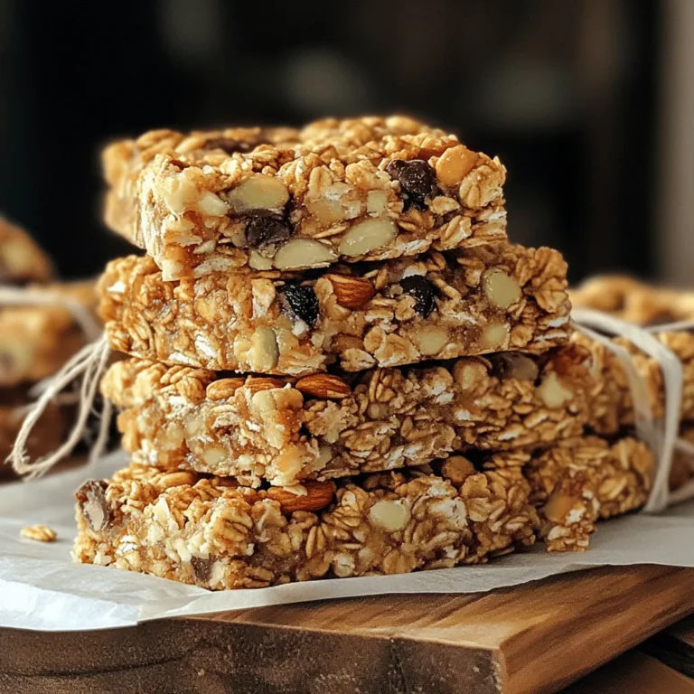 To make your homemade granola bars, gather these ingredients: - 2 cups rolled oats - 1 cup mixed nuts (such as almonds, walnuts, and pecans), roughly chopped - 1/2 cup honey or maple syrup - 1/4 cup peanut butter or almond butter - 1/2 cup dried fruit (like cranberries, raisins, or chopped apricots) - 1/4 cup mini chocolate chips (optional) - 1 teaspoon vanilla extract - 1/2 teaspoon ground cinnamon - 1/4 teaspoon salt What are the health benefits of oats? Oats are a great source of fiber. They help keep you full. Oats also support heart health. They can lower cholesterol levels. Why are nuts and dried fruits good for you? Nuts provide healthy fats and protein. They also contain vitamins and minerals. Dried fruits add natural sweetness and fiber. What is the caloric information per serving? Each bar has about 150 calories. This can vary based on the nuts and sweetener used. Enjoy them as a tasty snack without guilt! Feel free to check the Full Recipe for more details on this delicious treat. 1. Preheat the Oven: First, set your oven to 350°F (175°C). This heat helps the bars bake evenly. Grab an 8x8 inch baking dish and line it with parchment paper. Leave some paper hanging over the edges. This makes it easy to lift the bars out later. 2. Mix Dry Ingredients: In a large bowl, combine 2 cups of rolled oats, 1 cup of mixed nuts, and 1/2 cup of dried fruit. If you like chocolate, add 1/4 cup of mini chocolate chips. Sprinkle in 1/2 teaspoon of ground cinnamon and 1/4 teaspoon of salt. Stir everything until it’s mixed well. 3. Create the Wet Mixture: Take a small saucepan and add 1/2 cup of honey or maple syrup and 1/4 cup of peanut butter. Place it over low heat. Stir gently until it melts and becomes smooth. After mixing, remove it from the heat and add 1 teaspoon of vanilla extract. 4. Ensure Even Mixing: Pour the warm mixture over the dry ingredients. Use a spatula or wooden spoon to mix everything together. Make sure every piece of dry ingredient gets coated with the sticky mixture. 5. Transfer and Press Mixture: Move the granola mixture into the prepared baking dish. Use the spatula or your hands to press it down firmly. This helps it stick together when baked. 6. Bake the Bars: Place the dish in the oven and bake for 20-25 minutes. Look for a golden brown color on the edges. Keep an eye on it to avoid burning. When done, take it out and let it cool completely in the pan. 7. Cooling and Cutting Techniques: Once cooled, use the parchment paper to lift the granola slab out of the dish. Place it on a cutting board. Slice it into squares or rectangles for serving. You can find the full recipe with all details above to refer back to as needed! To make perfect granola bars, you must get the right consistency. The mixture should be sticky but not too wet. If it feels dry, add a bit more honey or nut butter. This helps bind the ingredients together. A good tip is to let the mixture cool slightly before mixing. This prevents any burns and makes it easier to stir. Pressing the mixture firmly is key. After you combine the wet and dry ingredients, transfer the mix into your baking dish. Use a spatula or your hands to really pack it down. Pressing hard helps the bars hold their shape. You want a nice, even layer. This way, they won’t fall apart when you cut them. When it comes to serving your granola bars, presentation matters. Stack the bars on a rustic platter for a nice touch. You can also wrap each bar in parchment paper and tie it with twine. This gives them a homemade gift look. It’s perfect for sharing! For garnishing, try drizzling a bit of melted chocolate on top. Sprinkle some chopped nuts or dried fruit for extra flair. These small details make your bars look even more appealing. You can also serve them with yogurt or fresh fruit for a yummy snack. For more ideas, check out the Full Recipe for inspiration! {{image_4}} You can get creative with your granola bars. Start by mixing different nuts and fruits. Try cashews, macadamias, or hazelnuts for a new twist. Dried fruits like mango or coconut can add a unique taste. Mix and match until you find your favorite blend. Adding spices or extracts can boost flavor. For a warm touch, use cinnamon or nutmeg. A drop of almond or coconut extract gives a fun flavor. Don't be afraid to experiment! Making granola bars can fit many diets. If you're vegan, swap honey for maple syrup. Use nut butter that is free from animal products, like almond or sunflower seed butter. These changes keep the bars tasty and healthy. For gluten-free options, choose certified gluten-free oats. This way, everyone can enjoy your tasty treat. If you have allergies, replace nuts with seeds like pumpkin or sunflower. These substitutions keep the bars safe for all. Store your homemade granola bars in an airtight container. This keeps them fresh and chewy. You can keep them at room temperature for up to a week. If you want to extend their life, place them in the refrigerator. The cool air helps maintain their texture. To keep your bars tasting great: - Layer with parchment paper: If you stack bars, place parchment paper between them. This prevents sticking. - Avoid moisture: Keep the container in a cool, dry place. Freezing granola bars is easy. Wrap each bar in plastic wrap or foil. Place them in a freezer-safe bag. This will help keep them fresh for up to three months. When you're ready to eat them, thaw the bars in the fridge overnight. You can also leave them at room temperature for about an hour. They will taste just as good as fresh. Want a quick snack? Just grab a bar from the freezer. Homemade granola bars are perfect for busy days! For the complete process, refer to the Full Recipe. How do I make granola bars without using honey? You can use maple syrup or agave nectar instead. They work well as a sweetener. Just replace honey with the same amount of your chosen syrup. It will keep your bars sweet and chewy. Can I use quick oats instead of rolled oats? Yes, you can use quick oats. They will make the bars softer. Rolled oats give a chewier texture, but quick oats are still tasty. If you prefer, use a mix of both for a unique texture. What’s the best way to cut granola bars without them falling apart? Let the bars cool completely before cutting. Use a sharp knife for clean cuts. You can also warm the knife slightly to help slice through easily. This will keep them together and help maintain their shape. Why are my granola bars too crumbly? If your granola bars are crumbly, they might need more binding. Check if you used enough nut butter or sweetener. Adding a little more can help them stick together better. Pressing the mixture firmly into the pan is also key. How can I make my bars less sticky? To reduce stickiness, try using a bit more oats or nuts in your mix. You can also let them cool longer before cutting. Adding a pinch of salt can also help balance the sweetness and reduce stickiness. You now know how to make delicious, healthy granola bars at home. We covered key ingredients like oats, nuts, and sweeteners. You learned how to mix, bake, and store them. Plus, there are plenty of tips to help you perfect your bars. Whether you prefer flavors, dietary adaptations, or presentation ideas, you can customize to your taste. Enjoy your tasty and nutritious snack. Happy baking!