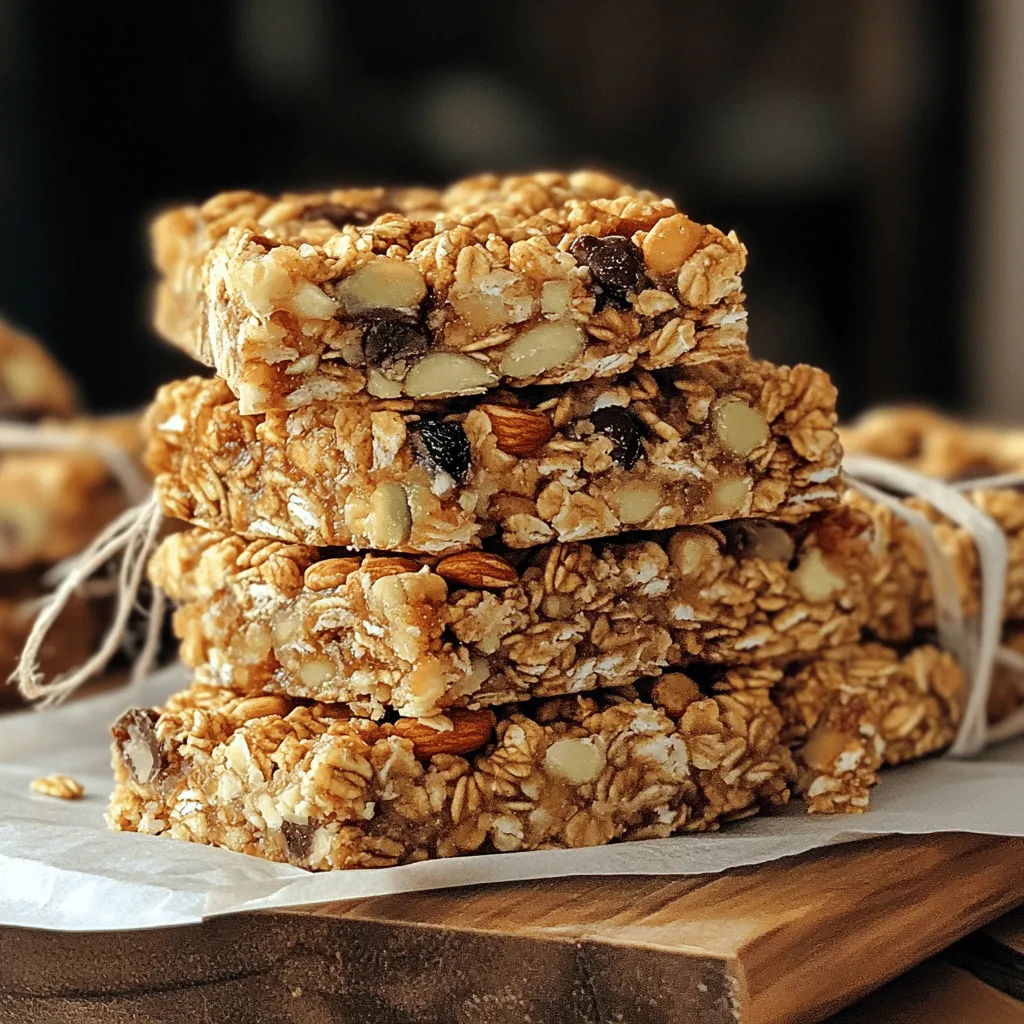 To make your homemade granola bars, gather these ingredients: - 2 cups rolled oats - 1 cup mixed nuts (such as almonds, walnuts, and pecans), roughly chopped - 1/2 cup honey or maple syrup - 1/4 cup peanut butter or almond butter - 1/2 cup dried fruit (like cranberries, raisins, or chopped apricots) - 1/4 cup mini chocolate chips (optional) - 1 teaspoon vanilla extract - 1/2 teaspoon ground cinnamon - 1/4 teaspoon salt What are the health benefits of oats? Oats are a great source of fiber. They help keep you full. Oats also support heart health. They can lower cholesterol levels. Why are nuts and dried fruits good for you? Nuts provide healthy fats and protein. They also contain vitamins and minerals. Dried fruits add natural sweetness and fiber. What is the caloric information per serving? Each bar has about 150 calories. This can vary based on the nuts and sweetener used. Enjoy them as a tasty snack without guilt! Feel free to check the Full Recipe for more details on this delicious treat. 1. Preheat the Oven: First, set your oven to 350°F (175°C). This heat helps the bars bake evenly. Grab an 8x8 inch baking dish and line it with parchment paper. Leave some paper hanging over the edges. This makes it easy to lift the bars out later. 2. Mix Dry Ingredients: In a large bowl, combine 2 cups of rolled oats, 1 cup of mixed nuts, and 1/2 cup of dried fruit. If you like chocolate, add 1/4 cup of mini chocolate chips. Sprinkle in 1/2 teaspoon of ground cinnamon and 1/4 teaspoon of salt. Stir everything until it’s mixed well. 3. Create the Wet Mixture: Take a small saucepan and add 1/2 cup of honey or maple syrup and 1/4 cup of peanut butter. Place it over low heat. Stir gently until it melts and becomes smooth. After mixing, remove it from the heat and add 1 teaspoon of vanilla extract. 4. Ensure Even Mixing: Pour the warm mixture over the dry ingredients. Use a spatula or wooden spoon to mix everything together. Make sure every piece of dry ingredient gets coated with the sticky mixture. 5. Transfer and Press Mixture: Move the granola mixture into the prepared baking dish. Use the spatula or your hands to press it down firmly. This helps it stick together when baked. 6. Bake the Bars: Place the dish in the oven and bake for 20-25 minutes. Look for a golden brown color on the edges. Keep an eye on it to avoid burning. When done, take it out and let it cool completely in the pan. 7. Cooling and Cutting Techniques: Once cooled, use the parchment paper to lift the granola slab out of the dish. Place it on a cutting board. Slice it into squares or rectangles for serving. You can find the full recipe with all details above to refer back to as needed! To make perfect granola bars, you must get the right consistency. The mixture should be sticky but not too wet. If it feels dry, add a bit more honey or nut butter. This helps bind the ingredients together. A good tip is to let the mixture cool slightly before mixing. This prevents any burns and makes it easier to stir. Pressing the mixture firmly is key. After you combine the wet and dry ingredients, transfer the mix into your baking dish. Use a spatula or your hands to really pack it down. Pressing hard helps the bars hold their shape. You want a nice, even layer. This way, they won’t fall apart when you cut them. When it comes to serving your granola bars, presentation matters. Stack the bars on a rustic platter for a nice touch. You can also wrap each bar in parchment paper and tie it with twine. This gives them a homemade gift look. It’s perfect for sharing! For garnishing, try drizzling a bit of melted chocolate on top. Sprinkle some chopped nuts or dried fruit for extra flair. These small details make your bars look even more appealing. You can also serve them with yogurt or fresh fruit for a yummy snack. For more ideas, check out the Full Recipe for inspiration! {{image_4}} You can get creative with your granola bars. Start by mixing different nuts and fruits. Try cashews, macadamias, or hazelnuts for a new twist. Dried fruits like mango or coconut can add a unique taste. Mix and match until you find your favorite blend. Adding spices or extracts can boost flavor. For a warm touch, use cinnamon or nutmeg. A drop of almond or coconut extract gives a fun flavor. Don't be afraid to experiment! Making granola bars can fit many diets. If you're vegan, swap honey for maple syrup. Use nut butter that is free from animal products, like almond or sunflower seed butter. These changes keep the bars tasty and healthy. For gluten-free options, choose certified gluten-free oats. This way, everyone can enjoy your tasty treat. If you have allergies, replace nuts with seeds like pumpkin or sunflower. These substitutions keep the bars safe for all. Store your homemade granola bars in an airtight container. This keeps them fresh and chewy. You can keep them at room temperature for up to a week. If you want to extend their life, place them in the refrigerator. The cool air helps maintain their texture. To keep your bars tasting great: - Layer with parchment paper: If you stack bars, place parchment paper between them. This prevents sticking. - Avoid moisture: Keep the container in a cool, dry place. Freezing granola bars is easy. Wrap each bar in plastic wrap or foil. Place them in a freezer-safe bag. This will help keep them fresh for up to three months. When you're ready to eat them, thaw the bars in the fridge overnight. You can also leave them at room temperature for about an hour. They will taste just as good as fresh. Want a quick snack? Just grab a bar from the freezer. Homemade granola bars are perfect for busy days! For the complete process, refer to the Full Recipe. How do I make granola bars without using honey? You can use maple syrup or agave nectar instead. They work well as a sweetener. Just replace honey with the same amount of your chosen syrup. It will keep your bars sweet and chewy. Can I use quick oats instead of rolled oats? Yes, you can use quick oats. They will make the bars softer. Rolled oats give a chewier texture, but quick oats are still tasty. If you prefer, use a mix of both for a unique texture. What’s the best way to cut granola bars without them falling apart? Let the bars cool completely before cutting. Use a sharp knife for clean cuts. You can also warm the knife slightly to help slice through easily. This will keep them together and help maintain their shape. Why are my granola bars too crumbly? If your granola bars are crumbly, they might need more binding. Check if you used enough nut butter or sweetener. Adding a little more can help them stick together better. Pressing the mixture firmly into the pan is also key. How can I make my bars less sticky? To reduce stickiness, try using a bit more oats or nuts in your mix. You can also let them cool longer before cutting. Adding a pinch of salt can also help balance the sweetness and reduce stickiness. You now know how to make delicious, healthy granola bars at home. We covered key ingredients like oats, nuts, and sweeteners. You learned how to mix, bake, and store them. Plus, there are plenty of tips to help you perfect your bars. Whether you prefer flavors, dietary adaptations, or presentation ideas, you can customize to your taste. Enjoy your tasty and nutritious snack. Happy baking!