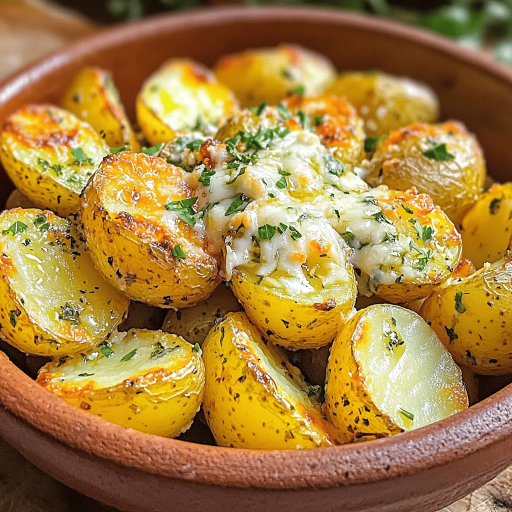 - 2 pounds baby potatoes, halved - 4 tablespoons extra virgin olive oil - 1 teaspoon garlic powder - 4 cloves garlic, finely minced - 1 cup freshly grated Parmesan cheese - 1 teaspoon dried oregano - Salt and freshly cracked black pepper, to taste - Fresh parsley for garnish - Additional seasonings (e.g., paprika, thyme) - Cheese alternatives (e.g., nutritional yeast for vegan option) For Garlic Parmesan Roasted Potatoes, you need simple, fresh items. Baby potatoes are the star. Their small size makes them tender and easy to eat. Extra virgin olive oil adds rich flavor and helps them roast nicely. Garlic powder and minced garlic pack a punch with their bold taste. Parmesan cheese brings a savory, cheesy goodness that melts beautifully. Dried oregano adds a hint of herbal freshness. Adjust salt and black pepper to suit your taste. For a nice finish, fresh parsley adds color and a fresh flavor. You can play with optional ingredients too. Paprika gives a smoky kick. Thyme adds a warm, earthy note. If you want a vegan version, swap the Parmesan for nutritional yeast. It still gives a cheesy flavor without dairy. This recipe is fun and flexible. You can adjust it to fit your taste and diet. Check out the Full Recipe for all the details! First, preheat your oven to 425°F (220°C). This high heat helps the potatoes get crispy. Next, line a large baking sheet with parchment paper. This will keep the potatoes from sticking and makes cleanup easy. In a big mixing bowl, combine the halved baby potatoes, olive oil, garlic powder, minced garlic, dried oregano, salt, and pepper. Toss everything well. You want the potatoes to be coated in the tasty mix. Now, carefully spread the seasoned potatoes on the baking sheet. Make sure they lay in a single layer. This helps them roast evenly and turn crispy. Roast the potatoes for about 25 minutes. At the halfway mark, stir them well. This promotes even cooking and browning. After the first 25 minutes, take the baking sheet out of the oven. Sprinkle the grated Parmesan cheese evenly over the potatoes. This will give them a rich, cheesy flavor. Return the baking sheet to the oven. Roast for another 10-15 minutes, or until the cheese melts and turns golden brown. Once done, remove the baking sheet from the oven. Let the potatoes cool for a few minutes. Before serving, sprinkle some fresh parsley on top for a pop of color. Enjoy your Garlic Parmesan Roasted Potatoes! For the full recipe, check out the detailed instructions. To get those perfect, crispy Garlic Parmesan Roasted Potatoes, you must ensure they lie flat in a single layer. This allows hot air to circulate, crisping up all sides. If you overcrowd the pan, your potatoes will steam instead of roast, resulting in a soggy texture. The ideal roasting temperature is 425°F (220°C). This heat is high enough for browning without burning the cheese. Always preheat your oven fully for best results. Experiment with ingredient variations to make these potatoes your own. You can add herbs like fresh rosemary or thyme for extra aroma. A dash of paprika can add a nice kick. If you want a spicy version, sprinkle some chili flakes over the potatoes before roasting. For dips, I recommend pairing these potatoes with sour cream or a tangy yogurt dip. They also go well with ketchup or a zesty aioli. When serving, presentation matters. Use a large, colorful serving bowl to show off the potatoes. For a special touch, dust extra Parmesan on top and add a handful of fresh parsley. These Garlic Parmesan Roasted Potatoes pair beautifully with grilled chicken or a fresh green salad. They can elevate any meal, from casual weeknight dinners to festive gatherings. For the full recipe, click here! {{image_4}} You can take Garlic Parmesan Roasted Potatoes to new heights with different flavors. Adding herbs like rosemary or thyme gives a fresh taste. These herbs pair well with garlic and cheese. Just add a teaspoon of dried herbs into your mix for a great twist. If you love heat, try a spicy version. Sprinkle some chili flakes on the potatoes before roasting. This addition brings a kick that many enjoy. Adjust the amount based on your spice level. Making Garlic Parmesan Roasted Potatoes fit different diets is easy. For gluten-free options, this recipe is already safe. Just check all your ingredients to ensure they are gluten-free. For vegan alternatives, swap the Parmesan cheese with nutritional yeast. This gives a cheesy flavor without dairy. You can also use cashew cheese for a creamier texture. Both options work well and keep the dish tasty. Sometimes you might not have certain ingredients on hand. For Parmesan cheese, you can use Pecorino Romano. It has a similar taste and enhances the dish. You can also switch up the potatoes. While baby potatoes are great, you can use Yukon Gold or red potatoes. Just cut them into similar sizes for even cooking. These swaps keep the recipe fresh and exciting. For the full recipe, check out the detailed instructions and tips! To keep Garlic Parmesan Roasted Potatoes fresh, store them in an airtight container. Place them in the fridge right after they cool. This will help keep them from getting soggy. You can safely store them for up to three days. Reheating is key to keeping that crispy texture. The best way is to use the oven. Preheat it to 375°F (190°C) and spread the potatoes on a baking sheet. Heat them for about 10 to 15 minutes. This method helps avoid sogginess. You can also use an air fryer if you have one. Set it to 350°F (175°C) and cook for 5 to 7 minutes. Freezing Garlic Parmesan Roasted Potatoes is simple. Let them cool completely, then spread them on a baking sheet. Freeze them for about an hour, then transfer the potatoes to a freezer-safe bag. This prevents them from sticking together. They will last up to three months. To thaw, place the potatoes in the fridge overnight. Reheat them in the oven as mentioned above for the best results. Enjoy your delicious leftovers! For the full recipe, check out the detailed instructions. To make your Garlic Parmesan Roasted Potatoes crispy, follow these tips: - Use baby potatoes for better texture. - Cut them in half for even cooking. - Toss them well in olive oil and spices. - Spread them out on the baking sheet in a single layer. - Roast at high heat for a golden finish. - Stir halfway through cooking to promote even crispiness. Using these steps will help you get that perfect, crunchy exterior while keeping the inside soft. Yes, you can use regular potatoes. Here are some tips: - Choose small or medium-sized potatoes for even cooking. - If using larger potatoes, cut them into smaller pieces. - Adjust the cooking time; larger pieces may need more time to roast. Regular potatoes can work well, but baby potatoes offer a unique bite. These potatoes pair well with many dishes. Here are some ideas: - Serve with grilled chicken or steak for a hearty meal. - Pair with roasted vegetables for a colorful platter. - They also go well with a fresh salad for a lighter option. - For a fun twist, serve with a yogurt dip or sour cream. Feel free to mix and match based on your taste! Garlic Parmesan Roasted Potatoes can be stored for about 3 to 5 days in the fridge. Here are the best storage tips: - Keep them in an airtight container to maintain freshness. - Reheat them in the oven for the best texture. Storing them properly helps keep the flavor alive for your next meal. In this blog post, we explored how to make delicious Garlic Parmesan Roasted Potatoes. We covered the right ingredients, step-by-step instructions, and helpful tips for perfecting your dish. You can adjust flavors and try new ingredients to make this recipe your own. Remember to store leftovers properly and reheat carefully for the best taste. With these easy methods, you can enjoy a tasty side dish that works for any meal. Start roasting your potatoes today and savor this amazing flavor!