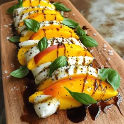 - 2 ripe peaches - 1 cup vibrant fresh basil leaves - 8 oz fresh mozzarella cheese - 2 tablespoons balsamic glaze - 1 tablespoon extra virgin olive oil - Sea salt and freshly cracked black pepper To make this Peach Caprese Salad, start with the freshest produce. Choose two ripe peaches. Look for peaches that are slightly soft when you press them. Their sweetness shines in this dish. Next, grab a cup of fresh basil leaves. Use vibrant green leaves for a pop of color. They add a fragrant touch that makes this salad special. For the creamy element, you need fresh mozzarella cheese. Aim for eight ounces. The soft texture pairs perfectly with juicy peaches. Now, for flavor, you’ll need balsamic glaze and high-quality extra virgin olive oil. The balsamic glaze adds a sweet tang. The olive oil brings richness. Lastly, sprinkle sea salt and freshly cracked black pepper. These seasonings enhance the flavors of the salad. With these ingredients, you can create a Peach Caprese Salad that is a true summer delight. For the full recipe, check out the detailed instructions above. Start by rinsing the peaches. Use cool water to clean them well. After rinsing, slice the peaches into wedges. Aim for about 1/2 inch thickness. This size gives a nice bite. Next, slice the fresh mozzarella into rounds. Keep the slices around the same thickness as the peaches. This helps with layering. Grab a large serving platter. Begin layering the peach wedges and mozzarella slices. Place them in an alternating pattern. This makes the salad colorful and fun. Now, gently insert fresh basil leaves between the peach and mozzarella slices. The basil adds a fresh aroma and looks great too. Take a spoon and drizzle extra virgin olive oil over the arranged salad. Follow this with balsamic glaze for sweetness. This will tie all the flavors together. Now, sprinkle sea salt and freshly cracked black pepper over the top. This enhances the taste of the salad. Let it rest for a few minutes before serving. This helps the flavors mix well. For the full recipe, check out the section above! To make a great Peach Caprese Salad, start with ripe peaches. Look for peaches that feel firm but yield slightly to gentle pressure. Their skin should have a warm, golden hue. Avoid any with bruises or wrinkles. Fresh, juicy peaches bring a sweet flavor that pairs perfectly with creamy mozzarella. For mozzarella, choose the freshest cheese possible. Look for soft, moist rounds packed in water. This cheese should feel springy and not crumbly. It has a mild taste that balances with the peaches and basil. When arranging your salad, think about color and shape. Alternate peach wedges and mozzarella slices on a large platter. This makes the dish eye-catching and fun. You can also layer them vertically for a stunning effect. For garnishing, sprinkle fresh basil leaves on top. You could also add edible flowers or a drizzle of balsamic glaze around the edges. These touches enhance the look and flavor of your salad. Pair your Peach Caprese Salad with a crisp white wine, like Sauvignon Blanc. This wine’s acidity matches the salad nicely. You can also serve it as a light appetizer before a main dish, such as grilled chicken or fish. The best time to serve this salad is right after you make it. This way, the flavors are fresh and vibrant. If you let it sit too long, the peaches might brown, and the cheese could lose its bright taste. {{image_4}} You can switch up the cheese in your Peach Caprese Salad for fun. Burrata brings a creamy texture and rich taste. Goat cheese adds a tangy note that pairs well with sweet peaches. Feta cheese offers a crumbly contrast that also complements the salad nicely. Try these options to make the dish your own! Add nuts like walnuts or pecans for a delightful crunch. They bring a nice texture and nutty flavor that works well with the peaches. You can also mix in other fruits. Strawberries offer sweetness, while heirloom tomatoes add a savory touch. These twists make your salad even more exciting. Instead of balsamic glaze, you might try different dressings. A simple lemon vinaigrette can brighten the flavors. A honey mustard dressing adds sweetness and zest. If you're feeling adventurous, make your own balsamic vinaigrette. Just mix balsamic vinegar with olive oil, a little honey, and seasoning. This homemade touch enhances the salad's taste. For the full recipe, check the Peachy Caprese Delight section above. To keep your Peach Caprese Salad fresh, follow these steps: - Store leftovers in an airtight container. This helps seal in flavor and moisture. - Place a paper towel inside the container to absorb excess moisture. This keeps the salad crisp. - Store the salad in the fridge. It should stay fresh for about two days. The components of this salad have different shelf lives: - Ripe peaches last about three to five days in the fridge. Check for softness. - Fresh mozzarella cheese should be eaten within five days of opening. Keep it sealed tightly. - Basil leaves stay fresh for about three days. Store them in a glass of water, like cut flowers. This salad is best served cold, but if you want to refresh it: - Take the salad out of the fridge and let it sit for 10 minutes. This brings it to room temperature. - If the salad seems dry, drizzle a bit more olive oil or balsamic glaze before serving. This adds moisture and flavor. - Avoid reheating in the microwave. It will change the texture of the mozzarella and basil. Enjoy your Peach Caprese Salad as a cool, refreshing dish! For the full recipe, follow the link above. A Peach Caprese Salad is a fresh dish that mixes sweet peaches with creamy mozzarella. This salad combines bright flavors and colors, making it perfect for summer. The dish comes from the classic Caprese salad, which features tomatoes, basil, and mozzarella. By swapping in peaches, we create a new twist on a traditional favorite. This dish is a celebration of summer's bounty and pairs well with many meals. Yes, you can make Peach Caprese Salad in advance. To prepare, slice the peaches and mozzarella beforehand. Keep the sliced mozzarella and peaches separate. This helps keep the salad fresh. When ready to serve, layer the ingredients and add basil. Drizzle olive oil and balsamic glaze just before serving. This will keep the salad from getting soggy. Meal prepping this salad allows you to enjoy a fresh taste with little effort. For this salad, choose ripe and juicy peaches. Varieties like Freestone or Donut peaches work well. Freestone peaches are easy to slice, while Donut peaches add a fun shape. Look for peaches that feel slightly soft to the touch and smell fragrant. Fresh, in-season peaches will give the best flavor to your salad. Always select peaches with smooth skin and no blemishes. Absolutely! You can customize your Peach Caprese Salad. Instead of mozzarella, try burrata for creaminess. Feta cheese adds tanginess, while goat cheese brings a unique flavor. You can also mix in other fruits like strawberries or heirloom tomatoes for a twist. If you prefer, swap balsamic glaze with a homemade vinaigrette for a lighter touch. Feel free to get creative with this salad, making it your own! This blog post covered how to make a tasty Peach Caprese salad. We talked about fresh peaches, mozzarella, and the key seasonings. I shared tips for choosing ripe fruit and perfecting your presentation. You can even try variations like different cheeses and nuts. Lastly, I provided storage advice to keep your salad fresh. Enjoy experimenting with this dish, as it’s simple and delicious. You’ll impress your friends and family with your skills in the kitchen.