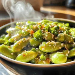 To make spicy garlic edamame, gather these items: - 2 cups shelled edamame (fresh or frozen) - 3 cloves garlic, minced - 1 tablespoon olive oil - 1 tablespoon soy sauce - 1 tablespoon sriracha (adjust based on your desired spice level) - 1 teaspoon sesame oil - 1 tablespoon sesame seeds - 2 green onions, finely chopped - Salt, to taste Each ingredient plays a key part in this dish. Edamame adds a nice texture and nutty flavor. Garlic brings a strong, fragrant taste that makes the dish pop. Olive oil helps cook the garlic and adds richness. Soy sauce adds saltiness and umami, enhancing the overall flavor. Sriracha gives it a spicy kick, while sesame oil adds a hint of nuttiness. Sesame seeds provide crunch and a nice look. Finally, green onions add freshness and brightness to each bite. You can find fresh edamame at many grocery stores. Look in the frozen food aisle for frozen edamame as well. Asian markets often have fresh edamame if you want the best quality. When buying, choose vibrant green pods. If you buy fresh, they should feel firm and not mushy. Always check for any dark spots or signs of spoilage. This ensures you get the tastiest edamame for your dish! Start by boiling water in a pot. If you use frozen edamame, cook it according to the package. It usually takes about 5 minutes. The beans should be tender. Drain them and set aside. If you have fresh edamame, steam it for 5-7 minutes until soft. Fresh or frozen, both taste great! Grab a large skillet and heat some olive oil on medium heat. When the oil shimmers, add minced garlic. Sauté this for about 2 minutes. Stir it often to avoid burning. You want it fragrant and slightly golden. If it turns too brown, it may taste bitter. Now, toss the cooked edamame into the skillet. Stir well so the garlic coats every bean. Next, drizzle soy sauce, sriracha, and sesame oil over the mix. Keep stirring for 3-5 minutes. This helps the flavors blend. Once heated, sprinkle sesame seeds and chopped green onions on top. Mix everything again. Finally, taste and add salt if needed. This simple method gives you a vibrant dish that’s ready to enjoy! For a full recipe, check out the details above. To get the best garlic flavor, always use fresh garlic. Mince your garlic just before cooking. This keeps it potent. When you sauté, let the oil heat until it shimmers, then add the garlic. Stir it often. You want it fragrant and light golden. If it turns brown, it may taste bitter. Sriracha adds a nice kick. Start with one tablespoon for a mild heat. If you want more spice, add more sriracha a little at a time. This lets you control the heat level. Remember, you can always add more, but you can’t take it away. Burnt garlic ruins your dish. To avoid this, keep the heat on medium. Stir frequently while cooking. If you smell a strong aroma or see it darkening, remove it from the heat right away. You can also add the edamame sooner if you feel the garlic is close to burning. This helps cool it down and prevents burning. For a full guide on how to make this dish, check out the Full Recipe. {{image_4}} You can mix it up with fun seasonings. Try adding lime juice for a zing. Garlic powder can boost the garlic taste even more. If you like a nutty flavor, use toasted sesame seeds. For a sweet twist, add a small amount of honey or maple syrup. You can also try chili flakes for an extra kick. This recipe is already vegetarian and vegan! All ingredients are plant-based. You can enjoy this dish without any changes. It makes a great snack for everyone. Spicy garlic edamame pairs well with many dishes. Serve it as a snack or appetizer at parties. It goes great with sushi or rice bowls. You can also enjoy it with a cold drink. For a complete meal, add it to a salad or grain dish. Don't forget to check out the Full Recipe for more ideas! Store leftover spicy garlic edamame in an airtight container. Make sure it cools down first. Place the container in the fridge. It will stay fresh for about three days. Avoid leaving it out at room temperature for too long. Bacteria can grow quickly in warm foods. To reheat your edamame, use a skillet. Heat it over medium heat. Add a splash of water or olive oil to keep it moist. Stir frequently until it’s hot. You can also use the microwave. Place it in a microwave-safe bowl. Cover it with a damp paper towel. Heat in short bursts, stirring in between, until warm. This keeps the flavors fresh. Freezing edamame is easy and great for later. First, cook it as you normally would. Let it cool completely. Then, place it in a freezer bag. Remove as much air as possible before sealing. Label the bag with the date. Frozen edamame can last for up to six months. To use, just thaw it in the fridge overnight or cook it directly from frozen. Enjoy it anytime you want a quick snack! Edamame are young soybeans. They are green and found in pods. These beans are packed with protein, fiber, and vitamins. Eating edamame can improve your heart health. They also help with weight management. Edamame contain antioxidants that fight free radicals. This can lead to better skin and overall health. Plus, they are low in calories, making them a great snack. You can use dried edamame, but they need special care. Dried edamame should be soaked and cooked longer. This process takes more time than using fresh or frozen beans. Fresh or frozen edamame offers quicker prep and better texture. If you want fast and tasty edamame, stick with fresh or frozen. You can make spicy garlic edamame in just 15 minutes. The prep time is about 5 minutes. Cooking takes around 10 minutes. This quick recipe fits well into busy days. With quick steps, you can enjoy a tasty dish in no time. For the full recipe, check out the details above. This blog post covered everything you need to make spicy garlic edamame. We explored key ingredients and their roles. I shared easy steps to prepare and sauté the dish. You learned tips for perfect garlic flavor and spice adjustments. We also discussed variations and creative serving ideas. Lastly, I provided storage tips for leftovers. Enjoy making this tasty snack often. It's healthy, simple, and sure to impress!