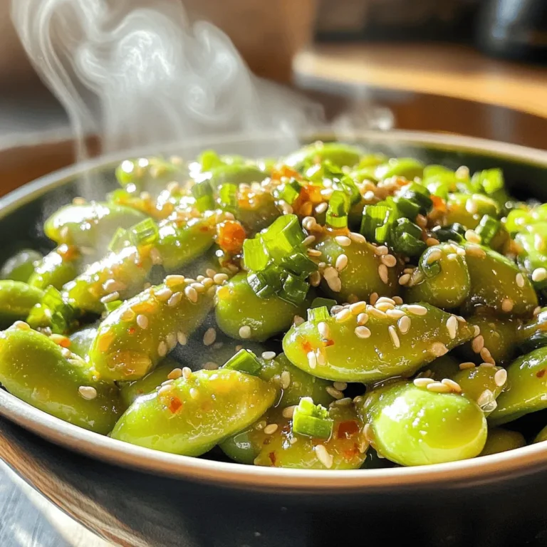To make spicy garlic edamame, gather these items: - 2 cups shelled edamame (fresh or frozen) - 3 cloves garlic, minced - 1 tablespoon olive oil - 1 tablespoon soy sauce - 1 tablespoon sriracha (adjust based on your desired spice level) - 1 teaspoon sesame oil - 1 tablespoon sesame seeds - 2 green onions, finely chopped - Salt, to taste Each ingredient plays a key part in this dish. Edamame adds a nice texture and nutty flavor. Garlic brings a strong, fragrant taste that makes the dish pop. Olive oil helps cook the garlic and adds richness. Soy sauce adds saltiness and umami, enhancing the overall flavor. Sriracha gives it a spicy kick, while sesame oil adds a hint of nuttiness. Sesame seeds provide crunch and a nice look. Finally, green onions add freshness and brightness to each bite. You can find fresh edamame at many grocery stores. Look in the frozen food aisle for frozen edamame as well. Asian markets often have fresh edamame if you want the best quality. When buying, choose vibrant green pods. If you buy fresh, they should feel firm and not mushy. Always check for any dark spots or signs of spoilage. This ensures you get the tastiest edamame for your dish! Start by boiling water in a pot. If you use frozen edamame, cook it according to the package. It usually takes about 5 minutes. The beans should be tender. Drain them and set aside. If you have fresh edamame, steam it for 5-7 minutes until soft. Fresh or frozen, both taste great! Grab a large skillet and heat some olive oil on medium heat. When the oil shimmers, add minced garlic. Sauté this for about 2 minutes. Stir it often to avoid burning. You want it fragrant and slightly golden. If it turns too brown, it may taste bitter. Now, toss the cooked edamame into the skillet. Stir well so the garlic coats every bean. Next, drizzle soy sauce, sriracha, and sesame oil over the mix. Keep stirring for 3-5 minutes. This helps the flavors blend. Once heated, sprinkle sesame seeds and chopped green onions on top. Mix everything again. Finally, taste and add salt if needed. This simple method gives you a vibrant dish that’s ready to enjoy! For a full recipe, check out the details above. To get the best garlic flavor, always use fresh garlic. Mince your garlic just before cooking. This keeps it potent. When you sauté, let the oil heat until it shimmers, then add the garlic. Stir it often. You want it fragrant and light golden. If it turns brown, it may taste bitter. Sriracha adds a nice kick. Start with one tablespoon for a mild heat. If you want more spice, add more sriracha a little at a time. This lets you control the heat level. Remember, you can always add more, but you can’t take it away. Burnt garlic ruins your dish. To avoid this, keep the heat on medium. Stir frequently while cooking. If you smell a strong aroma or see it darkening, remove it from the heat right away. You can also add the edamame sooner if you feel the garlic is close to burning. This helps cool it down and prevents burning. For a full guide on how to make this dish, check out the Full Recipe. {{image_4}} You can mix it up with fun seasonings. Try adding lime juice for a zing. Garlic powder can boost the garlic taste even more. If you like a nutty flavor, use toasted sesame seeds. For a sweet twist, add a small amount of honey or maple syrup. You can also try chili flakes for an extra kick. This recipe is already vegetarian and vegan! All ingredients are plant-based. You can enjoy this dish without any changes. It makes a great snack for everyone. Spicy garlic edamame pairs well with many dishes. Serve it as a snack or appetizer at parties. It goes great with sushi or rice bowls. You can also enjoy it with a cold drink. For a complete meal, add it to a salad or grain dish. Don't forget to check out the Full Recipe for more ideas! Store leftover spicy garlic edamame in an airtight container. Make sure it cools down first. Place the container in the fridge. It will stay fresh for about three days. Avoid leaving it out at room temperature for too long. Bacteria can grow quickly in warm foods. To reheat your edamame, use a skillet. Heat it over medium heat. Add a splash of water or olive oil to keep it moist. Stir frequently until it’s hot. You can also use the microwave. Place it in a microwave-safe bowl. Cover it with a damp paper towel. Heat in short bursts, stirring in between, until warm. This keeps the flavors fresh. Freezing edamame is easy and great for later. First, cook it as you normally would. Let it cool completely. Then, place it in a freezer bag. Remove as much air as possible before sealing. Label the bag with the date. Frozen edamame can last for up to six months. To use, just thaw it in the fridge overnight or cook it directly from frozen. Enjoy it anytime you want a quick snack! Edamame are young soybeans. They are green and found in pods. These beans are packed with protein, fiber, and vitamins. Eating edamame can improve your heart health. They also help with weight management. Edamame contain antioxidants that fight free radicals. This can lead to better skin and overall health. Plus, they are low in calories, making them a great snack. You can use dried edamame, but they need special care. Dried edamame should be soaked and cooked longer. This process takes more time than using fresh or frozen beans. Fresh or frozen edamame offers quicker prep and better texture. If you want fast and tasty edamame, stick with fresh or frozen. You can make spicy garlic edamame in just 15 minutes. The prep time is about 5 minutes. Cooking takes around 10 minutes. This quick recipe fits well into busy days. With quick steps, you can enjoy a tasty dish in no time. For the full recipe, check out the details above. This blog post covered everything you need to make spicy garlic edamame. We explored key ingredients and their roles. I shared easy steps to prepare and sauté the dish. You learned tips for perfect garlic flavor and spice adjustments. We also discussed variations and creative serving ideas. Lastly, I provided storage tips for leftovers. Enjoy making this tasty snack often. It's healthy, simple, and sure to impress!