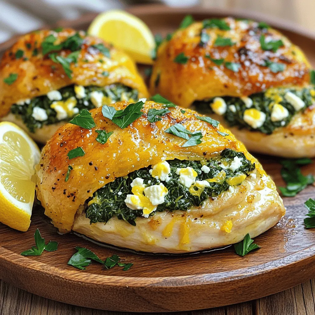 To make spinach feta stuffed chicken breasts, gather these simple ingredients: - 4 boneless, skinless chicken breasts - 2 cups fresh spinach, finely chopped - 1 cup feta cheese, crumbled into small pieces - 1/4 cup cream cheese, softened to room temperature - 2 cloves garlic, minced - 1 tablespoon olive oil - 1 teaspoon dried oregano - Salt and freshly cracked black pepper to taste - Toothpicks or kitchen twine (for securing the chicken pocket) Each ingredient plays a vital role in flavor: - Chicken breasts: They provide a juicy and tender base. - Spinach: This leafy green adds nutrition and a fresh taste. - Feta cheese: It gives a tangy flavor that pairs well with chicken. - Cream cheese: This adds creaminess and binds the filling together. - Garlic: It enhances the overall taste with its rich flavor. - Olive oil: It keeps the chicken moist while cooking. - Dried oregano: This herb adds a touch of warmth to the dish. You can easily adjust the recipe for different diets: - Chicken: Use turkey or tofu for a different protein source. - Spinach: Kale or Swiss chard can work well too. - Feta cheese: Try goat cheese or vegan cheese for a dairy-free option. - Cream cheese: Use a dairy-free cream cheese if needed. - Garlic: Garlic powder can be a quick substitute. These adjustments keep the dish tasty while meeting various dietary needs. For the full recipe, check out the detailed instructions. Start by gathering your ingredients. You need chicken breasts, spinach, feta, cream cheese, garlic, olive oil, oregano, salt, and pepper. This recipe is simple and perfect for a weeknight dinner. 1. Preheat the Oven: Set your oven to 375°F (190°C). This helps the chicken cook evenly. 2. Prepare the Filling: In a bowl, mix the spinach, feta, cream cheese, garlic, oregano, salt, and pepper. Stir well until everything is combined. 3. Prepare the Chicken: Lay the chicken breasts flat. Use a sharp knife to cut a pocket into each breast. Be careful not to cut all the way through. 4. Stuff the Chicken: Spoon the filling into each pocket. Pack it well, then use toothpicks or kitchen twine to close the openings. 5. Sear the Chicken: Heat olive oil in an oven-safe skillet over medium-high heat. Add the stuffed chicken breasts and sear for 3-5 minutes on each side until golden brown. 6. Bake in the Oven: Transfer the skillet to the preheated oven. Bake for 20-25 minutes. The chicken should reach an internal temperature of 165°F (75°C). 7. Rest and Serve: Remove the chicken from the oven and let it rest for about 5 minutes. Take out the toothpicks or twine before serving. To check if your chicken is done, use a meat thermometer. Insert it into the thickest part of the chicken. If it reads 165°F (75°C), it is safe to eat. If not, return it to the oven for a few more minutes. Always let the chicken rest before cutting. This keeps it juicy and flavorful. To get the best results, I recommend using a sharp knife. Carefully cut a pocket in each chicken breast. Make sure you don’t cut through the other side. This allows you to fill the chicken with your tasty mixture. Pack the filling tightly to avoid any leaks while cooking. Secure the opening with toothpicks or kitchen twine. This keeps the filling inside and makes for a juicy bite. One common mistake is overcooking the chicken. Always use a meat thermometer to check the internal temperature. It should reach 165°F (75°C) for safety. Another mistake is not seasoning enough. Don’t skip the salt and pepper in the filling. This adds flavor to the chicken itself. Lastly, be careful with the filling amount. Too much filling can cause the chicken to burst open. Marinating your chicken can make a big difference. A simple marinade of olive oil, lemon juice, and herbs works well. Let the chicken sit in the marinade for at least 30 minutes. This step adds moisture and depth of flavor to your dish. You can also try yogurt-based marinades for added tanginess. The longer you marinate, the better the chicken will taste. For the full recipe, check out Spinach & Feta Delight Chicken Breasts. {{image_4}} You can change the filling to suit your taste. Try adding sun-dried tomatoes for a sweet twist. You can use goat cheese instead of feta for a creamier texture. If you love spice, mix in some chopped jalapeños for a kick. You might also enjoy adding cooked mushrooms or artichokes for more flavor. This recipe is easy to adapt for gluten-free diets. Simply ensure your feta and cream cheese are gluten-free. For a dairy-free option, swap the cream cheese for a vegan alternative. Nutritional yeast can add a cheesy flavor without dairy. Always check labels to confirm they meet your needs. You can bake or grill the chicken, depending on your preference. Baking gives a tender, juicy result. Just follow the steps in the full recipe for baking. Grilling adds a smoky flavor. For grilling, preheat your grill to medium-high and cook for about 6-8 minutes on each side. Use a meat thermometer to ensure it reaches 165°F (75°C). Both methods yield delicious results! After you cook your spinach feta stuffed chicken breasts, let them cool. Place them in an airtight container. They will stay fresh for about 3 to 4 days. Always check for any signs of spoilage before eating. To reheat, preheat your oven to 350°F (175°C). Place the chicken on a baking sheet. Cover with foil to keep it moist. Heat for about 15 to 20 minutes or until warm. If you’re short on time, you can also microwave the chicken. Just heat it in 30-second intervals until it’s warm. You can freeze the stuffed chicken for later meals. Wrap each piece tightly in plastic wrap, then place them in a freezer bag. They can last up to 3 months in the freezer. To cook, thaw them in the fridge overnight before reheating. This method helps keep the flavors intact. For the full recipe, check out the Spinach & Feta Delight Chicken Breasts 🥗. Cooking Spinach Feta Stuffed Chicken Breasts takes about 20-25 minutes in the oven. You should preheat the oven to 375°F (190°C) first. The total time, including prep, is around 45 minutes. It’s crucial to check that the internal temperature reaches 165°F (75°C). This ensures that the chicken is safe to eat and fully cooked. Yes, you can make Spinach Feta Stuffed Chicken Breasts ahead of time. Stuff the chicken breasts and store them in the fridge for up to a day. You can also freeze them for later use. If frozen, defrost them overnight in the fridge before cooking. This saves time and makes meal prep easy. You can serve many sides with Spinach Feta Stuffed Chicken Breasts. Here are some ideas: - Roasted vegetables - Quinoa or rice - A fresh green salad - Mashed potatoes These sides complement the flavors of the chicken and make a complete meal. You can mix and match to suit your taste! This blog post covered all you need to know about making Spinach Feta Stuffed Chicken Breasts. We explored key ingredients, cooking steps, and handy tips. I shared variations to fit your needs, plus storage tips to keep meals fresh. Remember, cooking is about trying new things. Don’t be afraid to experiment with flavors and fillings. With these insights, you can create a delicious meal that suits everyone's tastes. Enjoy your cooking journey!