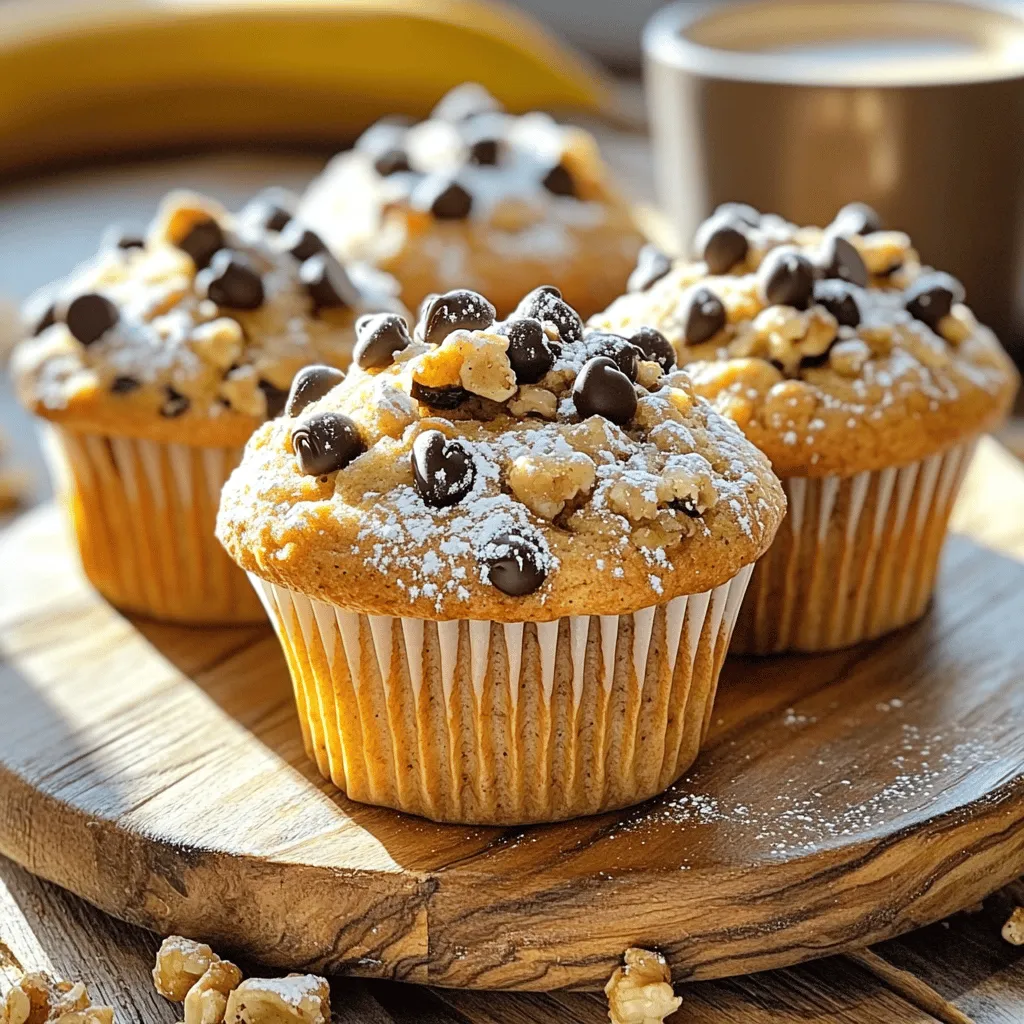 To make Banana Oatmeal Muffins, you need these basic ingredients: - 2 ripe bananas, thoroughly mashed - 1 cup rolled oats - 1/2 cup whole wheat flour - 1/4 cup packed brown sugar - 1/4 cup honey or maple syrup (your choice) - 1/2 teaspoon baking powder - 1/2 teaspoon baking soda - 1/2 teaspoon ground cinnamon - 1/4 teaspoon sea salt - 1/3 cup milk (dairy or non-dairy for a vegan option) - 1 large egg (or a flax egg for a vegan option) - 1/4 cup melted coconut oil or unsalted butter These ingredients work together to create moist and tasty muffins. The bananas add natural sweetness and moisture, while the oats give a hearty texture. You can change up the flavor and texture with these optional ingredients: - 1/2 cup chopped walnuts or pecans - 1/2 cup dark chocolate chips or raisins Adding nuts brings a nice crunch, while chocolate chips or raisins add more sweetness. Feel free to mix and match based on your taste! If you don’t have something on hand, here are some easy swaps: - Use almond flour instead of whole wheat flour for a gluten-free option. - Swap honey for agave syrup if you prefer a vegan option. - Coconut oil can be replaced with vegetable oil or melted butter. For the egg, a flax egg is simple to make. Just mix one tablespoon of ground flaxseed with two and a half tablespoons of water. Let it sit for five minutes to thicken. These substitutions help you tailor the recipe to your needs while keeping the muffins delicious. For the full recipe, check out the details above. To make the batter, start by preheating your oven to 350°F (175°C). Prepare your muffin tin by lining it with muffin liners or greasing each cup lightly. In a large bowl, mash the ripe bananas well. Then, add the honey or maple syrup, along with the melted coconut oil or butter. Mix these ingredients smoothly. In another bowl, whisk together the rolled oats, whole wheat flour, baking powder, baking soda, ground cinnamon, and sea salt. This will ensure your dry ingredients are evenly mixed. Pour the dry mix into the banana bowl and fold gently. Avoid over-mixing to keep the muffins light. Next, add the milk and egg, folding them in softly. If you like, add nuts or chocolate chips now. Now it’s time to fill your muffin cups! Use a scoop or spoon to fill each cup about two-thirds full. This gives the muffins room to rise while baking. Place the muffin tin in the oven and bake for 18 to 20 minutes. To check if they are done, insert a toothpick in the center of a muffin. If it comes out clean or with a few moist crumbs, your muffins are ready! Once baked, let the muffins cool in the tin for 5 minutes. Then, move them to a wire rack to cool completely. For serving, present the muffins warm on a nice platter. You can sprinkle powdered sugar on top for an elegant touch. A drizzle of honey adds extra sweetness. These muffins go great with coffee or tea, making them perfect for breakfast or a snack. Enjoy your delicious banana oatmeal muffins! For the full recipe, check out the earlier section. To get the best texture for your banana oatmeal muffins, avoid over-mixing. When you mix the wet and dry ingredients, do it gently. Stir just until you see no dry flour. This keeps the muffins soft and fluffy. If you want a little crunch, add nuts. They add great texture without making the muffins dense. One common mistake is using unripe bananas. Ripe bananas add natural sweetness and moisture. Look for bananas with brown spots; they are perfect for baking. Another mistake is filling the muffin cups too full. Always fill them about two-thirds full. This gives the muffins space to rise without spilling over. Spices can make a big difference in flavor. Ground cinnamon is a great choice; it pairs well with bananas. You can also add a pinch of nutmeg for warmth. If you like a bit of heat, try a dash of ginger. These spices will make your muffins taste amazing. For a fun twist, toss in some vanilla extract. It adds a sweet aroma that makes the muffins more inviting. For the full recipe, you can check the details above. {{image_4}} For a delightful crunch, add nuts to your muffins. I love using chopped walnuts or pecans. These nuts not only add flavor but also boost the nutrition. You can mix in about 1/2 cup of your favorite nuts into the batter. Just fold them in gently before baking. This small change makes a big difference in texture and taste. If you crave a sweeter muffin, chocolate chips or raisins are perfect. Both options add a nice burst of sweetness. Use about 1/2 cup of either. I often blend chocolate chips into the batter for a rich flavor. Raisins work well too, giving a chewy texture. Just remember to adjust the sweetness if you add these goodies. For a vegan twist, swap the egg with a flax egg. To make a flax egg, mix one tablespoon of ground flaxseed with three tablespoons of water. Let it sit for a few minutes to thicken. For milk, use any non-dairy option like almond or oat milk. These simple swaps keep the muffins tasty and plant-based. You still enjoy the same great flavors with these adjustments. For the full recipe, check out the details above. To keep your banana oatmeal muffins fresh, store them in an airtight container. This helps keep moisture in and prevents drying. Place a piece of parchment paper between layers if you stack them. This keeps them from sticking together. You can also wrap each muffin in plastic wrap for extra protection. Freezing muffins is a great way to save them for later. To freeze, wrap each muffin tightly in plastic wrap, then place them in a freezer bag. They can last up to three months in the freezer. When you want to enjoy one, take it out and let it thaw at room temperature. You can also reheat them in the microwave for about 20-30 seconds for a warm treat. Banana oatmeal muffins stay fresh for about 3 to 5 days at room temperature. Keep them in a cool, dry place, away from sunlight. If they start to feel dry or hard, they may be past their best. Check for any signs of mold. If you see any, it’s best to discard them. Enjoy the freshness while they last! To make banana oatmeal muffins moist, use ripe bananas. They add natural sweetness and moisture. You can also add a bit of milk to the batter. Coconut oil or butter keeps them soft, too. Avoid over-mixing the batter. This can make the muffins dense. Instead, mix until just combined. Finally, let them cool in the pan for a few minutes. This helps keep moisture in. Yes, you can substitute several ingredients in this recipe. If you don't have whole wheat flour, use all-purpose flour instead. Honey works well, but you can use maple syrup for a vegan option. For the egg, try a flax egg. Just mix 1 tablespoon of flaxseed meal with 2.5 tablespoons of water and let it sit for a few minutes. If you want nuts, skip them if you're allergic. You can replace them with more chocolate chips or raisins. Banana oatmeal muffins taste great with various sides. Serve them warm with butter or cream cheese. A drizzle of honey adds a sweet touch. They pair well with fresh fruit like berries or banana slices. For drinks, enjoy them with coffee or tea. You can also serve muffins as a snack or breakfast treat. They are perfect for any time of day! You can easily modify this recipe to fit dietary needs. For gluten-free muffins, use gluten-free oats and flour. If you're vegan, swap the egg for a flax egg and use plant-based milk. Avoid honey and choose maple syrup instead. For nut allergies, simply skip nuts and chocolate chips. Adjust sweetness according to taste. This way, everyone can enjoy these yummy muffins! For the full recipe, check out the details above. In this blog post, we explored key ingredients for banana oatmeal muffins. I shared ways to modify the recipe, including substitutions and optional items. We went through step-by-step baking instructions for perfect muffins. You learned tips to avoid common mistakes and enhance flavor. I also outlined storage best practices to keep your muffins fresh. With these insights, you'll create tasty muffins every time. Enjoy your baking adventures!