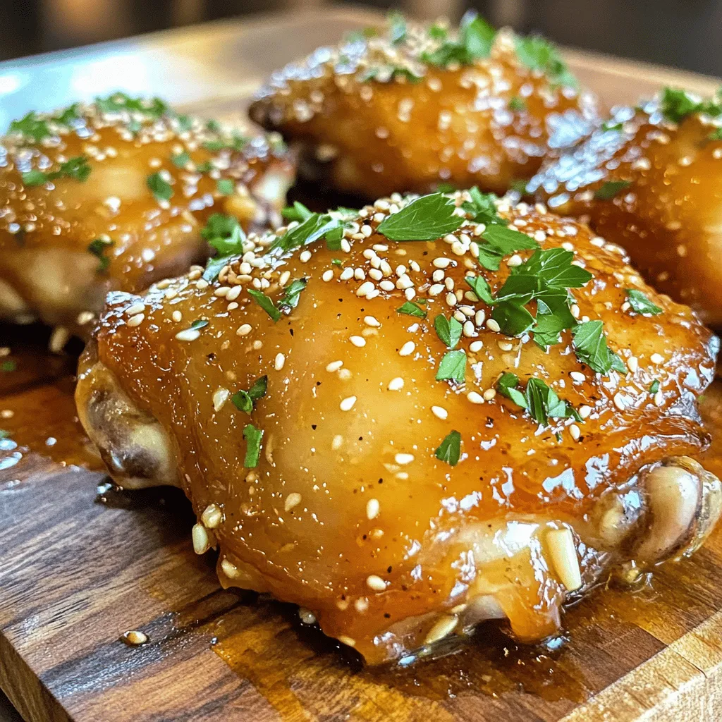 - 4 bone-in, skin-on chicken thighs - 1/2 cup honey - 4 cloves garlic, minced - 2 tablespoons low-sodium soy sauce - 1 tablespoon apple cider vinegar - 1 teaspoon freshly grated ginger - Salt and pepper, to taste - 2 tablespoons sesame oil - Fresh parsley, chopped (for garnish) - Toasted sesame seeds (for garnish) The key to great honey garlic chicken thighs lies in the balance of these ingredients. The chicken thighs, with their skin, are juicy and flavorful. The honey adds sweetness, while the garlic gives depth. Soy sauce brings a rich umami flavor, and the apple cider vinegar adds a nice tang. Ginger gives a slight warmth that brightens the dish. For garnishing, fresh parsley adds color and a refreshing taste. Toasted sesame seeds add a nutty crunch. Each ingredient plays a role in creating a dish that feels fancy yet is easy to make. You can find the full recipe above for all the steps to make this dish shine. To start, I make the marinade. In a bowl, I whisk together honey, minced garlic, soy sauce, apple cider vinegar, grated ginger, salt, and pepper. This mix creates a sweet and savory flavor. Next, I place the chicken thighs in a large resealable bag. I pour the marinade over the chicken, making sure each piece is coated well. After sealing the bag, I refrigerate it for at least one hour. If I want more flavor, I let it marinate for up to four hours. Now, I preheat my oven to 400°F (200°C). I heat sesame oil in a large, oven-safe skillet over medium-high heat. When the oil starts to shimmer, I take the chicken out of the marinade, saving the marinade for later. I carefully place the chicken thighs skin-side down in the hot skillet. I sear the chicken for about five to six minutes until the skin turns golden brown. Once the skin is crispy, I flip the chicken thighs over. I pour the reserved marinade over the top, allowing it to coat the chicken. Then, I transfer the skillet to the preheated oven. I bake the chicken for 25 to 30 minutes, checking that it reaches an internal temperature of 165°F (75°C). If I want an extra caramelized finish, I switch the oven to broil for an additional two to three minutes. I keep a close eye on it to prevent burning. After cooking, I let the chicken rest for five minutes. Before serving, I garnish it with fresh parsley and a sprinkle of toasted sesame seeds. For the full recipe, check out the detailed steps! For the best flavor, marinate your chicken thighs for at least one hour. If you have time, let them soak for four hours. This helps the chicken absorb all the sweet and savory flavors. Use a resealable bag or a glass container. Make sure each thigh gets coated well in the marinade. This ensures they are flavorful and juicy. To get crispy skin on chicken thighs, start by searing them skin-side down in hot sesame oil. This takes about five to six minutes. Watch them closely so they don’t burn. After flipping, pour the reserved marinade on top. Then, bake in a preheated oven at 400°F (200°C) until the internal temperature reaches 165°F (75°C). This guarantees perfect doneness. For sides, pair the chicken with jasmine rice or a fresh green salad. The rice soaks up the sticky sauce, while the salad adds crunch. For presentation, serve the chicken on a large platter. Drizzle extra sauce over the top and garnish with parsley and sesame seeds. This makes your dish look beautiful and appetizing. Check out the Full Recipe for more details on how to make this meal shine! {{image_4}} You can switch up the honey in this recipe. Try using agave syrup or maple syrup. Both will add sweetness, but with a unique twist. You can also change the vinegar. Instead of apple cider vinegar, use rice vinegar or balsamic vinegar for different flavors. To make the dish more exciting, consider adding spices or herbs. A pinch of chili flakes can add heat. Fresh thyme or rosemary can give a nice herbal touch. For a one-pan meal, toss in vegetables like broccoli or bell peppers. They cook well with the chicken and soak up the tasty sauce. If you need a gluten-free option, use tamari instead of soy sauce. This swap keeps the flavor while making it safe for gluten-free diets. For a lower-calorie version, reduce the honey or use less oil. You can also bake the chicken without skin for fewer calories. To keep your honey garlic chicken thighs fresh, refrigerate leftovers. Place the chicken in an airtight container. You can use a glass or plastic container with a tight lid. Make sure to store it within two hours of cooking to avoid bacteria. This dish stays tasty for up to three days in the fridge. When reheating chicken thighs, do it slowly. Use a microwave or an oven for best results. If using the microwave, place the chicken on a microwave-safe plate. Cover it with a damp paper towel to keep it moist. Heat in short bursts, checking often. If using an oven, set it to 350°F (175°C). Bake for about 15-20 minutes or until heated through. This keeps the chicken juicy and flavorful. To freeze cooked chicken, let it cool completely first. Wrap each thigh tightly in plastic wrap, then place them in a freezer bag. Squeeze out as much air as you can before sealing. This helps prevent freezer burn. You can freeze the chicken for up to three months. When ready to eat, thaw it in the fridge overnight. Reheat it as mentioned above for the best taste. The total time to make honey garlic chicken thighs is about 1 hour and 5 minutes. This includes 10 minutes of prep time. You will then need to marinate the chicken for at least 1 hour. Cooking takes about 25 to 30 minutes in the oven. Yes, you can use boneless chicken thighs. They cook faster than bone-in thighs. Reduce the baking time to about 20 minutes. Always check if the chicken is cooked through, reaching 165°F. Honey garlic chicken thighs pair well with many sides. Here are some great options: - Steamed jasmine rice - Crisp green salad - Roasted vegetables - Mashed potatoes - Garlic bread These sides complement the sweet and savory flavors of the chicken. To add heat, mix in some chili flakes or hot sauce to the marinade. You can also add sliced fresh jalapeños or a dash of sriracha. Adjust the amount to suit your taste. Spiciness can enhance the flavor of the sweet honey sauce. Yes, honey garlic chicken is great for meal prep. It stores well in the fridge for 3 to 4 days. You can also freeze it for up to 3 months. Just reheat it gently, and it will be delicious again. This makes it a smart choice for quick weeknight meals. For the full recipe, check out the cooking instructions above. This recipe for honey garlic chicken thighs combines simple ingredients for a tasty dish. Marinate the chicken for deep flavor, cook it to golden perfection, and enjoy it with great sides. Remember, you can adapt this recipe to fit your needs and preferences. Whether you prefer different sweeteners or additional spices, the sky is the limit. Store leftovers well and enjoy them later. This dish is great for meal prep and sure to please!