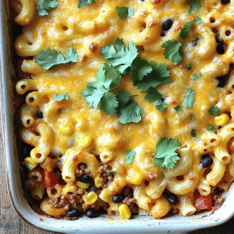 To make a tasty Cheesy Taco Pasta Bake, gather these simple ingredients: - 8 oz elbow macaroni - 1 lb ground beef or ground turkey - 1 packet taco seasoning (about 1 ounce) - 1 cup diced tomatoes (canned or fresh) - 1 can black beans, rinsed and drained (15 oz) - 1 cup corn (fresh, frozen, or canned) - 2 cups shredded cheddar cheese (divided) - 1 cup diced onion (about 1 medium onion) - 2 cloves garlic, minced - 1 tablespoon olive oil - 1 cup sour cream - 1/2 cup chopped fresh cilantro (optional) - Salt and pepper to taste These ingredients come together to create a dish full of flavor. The elbow macaroni gives it a nice base. The ground meat adds protein, while the taco seasoning brings a punch of taste. You can choose beef or turkey based on your preference. The black beans and corn add texture and nutrition. I love using fresh tomatoes when they are in season. They give a bright taste. The cheddar cheese melts perfectly, making it gooey and delicious. Don't forget the sour cream! It adds creaminess and balances the spices. Feel free to adjust the ingredients based on what you have at home. You can mix in different veggies or use other types of cheese. This recipe is flexible, making it easy to customize for your family’s taste. For the full recipe, check out the instructions to bring this dish to life! - Preheat the oven to 350°F (175°C). - Cook the elbow macaroni according to package instructions. - Sauté onion and garlic in olive oil. First, I start by preheating the oven. This helps the dish cook evenly. As the oven heats, I boil salted water for the elbow macaroni. I cook it until it's al dente, meaning it still has a slight bite. After draining, I set the pasta aside. Next, I heat olive oil in a large skillet over medium heat. I add diced onion and sauté it for about 3-4 minutes. The onion will turn soft and fragrant. Then I toss in minced garlic and let it cook for another minute. This brings out a wonderful aroma. - Brown the ground beef or turkey. - Combine taco seasoning, tomatoes, black beans, and corn. - Mix in sour cream and cheddar cheese with macaroni. After the onion and garlic, I add ground beef or turkey to the skillet. I break the meat apart as it cooks. Once it’s brown and no pink remains, I drain any extra fat. Now, I stir in taco seasoning, diced tomatoes, black beans, and corn. I let this cook for about 3-5 minutes. The mix should heat through. I taste it and add salt and pepper if needed. Next, I combine this mixture with the cooked macaroni in a large bowl. I mix in sour cream and one cup of shredded cheddar cheese. This makes the dish creamy and cheesy. - Transfer mixture to a greased baking dish. - Bake for 25-30 minutes until cheese is melted and bubbly. - Cool before serving and garnish as desired. I pour the macaroni and meat mixture into a greased 9x13 inch baking dish. I spread it evenly, then sprinkle the remaining cheddar cheese on top. I place the dish in the oven. I set a timer for 25-30 minutes. I know it’s done when the cheese is melted, bubbly, and slightly golden. After removing it from the oven, I let it cool for a few minutes. Before serving, I like to add fresh cilantro on top for a burst of flavor. For the full recipe, check out the details in the other sections. - Ensure the pasta is cooked al dente for the best texture. This keeps it firm and helps hold the sauce. - Drain excess fat from meat for a lighter dish. This step makes your meal healthier and less greasy. - Serve with extra sour cream and salsa on the side. These toppings add coolness and spice to your dish. - Garnish with chopped cilantro for added freshness. This brightens the flavors and makes the dish pretty. - Experiment with different types of cheese for variation. Try pepper jack for heat or mozzarella for creaminess. - Add jalapeños for heat or bell peppers for added crunch. This gives your pasta bake an exciting twist. {{image_4}} You can switch up the meat in this dish. Ground chicken or turkey works great. Both have a lighter taste. If you want a meatless option, try lentils or mushrooms. They add texture and soak up all the flavors. Cheese lovers can try different cheeses. Mozzarella or pepper jack cheese adds a nice twist. If you need a healthier option, swap sour cream for Greek yogurt. It gives a creamy taste with less fat and more protein. Want to add more veggies? Bell peppers or spinach are perfect choices. They bring color and nutrients. You can also mix in olives or avocado for a fun flavor twist. These additions make the dish even more exciting and help balance out the cheesy goodness. Store leftovers in an airtight container in the fridge for up to 3-4 days. This way, you can enjoy the Cheesy Taco Pasta Bake again. Just make sure to let it cool before sealing it up. Keeping it airtight helps keep the flavors fresh and the texture nice. To freeze the Cheesy Taco Pasta Bake, let it cool completely first. Then, place it in a freezer-safe container or wrap it tightly with foil. It will stay good for about 2-3 months in the freezer. When you're ready to eat it, just thaw it in the fridge overnight before reheating. The best methods for reheating this dish are in the oven or the microwave. For the oven, place it in a preheated oven at 350°F (175°C) for about 20 minutes. Cover it with foil to keep it moist. If using a microwave, heat it in short bursts, stirring in between, until it's hot throughout. This helps keep the flavors and texture just right. You can replace ground beef with ground turkey. It has less fat and is lighter. You can also try plant-based proteins. Options like lentils or meat substitutes work well. This keeps the dish tasty and healthy. Yes, you can prep this dish before you cook it. Assemble the pasta bake and cover it. Store it in the fridge for up to two days. You can also freeze it for longer storage. Just remember to thaw it before baking. Look for golden, bubbly cheese on top. You want it to be smooth and gooey. A light browning is a great sign. If you see this, it is ready to come out of the oven. Yes, it works great for meal prep! You can portion it into containers. This makes it easy to grab a meal. Reheat in the microwave or oven until hot. It tastes just as good the next day! This blog post shared a tasty Cheesy Taco Pasta Bake recipe. It covered ingredients, cooking steps, and helpful tips. You’ll delight in this dish's flavor and ease, whether you like meat or prefer veggies. Feel free to adjust the recipe to match your taste. Use different cheeses or add fresh veggies. Remember, leftovers store well and can be reheated easily. Enjoy creating this meal, and let it bring smiles to your table!