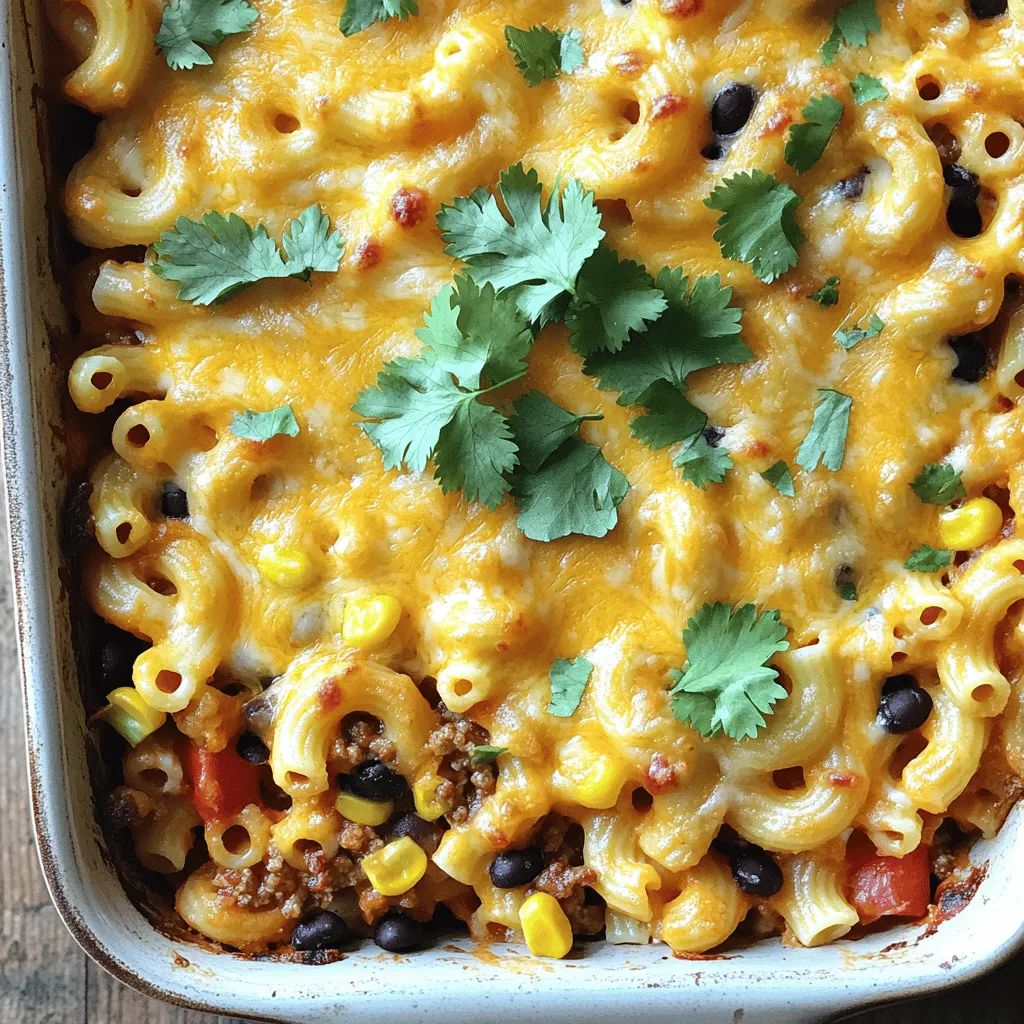 To make a tasty Cheesy Taco Pasta Bake, gather these simple ingredients: - 8 oz elbow macaroni - 1 lb ground beef or ground turkey - 1 packet taco seasoning (about 1 ounce) - 1 cup diced tomatoes (canned or fresh) - 1 can black beans, rinsed and drained (15 oz) - 1 cup corn (fresh, frozen, or canned) - 2 cups shredded cheddar cheese (divided) - 1 cup diced onion (about 1 medium onion) - 2 cloves garlic, minced - 1 tablespoon olive oil - 1 cup sour cream - 1/2 cup chopped fresh cilantro (optional) - Salt and pepper to taste These ingredients come together to create a dish full of flavor. The elbow macaroni gives it a nice base. The ground meat adds protein, while the taco seasoning brings a punch of taste. You can choose beef or turkey based on your preference. The black beans and corn add texture and nutrition. I love using fresh tomatoes when they are in season. They give a bright taste. The cheddar cheese melts perfectly, making it gooey and delicious. Don't forget the sour cream! It adds creaminess and balances the spices. Feel free to adjust the ingredients based on what you have at home. You can mix in different veggies or use other types of cheese. This recipe is flexible, making it easy to customize for your family’s taste. For the full recipe, check out the instructions to bring this dish to life! - Preheat the oven to 350°F (175°C). - Cook the elbow macaroni according to package instructions. - Sauté onion and garlic in olive oil. First, I start by preheating the oven. This helps the dish cook evenly. As the oven heats, I boil salted water for the elbow macaroni. I cook it until it's al dente, meaning it still has a slight bite. After draining, I set the pasta aside. Next, I heat olive oil in a large skillet over medium heat. I add diced onion and sauté it for about 3-4 minutes. The onion will turn soft and fragrant. Then I toss in minced garlic and let it cook for another minute. This brings out a wonderful aroma. - Brown the ground beef or turkey. - Combine taco seasoning, tomatoes, black beans, and corn. - Mix in sour cream and cheddar cheese with macaroni. After the onion and garlic, I add ground beef or turkey to the skillet. I break the meat apart as it cooks. Once it’s brown and no pink remains, I drain any extra fat. Now, I stir in taco seasoning, diced tomatoes, black beans, and corn. I let this cook for about 3-5 minutes. The mix should heat through. I taste it and add salt and pepper if needed. Next, I combine this mixture with the cooked macaroni in a large bowl. I mix in sour cream and one cup of shredded cheddar cheese. This makes the dish creamy and cheesy. - Transfer mixture to a greased baking dish. - Bake for 25-30 minutes until cheese is melted and bubbly. - Cool before serving and garnish as desired. I pour the macaroni and meat mixture into a greased 9x13 inch baking dish. I spread it evenly, then sprinkle the remaining cheddar cheese on top. I place the dish in the oven. I set a timer for 25-30 minutes. I know it’s done when the cheese is melted, bubbly, and slightly golden. After removing it from the oven, I let it cool for a few minutes. Before serving, I like to add fresh cilantro on top for a burst of flavor. For the full recipe, check out the details in the other sections. - Ensure the pasta is cooked al dente for the best texture. This keeps it firm and helps hold the sauce. - Drain excess fat from meat for a lighter dish. This step makes your meal healthier and less greasy. - Serve with extra sour cream and salsa on the side. These toppings add coolness and spice to your dish. - Garnish with chopped cilantro for added freshness. This brightens the flavors and makes the dish pretty. - Experiment with different types of cheese for variation. Try pepper jack for heat or mozzarella for creaminess. - Add jalapeños for heat or bell peppers for added crunch. This gives your pasta bake an exciting twist. {{image_4}} You can switch up the meat in this dish. Ground chicken or turkey works great. Both have a lighter taste. If you want a meatless option, try lentils or mushrooms. They add texture and soak up all the flavors. Cheese lovers can try different cheeses. Mozzarella or pepper jack cheese adds a nice twist. If you need a healthier option, swap sour cream for Greek yogurt. It gives a creamy taste with less fat and more protein. Want to add more veggies? Bell peppers or spinach are perfect choices. They bring color and nutrients. You can also mix in olives or avocado for a fun flavor twist. These additions make the dish even more exciting and help balance out the cheesy goodness. Store leftovers in an airtight container in the fridge for up to 3-4 days. This way, you can enjoy the Cheesy Taco Pasta Bake again. Just make sure to let it cool before sealing it up. Keeping it airtight helps keep the flavors fresh and the texture nice. To freeze the Cheesy Taco Pasta Bake, let it cool completely first. Then, place it in a freezer-safe container or wrap it tightly with foil. It will stay good for about 2-3 months in the freezer. When you're ready to eat it, just thaw it in the fridge overnight before reheating. The best methods for reheating this dish are in the oven or the microwave. For the oven, place it in a preheated oven at 350°F (175°C) for about 20 minutes. Cover it with foil to keep it moist. If using a microwave, heat it in short bursts, stirring in between, until it's hot throughout. This helps keep the flavors and texture just right. You can replace ground beef with ground turkey. It has less fat and is lighter. You can also try plant-based proteins. Options like lentils or meat substitutes work well. This keeps the dish tasty and healthy. Yes, you can prep this dish before you cook it. Assemble the pasta bake and cover it. Store it in the fridge for up to two days. You can also freeze it for longer storage. Just remember to thaw it before baking. Look for golden, bubbly cheese on top. You want it to be smooth and gooey. A light browning is a great sign. If you see this, it is ready to come out of the oven. Yes, it works great for meal prep! You can portion it into containers. This makes it easy to grab a meal. Reheat in the microwave or oven until hot. It tastes just as good the next day! This blog post shared a tasty Cheesy Taco Pasta Bake recipe. It covered ingredients, cooking steps, and helpful tips. You’ll delight in this dish's flavor and ease, whether you like meat or prefer veggies. Feel free to adjust the recipe to match your taste. Use different cheeses or add fresh veggies. Remember, leftovers store well and can be reheated easily. Enjoy creating this meal, and let it bring smiles to your table!