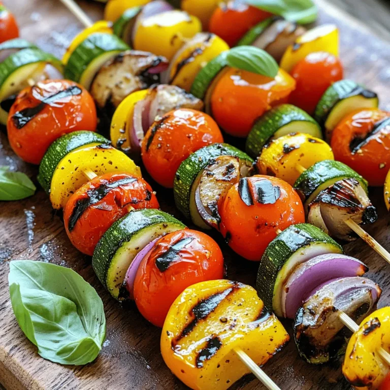 - Zucchini - Bell pepper - Red onion - Cherry tomatoes - Mushrooms When choosing vegetables, pick ones that you enjoy. Zucchini adds a nice crunch. Bell peppers bring sweetness, while red onion offers a bit of bite. Cherry tomatoes burst with flavor, and mushrooms give a lovely earthy taste. - Olive oil - Balsamic vinegar - Garlic powder - Dried oregano - Salt - Black pepper This marinade is the magic. Olive oil keeps the vegetables moist. Balsamic vinegar adds a tangy touch. Garlic powder and dried oregano give a burst of flavor. Salt and black pepper enhance everything. - Wooden or metal skewers - Fresh basil for garnish Do you use wooden skewers? Soak them in water for 30 minutes. This helps prevent burning on the grill. Fresh basil adds a pop of color and aroma. It makes your skewers look even more inviting. For the full recipe, follow the steps carefully to create a beautiful dish that everyone will love. If you use wooden skewers, soak them in water for at least 30 minutes. This step helps keep them from burning. It’s a simple trick that makes a big difference. In a large mixing bowl, combine your zucchini, bell pepper, red onion, cherry tomatoes, and mushrooms. This mix brings color and flavor. In another bowl, whisk olive oil, balsamic vinegar, garlic powder, dried oregano, salt, and black pepper. This will be your marinade. Drizzle it over the veggies and toss gently. Let them sit for 15-20 minutes to soak up the flavors. Preheat your grill to medium-high heat. Carefully thread the marinated vegetables onto the soaked skewers. Aim for a colorful display. Place the skewers on the grill and cook for 10-12 minutes. Turn them occasionally for even cooking. You want tender veggies with nice grill marks. Once done, let them cool for a few minutes. Garnish with fresh basil before serving. This step-by-step guide ensures your grilled vegetable skewers are a tasty and colorful delight. For the complete recipe, check the Full Recipe link. To grill vegetables well, set your grill to medium-high heat. This keeps the veggies tender without burning. Make sure to preheat the grill before adding skewers. A hot grill gives nice grill marks and helps cook evenly. Keep an eye on the heat. If it gets too hot, lower it to avoid charred pieces. Choose a mix of colorful vegetables for your skewers. Zucchini, bell peppers, and red onions work great. They cook evenly and add a nice crunch. Cherry tomatoes and mushrooms add flavor and texture. Cut all pieces to a similar size. This ensures even cooking, so you don’t have some veggies overcooked while others are underdone. To add flavor, use herbs and spices in your marinade. I love adding garlic powder and dried oregano for a fresh taste. You can also try adding fresh herbs like thyme or rosemary. For a kick, sprinkle some chili flakes. This will give your skewers a nice flavor boost that everyone will love. For the full recipe, check out the vibrant grilled vegetable skewers. {{image_4}} You can change up the veggies for your skewers. Try broccoli, asparagus, or eggplant. Seasonal vegetables add variety and flavor. Use what’s fresh to make your dish unique. Mixing different colors makes your skewers pop. Don’t be afraid to experiment and find what you love most. For a new taste, change the marinade. An Asian-inspired mix of soy sauce, ginger, and sesame oil gives a bold flavor. Mediterranean herbs like thyme and rosemary bring fresh, fragrant notes. If you like spice, add chili flakes or hot sauce to your marinade. Each option transforms your skewers into a different dish, exciting your taste buds. Serving your skewers with dips adds fun. Try hummus, tzatziki, or a spicy salsa. These dips enhance flavors and make your meal more enjoyable. Arrange the skewers on a nice platter for guests. Drizzle with extra balsamic glaze for a tasty touch. Fresh basil on top makes it look beautiful. For the full recipe, check out the vibrant grilled vegetable skewers recipe. To keep leftover skewers fresh, let them cool first. Place them in an airtight container. This helps prevent moisture loss and keeps flavors intact. You can store them in the fridge for up to three days. If you want to save space, wrap each skewer in plastic wrap before placing them in the container. This extra layer helps keep them fresh longer. When reheating skewers, aim to keep their great texture. The best way is to use your grill or an oven. Heat your grill to low and place the skewers on it for about 5 minutes. This warms them up without making them soggy. If you use an oven, preheat it to 350°F (175°C). Place the skewers on a baking sheet and heat for about 10 minutes. Either method revives the flavors. You can freeze grilled vegetable skewers to enjoy later. Start by letting them cool completely. Wrap each skewer in foil or plastic wrap tightly. Place them in a freezer-safe bag or container. They stay good for about three months. When you’re ready to eat, thaw them in the fridge overnight. Then, reheat them using the methods above for the best taste. To keep your vegetable skewers from burning, soak wooden skewers in water for at least 30 minutes. This step is key. It prevents the skewers from catching fire on the grill. If you use metal skewers, you can skip this part. Also, control your grill’s temperature. Aim for medium-high heat. Cooking at this temperature helps cook the veggies evenly without burning them. You can use frozen vegetables for skewers, but there are pros and cons. Frozen veggies are convenient and often cheaper. They are picked at peak freshness, so they can taste good. However, frozen vegetables can be soggy when thawed. They may not have the same crunch as fresh ones. If you decide to use frozen, let them thaw and pat them dry. This helps remove excess moisture. Grilled vegetable skewers pair well with many sides. Some great options include: - Quinoa salad - Couscous with herbs - Hummus for dipping - Tzatziki sauce - Pita bread or flatbread These sides add flavor and texture to your meal. You can mix and match to find your favorite combinations. Check out the full recipe for vibrant grilled vegetable skewers [here](#). In this post, we covered how to make delicious vegetable skewers. We listed key ingredients like fresh veggies and marinades. The step-by-step guide showed you how to prepare, grill, and enhance flavors. We also discussed variations and storage tips for leftovers. Grilled vegetable skewers are tasty, fun, and easy to make. Try experimenting with different flavors and enjoy your meals! Happy grilling!