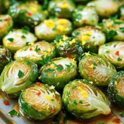 - 1 lb Brussels sprouts, trimmed and halved - 3 tablespoons extra virgin olive oil - 4 cloves garlic, finely minced - Zest and juice of 1 fresh lemon - 1/2 teaspoon red pepper flakes - 2 tablespoons freshly grated Parmesan cheese - Fresh parsley, chopped - Sea salt - Freshly ground black pepper The main ingredients are simple yet powerful. Brussels sprouts stand out with their nutty flavor. Olive oil adds richness and helps with roasting. Garlic gives a bold kick. Lemon zest and juice brighten every bite, making them fresh and tasty. You can add red pepper flakes for a spicy twist. Parmesan cheese makes the dish richer and creamier. Fresh parsley not only adds color but also a fresh taste. When seasoning, use sea salt and black pepper to enhance all the flavors. The right amount of salt brings out the best in your ingredients. Before you start cooking, gather all your ingredients. This will keep things smooth and quick as you prepare your Lemon Garlic Roasted Brussels Sprouts. For the full recipe, check out the details above. - Preheat the oven to 400°F (200°C). - In a large bowl, mix the halved Brussels sprouts with: - 3 tablespoons extra virgin olive oil - 4 cloves garlic, finely minced - Zest and juice of 1 fresh lemon - Sea salt and freshly ground black pepper to taste Toss the Brussels sprouts until they are well-coated. This mix gives them great flavor. - Line a baking sheet with parchment paper. - Spread the Brussels sprouts mixture evenly on the sheet. - Roast for 25 to 30 minutes. Stir them halfway through for even cooking. This step makes them crispy outside and tender inside. - If you're using Parmesan cheese, sprinkle it over the Brussels sprouts in the last 5 minutes of roasting. This adds a rich flavor. - When done, remove them from the oven. Garnish with freshly chopped parsley before serving. These simple steps will help you create a dish that shines on your table. For the full detailed instructions, check out the Full Recipe. To get your Brussels sprouts crispy, start with a hot oven. Preheat it to 400°F (200°C). This heat helps achieve a nice golden color. Next, make sure to space the sprouts on the baking sheet. If they touch, they will steam instead of roast. For best results, use a parchment-lined sheet. This keeps them from sticking and makes cleanup easy. Want to mix up the flavors? Add some herbs like thyme or rosemary. These herbs bring a fresh taste to your dish. If you prefer spices, try adding smoked paprika or cumin. When it comes to garlic, fresh is always best. Use fresh cloves for a stronger flavor. Dried garlic can work, but it won't pack the same punch. These roasted Brussels sprouts pair well with many dishes. Serve them alongside grilled chicken or fish for a complete meal. They also work great with pasta or quinoa. For a beautiful presentation, use a nice serving dish. Drizzle some extra lemon juice over the top for a fresh look. A sprinkle of Parmesan cheese adds richness and makes it pop! For the full recipe, check out [Full Recipe]. {{image_4}} For a vegan twist, simply leave out the Parmesan cheese. You can replace it with nutritional yeast for a cheesy flavor. Use plant-based oil if you want to avoid animal products. This keeps the dish light yet full of zest. If you like heat, add more red pepper flakes. You can also try a pinch of cayenne pepper for a deeper kick. Mix in some smoked paprika for a smoky flavor. This spicy version will excite your taste buds and add some fun to the dish. To make this dish healthier, reduce the oil. You can use a spray bottle with olive oil for even less. This method helps to cut down on fat while keeping the sprouts crispy. You can also roast them without oil for a truly light option. To keep leftover Brussels sprouts fresh, store them in an airtight container. This helps lock in moisture and flavor. Place them in the fridge within two hours of cooking. They should stay good for up to three days. When you want to eat them again, check for any signs of spoilage. If they look slimy or have an off smell, toss them out. When reheating Brussels sprouts, aim to keep them crispy. The best way is to use an oven or an air fryer. Preheat your oven to 350°F (175°C). Spread the Brussels sprouts on a baking sheet and heat for about 10-15 minutes. If using an air fryer, set it to 350°F (175°C) and cook for about 5-7 minutes. Avoid using the microwave, as it can make them soggy. If you want to freeze Brussels sprouts, start with fresh ones. First, wash and trim them. Blanch them in boiling water for three minutes. Then, quickly place them in ice water to stop the cooking. Drain and spread them on a baking sheet. Freeze them for about two hours. Once frozen, transfer them to a freezer-safe bag. They can last up to six months in the freezer. When ready to use, thaw them overnight in the fridge before cooking. Yes, you can prepare the Brussels sprouts ahead. Toss them with oil, garlic, and lemon. Store in the fridge for a day. When ready, roast them fresh. This keeps the flavor bright. You can use green beans or broccoli instead. They roast well and have a great texture. Cauliflower also works nicely. Simply follow the same steps as the recipe. Brussels sprouts are done when they are golden brown and crispy outside. Use a fork to check if they are tender inside. They should not be mushy. Yes, you can use frozen Brussels sprouts. Thaw them first and pat dry to remove excess moisture. This helps them crisp up nicely while roasting. These sprouts pair well with roasted chicken or salmon. They also go nicely with grain bowls or pasta dishes. Serve with a fresh salad for a complete meal. For the full recipe, check out the detailed instructions. In this blog post, we explored a tasty way to prepare Brussels sprouts. We went over the main ingredients like olive oil and garlic, plus optional items that can enhance the dish. You learned step-by-step instructions for roasting and tips to boost flavor. We also discussed variations to suit your taste and storage methods for leftovers. Brussels sprouts are delicious and easy to make. Trying these tips will help you enjoy them even more. Embrace this recipe and share your results!