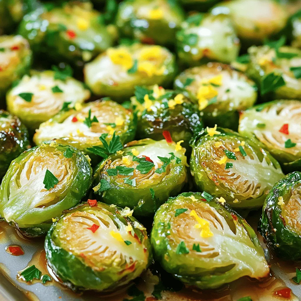 - 1 lb Brussels sprouts, trimmed and halved - 3 tablespoons extra virgin olive oil - 4 cloves garlic, finely minced - Zest and juice of 1 fresh lemon - 1/2 teaspoon red pepper flakes - 2 tablespoons freshly grated Parmesan cheese - Fresh parsley, chopped - Sea salt - Freshly ground black pepper The main ingredients are simple yet powerful. Brussels sprouts stand out with their nutty flavor. Olive oil adds richness and helps with roasting. Garlic gives a bold kick. Lemon zest and juice brighten every bite, making them fresh and tasty. You can add red pepper flakes for a spicy twist. Parmesan cheese makes the dish richer and creamier. Fresh parsley not only adds color but also a fresh taste. When seasoning, use sea salt and black pepper to enhance all the flavors. The right amount of salt brings out the best in your ingredients. Before you start cooking, gather all your ingredients. This will keep things smooth and quick as you prepare your Lemon Garlic Roasted Brussels Sprouts. For the full recipe, check out the details above. - Preheat the oven to 400°F (200°C). - In a large bowl, mix the halved Brussels sprouts with: - 3 tablespoons extra virgin olive oil - 4 cloves garlic, finely minced - Zest and juice of 1 fresh lemon - Sea salt and freshly ground black pepper to taste Toss the Brussels sprouts until they are well-coated. This mix gives them great flavor. - Line a baking sheet with parchment paper. - Spread the Brussels sprouts mixture evenly on the sheet. - Roast for 25 to 30 minutes. Stir them halfway through for even cooking. This step makes them crispy outside and tender inside. - If you're using Parmesan cheese, sprinkle it over the Brussels sprouts in the last 5 minutes of roasting. This adds a rich flavor. - When done, remove them from the oven. Garnish with freshly chopped parsley before serving. These simple steps will help you create a dish that shines on your table. For the full detailed instructions, check out the Full Recipe. To get your Brussels sprouts crispy, start with a hot oven. Preheat it to 400°F (200°C). This heat helps achieve a nice golden color. Next, make sure to space the sprouts on the baking sheet. If they touch, they will steam instead of roast. For best results, use a parchment-lined sheet. This keeps them from sticking and makes cleanup easy. Want to mix up the flavors? Add some herbs like thyme or rosemary. These herbs bring a fresh taste to your dish. If you prefer spices, try adding smoked paprika or cumin. When it comes to garlic, fresh is always best. Use fresh cloves for a stronger flavor. Dried garlic can work, but it won't pack the same punch. These roasted Brussels sprouts pair well with many dishes. Serve them alongside grilled chicken or fish for a complete meal. They also work great with pasta or quinoa. For a beautiful presentation, use a nice serving dish. Drizzle some extra lemon juice over the top for a fresh look. A sprinkle of Parmesan cheese adds richness and makes it pop! For the full recipe, check out [Full Recipe]. {{image_4}} For a vegan twist, simply leave out the Parmesan cheese. You can replace it with nutritional yeast for a cheesy flavor. Use plant-based oil if you want to avoid animal products. This keeps the dish light yet full of zest. If you like heat, add more red pepper flakes. You can also try a pinch of cayenne pepper for a deeper kick. Mix in some smoked paprika for a smoky flavor. This spicy version will excite your taste buds and add some fun to the dish. To make this dish healthier, reduce the oil. You can use a spray bottle with olive oil for even less. This method helps to cut down on fat while keeping the sprouts crispy. You can also roast them without oil for a truly light option. To keep leftover Brussels sprouts fresh, store them in an airtight container. This helps lock in moisture and flavor. Place them in the fridge within two hours of cooking. They should stay good for up to three days. When you want to eat them again, check for any signs of spoilage. If they look slimy or have an off smell, toss them out. When reheating Brussels sprouts, aim to keep them crispy. The best way is to use an oven or an air fryer. Preheat your oven to 350°F (175°C). Spread the Brussels sprouts on a baking sheet and heat for about 10-15 minutes. If using an air fryer, set it to 350°F (175°C) and cook for about 5-7 minutes. Avoid using the microwave, as it can make them soggy. If you want to freeze Brussels sprouts, start with fresh ones. First, wash and trim them. Blanch them in boiling water for three minutes. Then, quickly place them in ice water to stop the cooking. Drain and spread them on a baking sheet. Freeze them for about two hours. Once frozen, transfer them to a freezer-safe bag. They can last up to six months in the freezer. When ready to use, thaw them overnight in the fridge before cooking. Yes, you can prepare the Brussels sprouts ahead. Toss them with oil, garlic, and lemon. Store in the fridge for a day. When ready, roast them fresh. This keeps the flavor bright. You can use green beans or broccoli instead. They roast well and have a great texture. Cauliflower also works nicely. Simply follow the same steps as the recipe. Brussels sprouts are done when they are golden brown and crispy outside. Use a fork to check if they are tender inside. They should not be mushy. Yes, you can use frozen Brussels sprouts. Thaw them first and pat dry to remove excess moisture. This helps them crisp up nicely while roasting. These sprouts pair well with roasted chicken or salmon. They also go nicely with grain bowls or pasta dishes. Serve with a fresh salad for a complete meal. For the full recipe, check out the detailed instructions. In this blog post, we explored a tasty way to prepare Brussels sprouts. We went over the main ingredients like olive oil and garlic, plus optional items that can enhance the dish. You learned step-by-step instructions for roasting and tips to boost flavor. We also discussed variations to suit your taste and storage methods for leftovers. Brussels sprouts are delicious and easy to make. Trying these tips will help you enjoy them even more. Embrace this recipe and share your results!