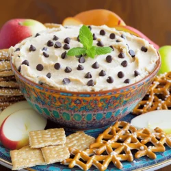 To make a delightful Chocolate Chip Cookie Dough Dip, you need some key ingredients. Here’s what you’ll need: - 1 cup cream cheese, softened to room temperature - 1/2 cup unsalted butter, softened - 3/4 cup packed brown sugar - 1/4 cup granulated sugar - 1 teaspoon pure vanilla extract - 1 cup all-purpose flour (heat-treated for safety) - 1/2 cup mini chocolate chips These ingredients create a creamy and sweet dip that tastes like cookie dough. The butter and cream cheese blend together for a smooth base. The sugars add sweetness, while the flour gives it that cookie dough feel. You can also enhance your dip with these optional ingredients: - 1/4 cup chopped pecans or walnuts Adding nuts gives a nice crunch and adds a layer of flavor. If you prefer a nut-free version, you can skip this step. Now, let's talk about what to dip in this tasty mix. Here are some great options: - Graham crackers - Apple slices - Pretzels - Mini cookies Each of these dippers adds a unique taste and texture. Graham crackers provide sweetness, while apple slices add freshness. Pretzels offer a salty crunch, and mini cookies make it even more fun! For the full recipe, check out the detailed instructions. You'll have a fantastic treat ready to share! Start with a medium mixing bowl. Add 1 cup of softened cream cheese and 1/2 cup of softened unsalted butter. Use an electric mixer on medium speed. Beat them together until you get a creamy and fluffy mixture. This should take about 2-3 minutes. Make sure it is smooth without any lumps. Next, slowly add in the sugars. You need 3/4 cup of packed brown sugar and 1/4 cup of granulated sugar. Keep mixing until both sugars blend well with the cream mix. Then, pour in 1 teaspoon of pure vanilla extract. Mix again until everything is well combined. Now, it's time to add the flour. Use 1 cup of heat-treated all-purpose flour. To heat-treat your flour, spread it on a baking sheet and bake it at 350°F for 5-7 minutes. Stir halfway through, then let it cool. Carefully mix the flour into your dip until it is uniform and creamy. Once the flour is in, gently fold in 1/2 cup of mini chocolate chips. If you like nuts, add 1/4 cup of chopped pecans or walnuts. Use a spatula to keep the nice texture. Transfer the dip to a serving bowl. Smooth the top with the spatula. For the best taste, chill the dip in the fridge for at least 30 minutes. This helps the flavors mix well and makes the dip firmer. While you wait, you can prepare your dippers. Enjoy this tasty treat with an array of snacks! When you make Chocolate Chip Cookie Dough Dip, mixing is key. Start with soft cream cheese and butter. This makes it easy to blend. Use an electric mixer on medium speed. Beat for about 2-3 minutes. You want it creamy and fluffy. Gradually add the sugars. Mix until there are no lumps. This step is very important for a smooth dip. You must heat-treat the flour for safety. Raw flour can carry germs. To do this, spread flour on a baking sheet. Bake it at 350°F for about 5-7 minutes. Stir it halfway through. Let it cool before mixing it into your dip. This simple step keeps your dip safe to eat. Add your favorite extras to bring more flavor. Mini chocolate chips are a must for sweetness. If you like nuts, fold in chopped pecans or walnuts. This adds crunch and depth. For a fun touch, serve with colorful dippers. Try graham crackers, apple slices, or pretzels. Each bite will be a tasty surprise! For the full recipe, check out the details above. {{image_4}} You can change the type of chocolate chips in the dip. Try dark chocolate chips for a rich taste. Milk chocolate brings a sweeter flavor. For a fun twist, use white chocolate chips. Each chocolate choice gives a unique flavor. Feel free to mix and match! Adding flavors can make this dip even better. You can mix in a tablespoon of peanut butter for a nutty taste. A splash of almond extract adds a nice touch. You could even toss in some crushed Oreos for a cookie crunch. These flavor add-ins make your dip special and fun. If you want a healthier version, use Greek yogurt instead of cream cheese. This keeps the dip creamy but lowers fat. For sugars, try using coconut sugar or maple syrup. You can also swap all-purpose flour for almond flour for a gluten-free option. These swaps let you enjoy the dip with fewer calories. Store leftover Chocolate Chip Cookie Dough Dip in an airtight container. It keeps well in the fridge for up to five days. Make sure to seal it tightly to keep it fresh. Before serving again, give it a quick stir. This helps revive its creamy texture. You can freeze this dip for longer storage. Use a freezer-safe container and leave some space at the top. The dip can last up to three months in the freezer. When you're ready to enjoy it, move it to the fridge overnight to thaw. Avoid refreezing after it has thawed for best quality. Reheat the dip gently if you prefer it warm. Use the microwave in short bursts. Stir in between to avoid hot spots. If you like it cold, serve it straight from the fridge. Pair it with your favorite dippers like graham crackers or apple slices. For the full recipe, check the detailed instructions above. Yes, you can make this dip ahead of time. I often prepare it a day in advance. Just store it in the fridge. This helps the flavors blend well. Remember to cover it tightly to keep it fresh. This dip lasts about 3 to 5 days in the fridge. Make sure to keep it sealed in an airtight container. If you notice any changes in smell or texture, it’s best to toss it out. Yes, you can use other flours like almond or oat flour. Just make sure they are safe to eat raw. Remember, the texture may change a bit, but it can still taste great! Some great dippers are: - Graham crackers - Apple slices - Pretzels - Mini cookies Feel free to get creative with your dippers. The dip pairs well with many snacks! You can use this dip with brownies, pancakes, or even ice cream. It adds a fun twist to many treats. You can also spread it on toast for a sweet breakfast. Enjoy mixing and matching! This blog post covered the fun world of Chocolate Chip Cookie Dough Dip. We explored key ingredients and tasty dippers. I outlined easy steps for preparing and mixing everything. Tips helped improve your dip while offering safe methods. You learned ways to switch things up and store your dip. In conclusion, follow these steps for a fun treat. Enjoy tasty variations and share with friends. Make this dip your own and have fun!