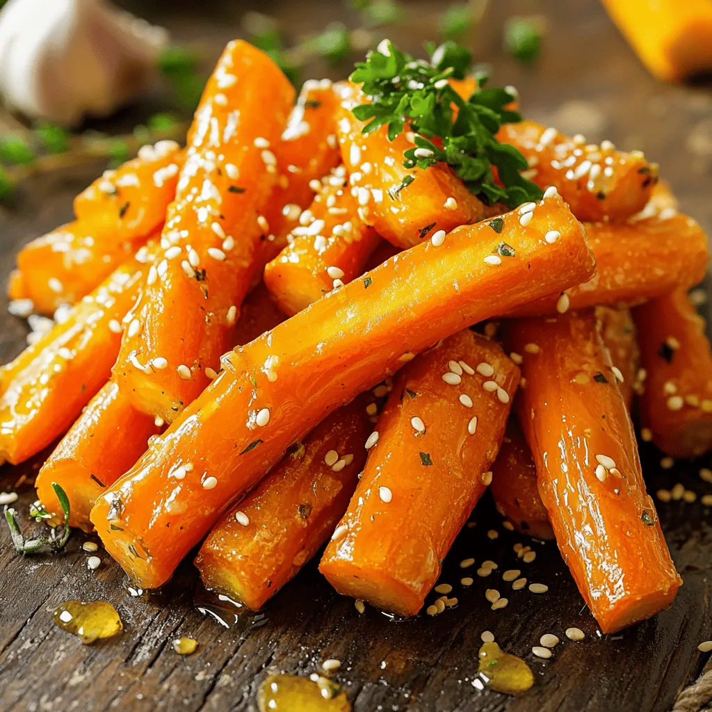 - 1 pound medium-sized carrots - 3 tablespoons honey - 2 tablespoons extra-virgin olive oil - 3 cloves garlic, finely minced - 1 teaspoon fresh thyme leaves (or ½ teaspoon dried thyme) - ½ teaspoon sea salt - ¼ teaspoon freshly ground black pepper - 1 tablespoon sesame seeds for garnish - Fresh parsley, finely chopped for garnish The main ingredients for these honey garlic roasted carrots are simple, fresh, and easy to find. The carrots are the star. I love using medium-sized carrots because they have a great balance of sweetness and texture. Honey adds a lovely sweetness. It blends well with the rich taste of garlic. Olive oil keeps the carrots moist while they roast. Garlic is key in this dish. It gives a burst of flavor. I always mince it finely to spread the taste evenly. For seasoning, I add fresh thyme. It lifts the dish with a hint of earthiness. Sea salt enhances all the flavors. Black pepper adds a bit of spice. Finally, I finish the dish with sesame seeds and parsley. They add a nice crunch and color. The full recipe includes all these ingredients and more to guide you through making this delicious side dish. - Preheat oven to 425°F (220°C). - In a large bowl, whisk together honey, olive oil, garlic, thyme, salt, and pepper. First, you want to make sure your oven is hot. Preheating is key for good roasting. While the oven heats, mix the honey, olive oil, garlic, thyme, salt, and pepper in a bowl. This mix will coat the carrots and add great flavor. - Peel and slice carrots into sticks. - Toss the carrot sticks with the honey garlic mixture. Next, grab your carrots. Peel them and cut them into sticks about the size of your finger. You want them to cook evenly. Add these sticks to the bowl with your honey garlic mix. Toss them well so every piece gets coated. This is where the magic happens! - Line a baking sheet with parchment paper. - Roast the carrots for 25-30 minutes, stirring halfway. Now, prepare a baking sheet by lining it with parchment paper. This makes cleanup easy and helps the carrots roast nicely. Spread the carrots out in a single layer. Make sure they aren’t crowded! Place the sheet in your hot oven. Roast the carrots for 25 to 30 minutes. Stir them halfway through to ensure even cooking. They should turn golden and a bit crispy when done. For the full recipe, check the earlier section. Enjoy your delicious Honey Garlic Roasted Carrots! To get the best roast on your carrots, follow these tips: - Ensure even roasting: Carrots need space to cook well. They should not touch each other. This way, every piece gets heat and caramelizes nicely. - Keeping carrots in a single layer: Use a large baking sheet. If the carrots are flat and not stacked, they roast better. This helps them turn golden and tender. Want to add extra taste? Here are some ideas: - Experimenting with spices: Try adding spices like cumin or paprika. They can change the flavor and make it more exciting. Just a pinch can bring a new twist. - Adding a splash of lemon juice for zest: Right before serving, squeeze some lemon juice over the carrots. This brightens the flavors and adds a fresh taste. Watch out for these common errors: - Overcrowding the baking sheet: This is a big mistake. It can lead to steaming instead of roasting. Always give your carrots space to cook. - Not preheating the oven: Make sure your oven is hot before cooking. If it’s not preheated, your carrots will not roast properly. For more tips and a full recipe, check out the [Full Recipe] above! {{image_4}} You can switch honey for maple syrup. This gives a rich, deep flavor. Agave nectar is another option. It adds a sweet touch without being too strong. Brown sugar works well, too. It brings a nice caramel flavor to the carrots. For a tasty twist, try topping your carrots with crushed nuts. They add crunch and a nutty flavor. Feta cheese is also a great choice. It adds creaminess and a salty kick. You can also explore different herbs. Rosemary gives a robust taste, while dill offers a fresh burst of flavor. Honey garlic roasted carrots pair well with meats, like chicken or pork. They also work great as a side dish at family dinners. You can add them to salads for a pop of color and sweetness. They fit well in grain bowls, adding flavor and nutrition. Check out the Full Recipe for more ideas! After you make honey garlic roasted carrots, let them cool. Store them in an airtight container in the fridge. This keeps them fresh and tasty. They are best consumed within 3-5 days. You can enjoy their sweet and savory flavor during this time. If you want to keep roasted carrots longer, freezing is a great option. First, let them cool completely. Then, place them in a freezer-safe container or bag. Label the container with the date. You can freeze them for up to three months. When you are ready to eat them, thaw them in the fridge overnight. To reheat roasted carrots, the oven works best. Preheat your oven to 350°F (175°C). Spread the carrots on a baking sheet and heat for about 10-15 minutes. This keeps them crispy and tasty. You can also use a microwave for quick reheating. However, this may make them softer. To enjoy the best texture, the oven is the way to go. Yes, baby carrots work well in this recipe. They are sweet and tender. The texture is different, though. Regular carrots have a crunchier bite. Baby carrots are softer and cook faster. If you use them, check for doneness early. Toss them in the honey garlic mix just like regular carrots. These roasted carrots pair nicely with many dishes. Try serving them with roasted chicken or pork. They also go great with fish for a lighter meal. For a veggie option, serve with a grain bowl or quinoa salad. They add color and flavor to any plate. To make this dish vegan, substitute honey with maple syrup. It offers a similar sweetness and flavor. You can also try agave nectar as another option. Both keep the dish tasty and sweet. Just mix them in with the garlic and oil as usual. Yes, you can prepare these carrots ahead of time. Roast them and let them cool. Store the carrots in an airtight container in the fridge. When ready to serve, reheat them in the oven. This keeps them crispy and warm. For easy prep, you can also cut the carrots a day early. Just mix and roast when you need them. For the full recipe, check out the details above! To sum up, honey garlic roasted carrots are simple and delicious. You learned how to prepare them with key ingredients like carrots, honey, and garlic. We tackled cooking steps, tips for perfect results, and even explored variations. You can experiment with different flavors and storage methods for long-lasting enjoyment. Try serving these tasty carrots with your favorite dishes. Enjoy making this easy side that everyone will love!