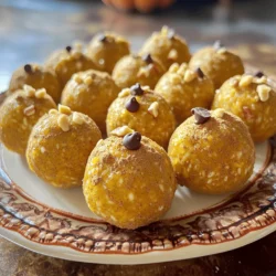 - 1 cup rolled oats - 1/2 cup pumpkin puree - 1/4 cup almond butter (or any nut butter of your choice) - 1/4 cup honey or maple syrup - 1 teaspoon pumpkin pie spice - 1/2 teaspoon vanilla extract - A pinch of salt - 1/4 cup chopped nuts (such as pecans or walnuts) - 1/4 cup mini chocolate chips This recipe gives you a great way to enjoy a healthy snack. The rolled oats provide fiber and energy. Pumpkin puree adds moisture and rich flavor. Almond butter offers healthy fats and protein. Honey or maple syrup sweetens the mix naturally. Flavor enhancers make these energy balls special. Pumpkin pie spice brings warmth and comfort. Vanilla extract adds depth, while a pinch of salt balances the sweetness. You can add extras for fun. Chopped nuts give crunch and nutrients. Mini chocolate chips add a sweet surprise. For the full recipe, check the section above. It’s simple to make, and you will love every bite! - Combine dry and wet ingredients into a large mixing bowl. - Mix until smooth and homogenous. To start, take a large mixing bowl and add all your ingredients. This includes rolled oats, pumpkin puree, almond butter, and honey or maple syrup. Make sure you also add the pumpkin pie spice, vanilla extract, and a pinch of salt. I like to mix everything with my hands to ensure it's well blended. You want a smooth texture without any lumps. - Fold in chopped nuts and chocolate chips. - Ensure even distribution throughout the mixture. Once your base mixture is ready, gently fold in your chopped nuts and optional mini chocolate chips. This adds a nice crunch and burst of flavor. Make sure these add-ins spread evenly throughout the mixture. You don’t want one energy ball to have all the nuts while another has none. - Refrigerate the mixture for 30 minutes. - Roll into small balls and place on parchment-lined baking sheet. Now, cover your bowl with plastic wrap and pop it in the fridge for about 30 minutes. This chilling step helps the mixture firm up, making it easier to shape. After chilling, scoop out portions with a tablespoon. Roll them into small balls using your palms. Place each ball on a baking sheet lined with parchment paper. For a fun twist, you can roll them in extra pumpkin pie spice or shredded coconut before serving. This process is quick and fun, and the energy balls are a wonderful snack. You can find the [Full Recipe] to guide you, but these steps will lead you to a tasty treat in no time! To get the best texture, mix all the ingredients well. You want a thick and sticky dough. If your mixture is too dry, add a bit more pumpkin puree or nut butter. Chilling the mixture is key, too. When you let it sit in the fridge, it firms up nicely. This makes it easier to roll into balls. Serving your energy balls can be fun! Place them on a pretty plate for a nice look. You can sprinkle more pumpkin pie spice on top for a festive touch. Another great idea is to roll the balls in shredded coconut or chopped nuts for extra flavor. This adds a nice crunch and taste. Pumpkin spice energy balls pack a punch of nutrition. Pumpkin is rich in vitamins like A and C. It helps your immune system and keeps your skin healthy. The oats provide fiber, which aids digestion and keeps you full longer. The nuts offer protein and healthy fats for energy. These snacks keep you fueled and satisfied throughout your day. {{image_4}} For autumn, I love adding extra spices to my pumpkin spice energy balls. You can easily switch up the flavor by using cinnamon or ginger. Both spices add warmth and a cozy feel. Just replace the pumpkin pie spice with one teaspoon of cinnamon or ginger. Your energy balls will taste like fall in every bite! You can also change the base ingredients to suit your taste. Try using different nut butters, like peanut or cashew butter. They each bring a unique flavor. You can swap honey for agave syrup or brown rice syrup for a different sweetness. For add-ins, consider adding dried fruits like cranberries or raisins. Seeds like chia or flaxseed can boost nutrition. Mixing in different flavors keeps things exciting! If you love chocolate, add mini chocolate chips or cocoa powder. Coconut can also add a tropical twist; just fold in shredded coconut. For a fruity touch, try adding pureed banana or dried apricots. Each combination makes your energy balls a new treat! For the full recipe, check out the details above. To keep your pumpkin spice energy balls fresh, store them in the refrigerator. Use an airtight container to prevent them from drying out. They will stay good for up to a week in the fridge. If you want to keep them longer, freeze the energy balls. Place them in a single layer on a baking sheet first. Once frozen, transfer them to a freezer-safe bag. They can last for about three months in the freezer. The recommended serving size is about one or two energy balls. This size gives a great boost without overdoing it. When stored properly, energy balls stay fresh for a week in the fridge. If frozen, just thaw them overnight in the fridge before enjoying. Gifting these energy balls can be fun. Use mason jars to make a charming gift. You can also use decorative containers for a personal touch. Tie a ribbon around the jar for an extra flair. These make great snacks for friends or family. Sharing healthy treats is always a good idea! You can make these energy balls without nuts by using seeds instead. Try sunflower seeds or pumpkin seeds as a great option. You can also use nut-free butters like sunflower seed butter or tahini. These will help bind the mixture and keep it tasty. Yes, you can easily make these energy balls vegan. Instead of honey, use maple syrup or agave nectar as a sweetener. Both options work well and keep the energy balls sweet and delicious. Make sure to use a vegan nut butter too. If you can't find pumpkin puree, you can use mashed sweet potatoes or applesauce. Both will add moisture and flavor. You can also try pureed butternut squash for a similar taste. Just ensure the texture is smooth for the best results. This blog post gave you a clear guide to making tasty pumpkin spice energy balls. You learned about the key ingredients, step-by-step instructions, tips for great texture, and variations to try. These snacks are simple, healthy, and fun to make. With your new skills, you can enjoy delicious bites anytime. Remember, these energy balls are perfect for sharing or storing for later. Have fun creating your perfect batch and enjoy the sweet flavors!