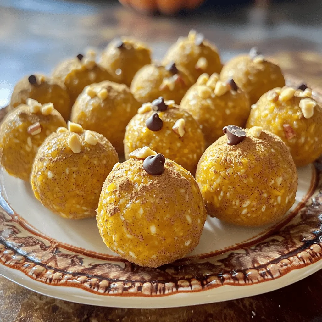 - 1 cup rolled oats - 1/2 cup pumpkin puree - 1/4 cup almond butter (or any nut butter of your choice) - 1/4 cup honey or maple syrup - 1 teaspoon pumpkin pie spice - 1/2 teaspoon vanilla extract - A pinch of salt - 1/4 cup chopped nuts (such as pecans or walnuts) - 1/4 cup mini chocolate chips This recipe gives you a great way to enjoy a healthy snack. The rolled oats provide fiber and energy. Pumpkin puree adds moisture and rich flavor. Almond butter offers healthy fats and protein. Honey or maple syrup sweetens the mix naturally. Flavor enhancers make these energy balls special. Pumpkin pie spice brings warmth and comfort. Vanilla extract adds depth, while a pinch of salt balances the sweetness. You can add extras for fun. Chopped nuts give crunch and nutrients. Mini chocolate chips add a sweet surprise. For the full recipe, check the section above. It’s simple to make, and you will love every bite! - Combine dry and wet ingredients into a large mixing bowl. - Mix until smooth and homogenous. To start, take a large mixing bowl and add all your ingredients. This includes rolled oats, pumpkin puree, almond butter, and honey or maple syrup. Make sure you also add the pumpkin pie spice, vanilla extract, and a pinch of salt. I like to mix everything with my hands to ensure it's well blended. You want a smooth texture without any lumps. - Fold in chopped nuts and chocolate chips. - Ensure even distribution throughout the mixture. Once your base mixture is ready, gently fold in your chopped nuts and optional mini chocolate chips. This adds a nice crunch and burst of flavor. Make sure these add-ins spread evenly throughout the mixture. You don’t want one energy ball to have all the nuts while another has none. - Refrigerate the mixture for 30 minutes. - Roll into small balls and place on parchment-lined baking sheet. Now, cover your bowl with plastic wrap and pop it in the fridge for about 30 minutes. This chilling step helps the mixture firm up, making it easier to shape. After chilling, scoop out portions with a tablespoon. Roll them into small balls using your palms. Place each ball on a baking sheet lined with parchment paper. For a fun twist, you can roll them in extra pumpkin pie spice or shredded coconut before serving. This process is quick and fun, and the energy balls are a wonderful snack. You can find the [Full Recipe] to guide you, but these steps will lead you to a tasty treat in no time! To get the best texture, mix all the ingredients well. You want a thick and sticky dough. If your mixture is too dry, add a bit more pumpkin puree or nut butter. Chilling the mixture is key, too. When you let it sit in the fridge, it firms up nicely. This makes it easier to roll into balls. Serving your energy balls can be fun! Place them on a pretty plate for a nice look. You can sprinkle more pumpkin pie spice on top for a festive touch. Another great idea is to roll the balls in shredded coconut or chopped nuts for extra flavor. This adds a nice crunch and taste. Pumpkin spice energy balls pack a punch of nutrition. Pumpkin is rich in vitamins like A and C. It helps your immune system and keeps your skin healthy. The oats provide fiber, which aids digestion and keeps you full longer. The nuts offer protein and healthy fats for energy. These snacks keep you fueled and satisfied throughout your day. {{image_4}} For autumn, I love adding extra spices to my pumpkin spice energy balls. You can easily switch up the flavor by using cinnamon or ginger. Both spices add warmth and a cozy feel. Just replace the pumpkin pie spice with one teaspoon of cinnamon or ginger. Your energy balls will taste like fall in every bite! You can also change the base ingredients to suit your taste. Try using different nut butters, like peanut or cashew butter. They each bring a unique flavor. You can swap honey for agave syrup or brown rice syrup for a different sweetness. For add-ins, consider adding dried fruits like cranberries or raisins. Seeds like chia or flaxseed can boost nutrition. Mixing in different flavors keeps things exciting! If you love chocolate, add mini chocolate chips or cocoa powder. Coconut can also add a tropical twist; just fold in shredded coconut. For a fruity touch, try adding pureed banana or dried apricots. Each combination makes your energy balls a new treat! For the full recipe, check out the details above. To keep your pumpkin spice energy balls fresh, store them in the refrigerator. Use an airtight container to prevent them from drying out. They will stay good for up to a week in the fridge. If you want to keep them longer, freeze the energy balls. Place them in a single layer on a baking sheet first. Once frozen, transfer them to a freezer-safe bag. They can last for about three months in the freezer. The recommended serving size is about one or two energy balls. This size gives a great boost without overdoing it. When stored properly, energy balls stay fresh for a week in the fridge. If frozen, just thaw them overnight in the fridge before enjoying. Gifting these energy balls can be fun. Use mason jars to make a charming gift. You can also use decorative containers for a personal touch. Tie a ribbon around the jar for an extra flair. These make great snacks for friends or family. Sharing healthy treats is always a good idea! You can make these energy balls without nuts by using seeds instead. Try sunflower seeds or pumpkin seeds as a great option. You can also use nut-free butters like sunflower seed butter or tahini. These will help bind the mixture and keep it tasty. Yes, you can easily make these energy balls vegan. Instead of honey, use maple syrup or agave nectar as a sweetener. Both options work well and keep the energy balls sweet and delicious. Make sure to use a vegan nut butter too. If you can't find pumpkin puree, you can use mashed sweet potatoes or applesauce. Both will add moisture and flavor. You can also try pureed butternut squash for a similar taste. Just ensure the texture is smooth for the best results. This blog post gave you a clear guide to making tasty pumpkin spice energy balls. You learned about the key ingredients, step-by-step instructions, tips for great texture, and variations to try. These snacks are simple, healthy, and fun to make. With your new skills, you can enjoy delicious bites anytime. Remember, these energy balls are perfect for sharing or storing for later. Have fun creating your perfect batch and enjoy the sweet flavors!