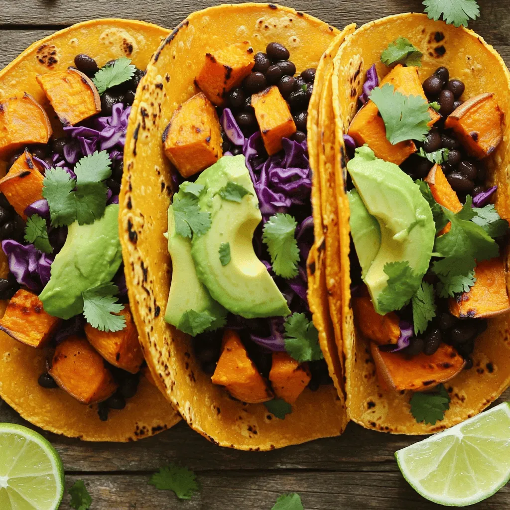 - 2 medium sweet potatoes, peeled and cut into ½-inch cubes - 1 can (15 oz) black beans, thoroughly drained and rinsed - 6-8 corn tortillas (small size for tacos) Sweet potatoes bring a sweet and earthy taste. Black beans add protein and fiber. Corn tortillas are soft and hold everything together well. - 1 tablespoon extra virgin olive oil - 1 teaspoon ground cumin - 1 teaspoon smoked paprika - ½ teaspoon chili powder - ½ teaspoon garlic powder - Sea salt and freshly ground black pepper, to taste These spices give the dish warmth and depth. Cumin adds a nutty flavor. Smoked paprika gives a hint of smoke. Chili powder brings some heat. Garlic powder enhances the overall taste. - 1 ripe avocado, sliced - 1 cup red cabbage, finely shredded - ½ cup fresh cilantro, roughly chopped - Lime wedges, for garnish - Optional: Your favorite salsa or a dash of hot sauce Toppings add freshness and crunch. Avocado adds creaminess. Red cabbage gives a crispy texture. Cilantro adds a pop of flavor. A squeeze of lime brightens the dish. For the full recipe, check out the detailed instructions to create these delicious Sweet Potato and Black Bean Tacos! First, you need to preheat your oven to 425°F. This step helps the sweet potatoes roast perfectly. Next, peel and cut the sweet potatoes into ½-inch cubes. Place them in a mixing bowl. Add one tablespoon of olive oil, one teaspoon of ground cumin, one teaspoon of smoked paprika, half a teaspoon of chili powder, half a teaspoon of garlic powder, and salt and pepper. Mix all the ingredients well until the sweet potatoes are coated in the spices. Spread the seasoned sweet potatoes in a single layer on a baking sheet lined with parchment paper. This keeps them from sticking. Roast them for 25 to 30 minutes. Stir them halfway through cooking so they brown evenly. You want them tender and a lovely golden-brown color. While the sweet potatoes roast, take a small saucepan. Over medium heat, add the drained and rinsed black beans. Sprinkle in a pinch of salt. Heat the beans for 5 to 7 minutes. Stir them now and then. They should be warm and tasty. For the tortillas, use a dry skillet over medium heat. Warm each tortilla for about 30 seconds on each side. They should be soft and pliable. Now it’s time to assemble your tacos. On each warm tortilla, layer the roasted sweet potatoes and black beans. Add slices of avocado for creaminess. Top with shredded red cabbage for crunch. Finally, sprinkle fresh cilantro on top. For an extra zing, serve with lime wedges and your favorite salsa on the side. This makes a colorful and tasty meal. To ensure even roasting, cut sweet potatoes into equal-sized cubes. This helps them cook at the same rate. I recommend using a baking sheet lined with parchment paper. It prevents sticking and makes cleanup easy. Try using a convection oven if you have one. It cooks food evenly and can make your sweet potatoes crispier. Spice up your tacos with extra flavors. You can add a pinch of cayenne pepper for heat. A squeeze of lime juice adds brightness. Try using smoked chipotle powder for a deeper flavor. If you like sauces, drizzle some cilantro lime dressing over the tacos. It pairs well with the creamy avocado. Pair your tacos with fresh sides for a complete meal. A simple corn salad is a great choice. You could also serve them with a side of black bean soup for extra protein. For drinks, try a refreshing lemonade or a light beer. Both complement the flavors in the tacos well. For the full recipe, check out the detailed instructions above. Enjoy your cooking! {{image_4}} You can easily swap ingredients in sweet potato and black bean tacos. If you want a different bean, try pinto or kidney beans. Both work well and add unique flavors. For more veggies, use roasted zucchini or bell peppers. They add color and crunch. If you're looking for gluten-free options, use corn tortillas. They are naturally gluten-free and perfect for tacos. You can also make your own tortillas using masa harina and water. This way, you control the ingredients. Adjusting spice levels can make these tacos fit your taste. If you like it spicy, add cayenne pepper or jalapeños. For a milder flavor, skip the chili powder or use less. Experiment with spices to find what you love. Different toppings can also change the flavor. Try adding pickled onions for tang or crumbled feta for creaminess. Fresh lime juice brightens up the dish. You can even add a dollop of Greek yogurt for added creaminess. You can grill or bake your sweet potato and black bean tacos. Grilling gives a smoky flavor and crispy texture. To grill, place the taco ingredients in a grill basket. Cook them over medium heat for about 10 minutes. Baking, on the other hand, is easy and hands-off. Simply follow the baking instructions from the full recipe. The sweet potatoes get caramelized and soft. Both methods are tasty, so choose based on your mood! To keep your tacos fresh, store them in the fridge. Place the sweet potato and black bean mixture in an airtight container. Wrap the tortillas separately to avoid sogginess. This way, you can enjoy them again without losing flavor or texture. When you’re ready to eat, the best way to reheat is to use a skillet. Heat it over medium heat. Add the taco filling to the skillet and stir until warm. For tortillas, warm them in a dry skillet for about 30 seconds on each side. This keeps them soft and tasty. If you want to save time, prepare your ingredients ahead of time. Cube the sweet potatoes and store them in the fridge. You can also rinse and drain the black beans in advance. This makes it easier to whip up the tacos on busy nights. Just remember to store everything in separate containers to keep them fresh. For the full recipe, check out the detailed instructions above. Yes, these tacos are vegan! All the ingredients are plant-based. You can enjoy the sweet potatoes, black beans, and fresh toppings without any animal products. To get crispy sweet potatoes, cut them into small cubes. Toss them well with olive oil and spices. Spread them in a single layer on a baking sheet. Roast them at 425°F (220°C) until they turn golden brown. Stir them halfway through cooking to help with even crispiness. These tacos go great with many sides. You can serve them with a fresh salad or some guacamole. A side of rice or corn can also work well. For drinks, try a light beer or a refreshing lemonade to balance the flavors. You can easily adapt the tacos to fit different diets. For gluten-free, use corn tortillas, which are naturally gluten-free. If you need dairy-free options, skip the cheese or use a dairy-free alternative. For a vegetarian twist, add extra veggies or beans for a heartier meal. Check the Full Recipe for more ideas! This blog post covered how to make delicious sweet potato and black bean tacos. We explored the main ingredients like sweet potatoes and black beans, and how to spice things up. I shared how to prep and roast sweet potatoes while heating beans and tortillas. You learned assembly tips, variations, and storage info. These tacos are not only tasty but also easy to adapt. Get creative and enjoy your delicious meal!