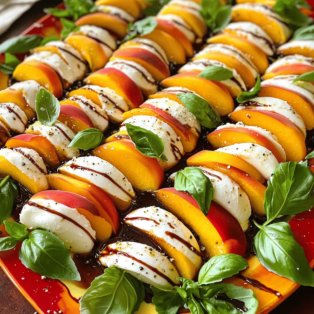 - Ripe peaches - Fresh mozzarella cheese - Fresh basil leaves For this salad, ripe peaches are key. Look for peaches that give slightly when you press them. They should smell sweet and fragrant too. Fresh mozzarella cheese adds a creamy texture. Use the best quality you can find. Fresh basil leaves bring in a burst of flavor. Try to use whole leaves for a more aromatic experience. - Balsamic glaze - Extra virgin olive oil - Sea salt and black pepper Balsamic glaze adds a sweet and tangy touch. A drizzle over the salad makes it shine. Extra virgin olive oil enriches the dish with depth. Use a good quality olive oil for the best flavor. Sea salt and black pepper enhance all the fresh tastes. A little sprinkle goes a long way. - Cutting board - Sharp knife - Serving platter You will need a cutting board to slice the peaches and cheese. A sharp knife ensures clean cuts without bruising the fruit. Finally, a serving platter will showcase your beautiful salad. Choose one that contrasts nicely with the colors of the salad. For the full recipe, check the complete guide. 1. Start by washing the peaches under cool water. 2. Slice each peach into thin wedges. Remove the pit and set the slices aside. 3. Next, slice the fresh mozzarella cheese into rounds. 4. Tuck fresh basil leaves between the peach and mozzarella slices. This adds flavor and color. 1. Take a large serving platter. Layer the sliced peaches and mozzarella cheese. Alternate them in a circular pattern, starting from the outer edge. 2. Arrange the basil leaves in between the peach and mozzarella. This makes the salad look fresh and inviting. 3. Drizzle balsamic glaze over the top. The glaze will add a sweet touch to the salad. 4. Add a drizzle of extra virgin olive oil. This enhances the richness of the dish. 1. Season the salad with sea salt and freshly cracked black pepper. This makes the flavors pop. 2. Let the salad rest for a few minutes. This helps the flavors meld together. 3. For presentation, serve on a colorful platter. Add a few extra basil leaves on top for a nice look. Enjoy your Peach Caprese Salad! For the full recipe, check the detailed instructions provided. When picking peaches, look for ripe ones. Ripe peaches feel slightly soft when you press them. Avoid peaches that are too mushy; they are overripe. I love using yellow peaches for their sweet flavor. White peaches are great too; they add a nice twist. Plating can make your salad shine. Use a large, colorful platter to show off the layers. Arrange the peaches and mozzarella in a circle. Tuck fresh basil leaves in between for pops of green. A drizzle of balsamic glaze on top adds a shiny finish. Garnish with more basil leaves or a few peach slices. This makes the salad even more inviting. Balancing flavors is key. Don't use too much balsamic glaze; it can overpower the peaches. A light drizzle works best. For a neat presentation, avoid overcrowding the platter. Space out the ingredients for a clean look. A messy salad might taste good, but it won’t look appealing. For the full recipe, check out the Peach Caprese Salad section. {{image_4}} You can switch up the cheese in your Peach Caprese salad. Try using burrata instead of mozzarella. Burrata adds a creamy texture and a rich taste. It pairs well with sweet peaches. You might also want to add other fruits. Cherry tomatoes work nicely for a burst of flavor. Strawberries can add a sweet twist, too. Mixing fruits can create a colorful and tasty dish. To elevate your salad, consider adding nuts. Pine nuts add a nice crunch and a nutty flavor. Walnuts are another great option. They bring a bold taste and pair well with the sweet peaches. You can also sprinkle some feta cheese on top. Feta brings a salty contrast to the sweetness of the peaches. This adds a delightful balance of flavors. Homemade vinaigrettes can change the salad's flavor profile. A simple mix of olive oil, vinegar, and herbs can work wonders. You can experiment with different herbs like thyme or oregano. Flavored balsamic vinegars are another great choice. They come in many flavors, like fig or raspberry. Using these can make your Peach Caprese salad truly unique. For the full recipe, check out the Peach Caprese Salad . To keep your Peach Caprese Salad fresh, store it in the fridge. Place any leftovers in a sealed container. Glass or plastic containers work well. Avoid metal containers, as they can change the taste of the salad. Your salad stays fresh for about two days in the fridge. After that, the peaches may get mushy. Look for brown spots on the peaches or wilted basil leaves. These are signs that the salad is no longer good. You can get creative with leftover ingredients! Try mixing the peaches into yogurt for a tasty breakfast. You can also chop the salad and toss it with pasta for a quick meal. This way, nothing goes to waste, and you enjoy new flavors. A Peach Caprese Salad is a fresh, colorful dish. It blends ripe peaches, creamy mozzarella, and fragrant basil. The sweet peaches pair well with the cheese's mild flavor. You can drizzle balsamic glaze for added sweetness. This salad celebrates summer with its vibrant colors and taste. Yes, you can prepare parts of the salad in advance. Slice the peaches and mozzarella a few hours before serving. Store them separately in the fridge to keep them fresh. Assemble the salad just before serving for the best taste and look. This salad pairs well with grilled meats like chicken or fish. You can also serve it with crusty bread or a light pasta dish. A glass of white wine complements the flavors nicely. These pairings create a balanced and satisfying meal. Yes, this salad is quite healthy! Peaches are rich in vitamins A and C. Mozzarella provides protein and calcium. Fresh basil adds antioxidants and flavor without extra calories. The olive oil in the dressing contains healthy fats, making this salad a nutritious option. Peach Caprese Salad combines fresh peaches, mozzarella, and basil for a tasty dish. Remember to choose ripe fruits and season well with olive oil and balsamic glaze. These simple steps ensure stunning flavors and a beautiful presentation. In the end, you can tweak this salad with different fruits or nuts. Whether you serve it as a starter or a side, this salad brings joy to any meal. Enjoy making your own Peach Caprese Salad and impress everyone with its bright flavors!