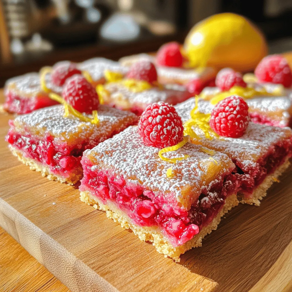 - 1 cup all-purpose flour - 1/2 cup powdered sugar - 1/4 teaspoon salt - 1/2 cup unsalted butter, softened - 2 large eggs - 1 cup granulated sugar - 2 tablespoons lemon zest - 1/4 cup fresh lemon juice - 1 cup fresh raspberries - 1/4 teaspoon baking powder - Extra powdered sugar for dusting The ingredients for raspberry lemon bars are simple and easy to find. You need basic baking staples like flour, sugar, and eggs. The key flavors come from fresh lemons and ripe raspberries. Using fresh lemon juice and zest makes your bars bright and tangy. Fresh raspberries add a burst of sweetness. The butter gives the crust a rich taste. - Gluten-free flour options: You can use a gluten-free blend. Make sure it works well in baking. - Egg replacements: Use flax seeds or applesauce. Each egg equals 1 tablespoon of ground flaxseed mixed with 3 tablespoons of water. - Alternative sweeteners: Try honey or maple syrup for a different flavor. Adjust the amounts to taste. With these substitutions, everyone can enjoy this treat, no matter their diet! You can check the Full Recipe for precise measurements and steps. 1. Preheat the oven and prepare the baking pan: First, set your oven to 350°F (175°C). Grab an 8x8 inch baking pan and lightly grease it. Line the pan with parchment paper. Leave some paper hanging over the edges. This will help you lift the bars out later. 2. Mixing and pressing the crust dough: In a medium bowl, whisk together 1 cup of all-purpose flour, 1/2 cup of powdered sugar, and 1/4 teaspoon of salt. Next, take 1/2 cup of softened unsalted butter and mix it into the dry ingredients. Use your fingers or a pastry cutter to blend until you see a crumbly dough. Now, press this dough evenly into the bottom of the baking pan. This will form your crust. Bake this crust for 15 minutes until it looks lightly golden. 1. Whisking eggs and sugars together: While the crust is baking, take another bowl. Whisk together 2 large eggs and 1 cup of granulated sugar until smooth. This will be the base for your lemon filling. 2. Incorporating lemon zest and juice: Add in 2 tablespoons of lemon zest and 1/4 cup of fresh lemon juice to the egg mixture. Also, include 1/4 teaspoon of baking powder. Whisk everything until it’s well combined. This mix will give the bars their bright flavor. 1. Mixing in the raspberries: After the crust is done baking, gently fold in 1 cup of fresh raspberries into the lemon filling. Be careful not to mash the berries. You want them to stay whole for texture. 2. Pouring the filling over the crust: Once mixed, pour this raspberry-lemon filling over the warm crust. Spread it evenly to cover all of the crust. 3. Baking time and indicators of doneness: Return the pan to the oven. Bake for another 20 to 25 minutes. You will know the bars are done when the filling is set but still has a slight jiggle in the center. This is key for that creamy texture. Enjoy making these sweet and tangy raspberry lemon bars. For the full recipe, check the earlier section. To get a creamy filling, whisk the eggs and sugars well. This helps mix air into the batter. The air makes the filling light. Use fresh lemons for zest and juice. Freshness boosts flavor and aroma. For the perfect crust, use softened butter. Cold butter will not blend well. Make the dough crumbly but not too dry. Press it firmly but gently into the pan. This ensures a nice base for the filling. Bake until golden, then cool before adding the filling. Raspberry lemon bars shine when served cool. Dust them with powdered sugar for a sweet touch. Garnish with fresh mint for color. They look great on a pretty plate. Pair these bars with tea or lemonade. Their tart flavor balances well with sweet drinks. You can also serve them with vanilla ice cream. The creaminess complements their zesty taste. If the filling is too runny, bake it longer. Check for a slight jiggle in the center. This shows the filling is set. Let the bars cool completely for the best texture. To cut the bars cleanly, use a sharp knife. Dip it in hot water and dry it off. This softens the edges for neat slices. You can also chill the bars longer for easier cutting. For a full recipe, check out the detailed instructions above. {{image_4}} You can change the flavors of raspberry lemon bars in fun ways. Try using different berries like blueberries or strawberries. Each berry brings its own unique taste. If you want a twist, add spices like cinnamon or ginger. These spices can warm up the flavor and make it even more special. You can also add vanilla extract for a hint of sweetness. Experiment with these ideas to find your perfect mix. If you follow a vegan diet, you can make vegan raspberry lemon bars. Replace the eggs with flaxseed meal or unsweetened applesauce. This keeps the texture rich and moist. For those watching sugar intake, use a natural sweetener like honey or agave. You can also try using stevia or monk fruit sweetener. These options keep the bars tasty without all the sugar. Both adjustments make it easy to enjoy this dessert, no matter your diet. Check the Full Recipe for more details on making these changes. To keep your raspberry lemon bars fresh, follow these steps: - Use an airtight container: Place the bars in a container with a tight lid. - Refrigerate: Store them in the fridge to maintain their texture and flavor. - Duration: These bars can last up to one week in the fridge. Want to enjoy your bars later? Freezing is a great option. Here’s how: - Wrap each bar: Use plastic wrap to cover each square tightly. - Place in a freezer bag: Put wrapped bars in a zip-top freezer bag. - Duration: They can stay in the freezer for up to three months. When you're ready to enjoy them: - Thaw in the fridge: Move the bars from the freezer to the fridge overnight. - Reheat gently: If you want, warm them in the oven at a low temp. These steps help keep your raspberry lemon bars tasty and fresh for a longer time! For the full recipe, check out the [Full Recipe]. Lemon bars have a simple lemon filling. Raspberry lemon bars add fresh raspberries for extra flavor and color. The raspberries give a sweet-tart taste that brightens the dish. The texture also changes; it’s creamier due to the fruit. You get both the zing of lemon and the sweetness of raspberries. Yes, you can make raspberry lemon bars ahead of time. They taste great after a day in the fridge. This makes them perfect for parties or family gatherings. Just bake, chill, and store them until you are ready to serve. Raspberry lemon bars can stay fresh at room temperature for about two hours. After that, it’s best to store them in the fridge. Keeping them cool helps maintain their flavor and texture. Chilling the bars is very important. It helps them set and makes cutting easier. The flavors also deepen when they chill. I recommend chilling for at least two hours for the best taste. Yes, you can use frozen raspberries. Just let them thaw and drain excess juice. This keeps the filling from getting too watery. Frozen raspberries can work well, especially if fresh ones are not in season. For the complete recipe, check out the Full Recipe. Enjoy making these delightful treats! In this blog post, we explored how to make delicious raspberry lemon bars. You learned the key ingredients, step-by-step instructions, and helpful tips for the best results. We also discussed fun variations and smart storage methods. By following these guidelines, you can create a tasty treat that delights everyone. Enjoy your baking journey, and don’t hesitate to get creative with flavors and ingredients! Happy baking!