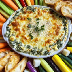 To make this creamy spinach artichoke dip, you need the following: - 1 cup frozen spinach, thawed and drained well - 1 cup artichoke hearts, chopped finely - 1 cup cream cheese, softened - 1/2 cup sour cream - 1/2 cup mayonnaise - 1 cup shredded mozzarella cheese - 1/2 cup grated Parmesan cheese - 2 cloves garlic, minced - 1 teaspoon onion powder - 1 teaspoon dried oregano - Salt and black pepper to taste These ingredients create a rich and creamy base. The spinach and artichokes add a nice flavor and texture. You can add a few things to make it even better. Some ideas include: - Chopped fresh herbs like parsley or basil for freshness - A pinch of red pepper flakes for a kick - Cooked bacon bits for a smoky flavor - A squeeze of lemon juice to brighten the taste Feel free to mix and match these optional additions based on what you like. If you don’t have some of these ingredients, don’t worry! Here are some easy swaps: - Use fresh spinach instead of frozen. Just cook it down first. - Swap cream cheese with Greek yogurt for a lighter dip. - For a dairy-free option, try using cashew cream instead of cheese. - Use different cheeses, like cheddar or pepper jack, for a unique flavor. These substitutions allow you to customize the dip to your taste or dietary needs. Check out the Full Recipe for all the details! First, gather all your ingredients. This makes cooking easy and fun. You will need: - 1 cup frozen spinach, thawed and drained - 1 cup chopped artichoke hearts - 1 cup softened cream cheese - 1/2 cup sour cream - 1/2 cup mayonnaise - 1 cup shredded mozzarella cheese - 1/2 cup grated Parmesan cheese - 2 cloves minced garlic - 1 teaspoon onion powder - 1 teaspoon dried oregano - Salt and pepper to taste Make sure to thaw and drain the spinach well. This keeps the dip from being watery. Chop your artichoke hearts finely. This helps them mix well in the dip. In a large bowl, mix the cream cheese, sour cream, and mayonnaise. Use a hand mixer or spatula. Blend until smooth. This step gives your dip a creamy base. Next, gently fold in the spinach and artichokes. Then, add the mozzarella and Parmesan cheese. Stir until everything is well combined. Now, add the minced garlic, onion powder, and oregano. Season with salt and pepper to taste. This step adds flavor to every bite. Mix thoroughly to ensure all the flavors blend together. Transfer the dip mixture into a baking dish. Smooth the top with a spatula. Preheat your oven to 350°F (175°C). Bake for 25-30 minutes. You want it to bubble and turn golden brown on top. After baking, carefully take it out. Let it cool for 5-10 minutes. This helps the flavors meld. Serve it warm with toasted baguette slices or crispy tortilla chips. Enjoy every creamy bite of your delicious dip! For the full recipe, check the section above. To get the right creamy texture, start by thawing the frozen spinach. Drain it well. You want no extra water. Mix your cheeses together first. This helps them blend smoothly. If you want it extra creamy, use more cream cheese. For a thicker dip, add less sour cream. Always fold in the spinach and artichokes gently. This keeps the dip fluffy. Serve your dip warm for the best taste. Pair it with toasted baguette slices or crispy tortilla chips. Fresh veggies like carrots and bell peppers work great too. For a fancy touch, sprinkle extra Parmesan on top. You can also add fresh herbs like parsley. They make your dip look colorful and fresh. To boost the flavor, add more garlic or even some red pepper flakes. A squeeze of lemon juice brightens the taste too. For a unique twist, try adding sun-dried tomatoes. They add a nice tartness. You can also experiment with different cheeses. Try using goat cheese for a tangy kick. Remember, the key is to balance the flavors. Taste as you go! For the full recipe, check out Creamy Spinach Artichoke Bliss Dip. {{image_4}} You can make a tasty dairy-free version of this dip. Swap out the cream cheese, sour cream, and mayonnaise for plant-based options. Use cashew cream for creaminess. Silken tofu also works well. For a tangy taste, try coconut yogurt. These swaps keep the dip rich and creamy without dairy. If you love heat, add some spice to your dip! Mix in diced jalapeños or a dash of hot sauce. You can also add a sprinkle of red pepper flakes. For a smoky flavor, try using chipotle peppers. This adds a nice kick and makes your dip stand out. Cheese lovers can boost the flavor even more. Add extra cheese like cheddar or gouda for a unique taste. You can also mix in crumbled feta for a tangy twist. For a gourmet touch, consider a sprinkle of blue cheese. These cheesy additions create layers of flavor in your dip. For the full recipe, check out the Creamy Spinach Artichoke Bliss Dip. After you make the creamy spinach artichoke dip, let it cool. Store it in an airtight container. It will stay fresh in the fridge for up to four days. Make sure to cover it well to keep the flavors intact. When you're ready to enjoy it again, just take it out of the fridge. You can freeze this dip if you want to save it for later. First, let it cool completely. Then, place it in a freezer-safe container. Seal it tightly to prevent freezer burn. This dip can last for about three months in the freezer. To use, thaw it in the fridge overnight before reheating. Reheating the dip is easy. If you stored it in the fridge, you can warm it in the microwave. Heat it in short bursts, stirring in between, until it’s hot. If it's frozen, first thaw it in the fridge. Then, you can reheat it in the oven at 350°F (175°C) for about 15-20 minutes. This will help it regain its creamy texture. Always check that it’s heated all the way through before serving. Enjoy your creamy spinach artichoke dip with your favorite snacks! Yes, you can make this dip ahead of time. Prepare it a day in advance and store it in the fridge. Just cover the baking dish tightly with plastic wrap. When you are ready to enjoy it, remove the wrap and bake. This makes it easy for parties or gatherings. The flavors meld together nicely when it sits overnight. You have many tasty options to serve with this dip. Here are a few ideas: - Toasted baguette slices - Crispy tortilla chips - Fresh vegetable sticks like carrots, celery, and bell peppers - Pita chips or crackers Each option adds a unique crunch and flavor. You can mix and match to please your guests. You will know the dip is done when it is bubbly and golden brown on top. This usually takes about 25-30 minutes in the oven at 350°F (175°C). Keep an eye on it to avoid over-baking. A toothpick inserted in the center should come out clean. Let it cool for a few minutes before serving. This allows the flavors to come together and makes it easier to scoop. Enjoy every creamy bite! This blog post covered how to make creamy spinach artichoke dip from start to finish. We explored the main ingredients and shared optional options and substitutions. You learned step-by-step instructions for prepping, mixing, and baking. We offered tips to perfect the texture and ideas for serving it. Variations for dairy-free and spicy options were included, plus storage and reheating tips. With these details, you can create a fantastic dip. Enjoy sharing it with friends or family!