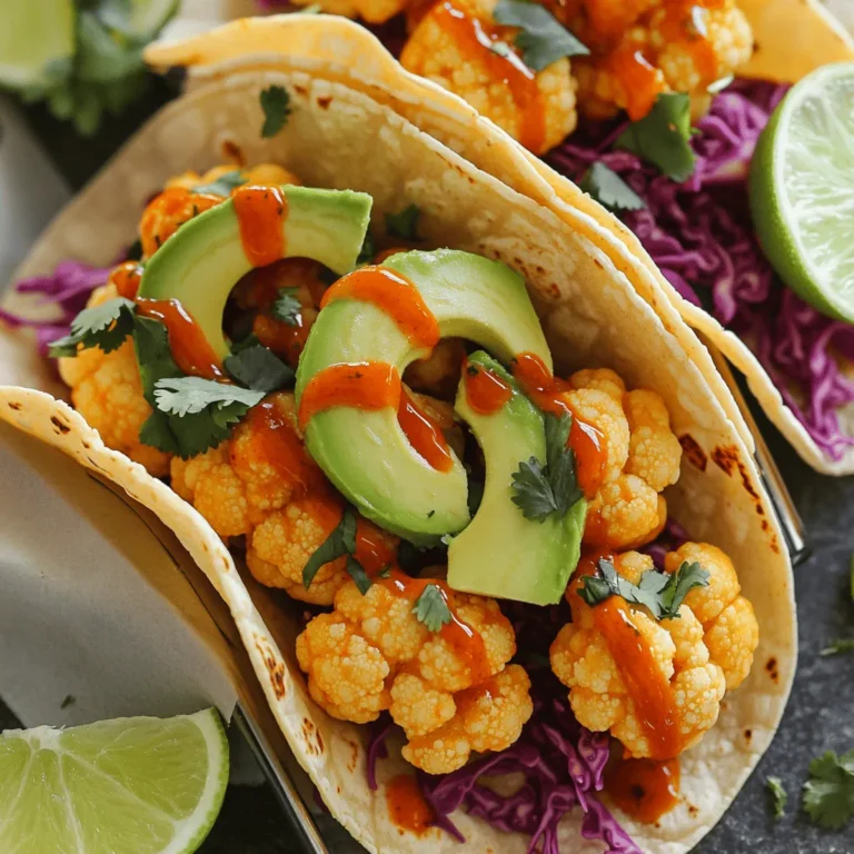 To make your Buffalo Cauliflower Tacos, gather these fresh ingredients: - 1 medium head of cauliflower, cut into bite-sized florets - 1 cup all-purpose flour - 1 cup water - 1 teaspoon garlic powder - 1 teaspoon onion powder - 1 teaspoon smoked paprika - 1/2 teaspoon salt - 1 cup buffalo sauce (store-bought or homemade) - 8 small corn or flour tortillas - 1 ripe avocado, sliced - 1/2 cup red cabbage, finely shredded - 1/4 cup fresh cilantro, coarsely chopped - Lime wedges for serving - Optional: Vegan ranch or sour cream for drizzling To kick up the flavor, consider adding: - Diced jalapeños for heat - Fresh lime juice for zest - Crumbled feta or queso fresco for creaminess - Pickled red onions for tang These optional ingredients can change the taste and make your tacos more exciting. Feel free to mix and match based on your taste. Each serving of these tacos has a good mix of nutrients. Here’s what you can expect: - Calories: 300 - Protein: 8g - Carbohydrates: 45g - Dietary Fiber: 7g - Sugars: 2g - Fat: 10g This recipe makes a delicious meal that is filling yet light. You can enjoy the flavors without the guilt. The full recipe can guide you through each step to make these tasty tacos. Enjoy! Start by getting your kitchen ready. Gather all your ingredients. You’ll need a medium head of cauliflower, flour, water, and spices. Make sure to have your tortillas, avocado, red cabbage, and cilantro on hand. Preheat your oven to 450°F (230°C). Line a baking sheet with parchment paper. This makes cleanup easy. In a bowl, mix the flour, garlic powder, onion powder, smoked paprika, and salt. Gradually add water while stirring. You want a smooth batter. Take each cauliflower floret and dip it into the batter. Make sure each piece is well coated. Let any extra batter drip off. Place the florets in a single layer on the baking sheet. Bake for 20-25 minutes. Turn the florets halfway through. They should be crispy and golden when done. After baking, put the cauliflower in a bowl. Pour buffalo sauce over it and toss gently. Make sure every piece gets coated. Return the cauliflower to the baking sheet. Bake for another 10 minutes for extra crispiness. While the cauliflower bakes again, warm your tortillas. You can heat them in a skillet or microwave. For the tacos, take a tortilla and add a good amount of buffalo cauliflower. Top with sliced avocado, shredded red cabbage, and chopped cilantro. If you want, drizzle some vegan ranch or sour cream on top. Serve your tacos right away with lime wedges for a zesty kick. Enjoy this flavorful meal! For the full recipe, check the earlier section. To get your cauliflower super crispy, follow these simple steps. First, make sure to cut the cauliflower into small, even florets. This helps them cook evenly. When you prepare the batter, dip each piece fully and let excess drip off. Bake at a high temperature, 450°F (230°C), for the first round. After baking, toss with buffalo sauce and bake again for a few extra minutes. This double-baking method gives your cauliflower that crunchy texture we all love. When serving your Buffalo Cauliflower Tacos, presentation matters. Stack the tacos on a vibrant platter. Add lime wedges around the edges for color. Sprinkle extra cilantro on top for a fresh look. You can also serve with crunchy tortilla chips on the side. This adds texture and makes the meal feel special. You can easily change the flavors in these tacos. If you want more heat, add extra buffalo sauce or some sliced jalapeños. For a milder taste, try a sweet chili sauce instead. You can also mix herbs like dill or parsley into the topping for a fresh twist. Want creaminess? Drizzle with vegan ranch or sour cream. Each of these ideas helps you make the dish your own! Check out the Full Recipe for more details. {{image_4}} You can choose between spicy and mild buffalo sauce. Spicy sauce gives a bold kick. It adds heat and flavor to your tacos. If you prefer less heat, opt for a mild sauce. Look for sauces labeled “mild” in stores. You can also mix sauces to find your perfect level. This way, everyone can enjoy the tacos. Buffalo cauliflower tacos are great, but you can switch things up. Try adding beans, chickpeas, or lentils for protein. These options provide nice texture and taste. You can also include veggies like bell peppers or zucchini. They add color and crunch. Don’t be afraid to experiment with different fillings! The type of tortilla you use matters. Corn tortillas are gluten-free and have a nice flavor. They hold up well with all the toppings. Flour tortillas are soft and chewy, great for a hearty bite. You can even try lettuce wraps for a low-carb option. Each tortilla type brings its own charm to the dish. Choose what you like best! For the full recipe, check out [Full Recipe]. To store leftover tacos, place them in an airtight container. Use parchment paper to separate layers. This keeps the tortillas and fillings fresh. Store them in the fridge for up to three days. If you only have the cauliflower left, just store that. Reheat tacos in an oven or air fryer. Preheat the oven to 350°F (175°C). Place the tacos on a baking sheet and heat for about 10 minutes. This helps keep the tortillas from getting soggy. You can also reheat the cauliflower on its own. Heat it in the oven for about 5-7 minutes. Freezing cauliflower is easy and smart. First, roast the cauliflower as usual. Let it cool completely. Then, spread it in a single layer on a baking sheet. Freeze it for 1-2 hours. After that, transfer the cauliflower to a freezer bag. It will keep well for up to three months. When ready to use, just thaw it in the fridge overnight. Then, reheat it as needed. For the full recipe, check out the Buffalo Cauliflower Tacos. Yes, you can use frozen cauliflower. Just thaw it before using. Pat it dry to remove excess moisture. This helps the batter stick better and keeps the cauliflower crispy. I love these toppings for Buffalo Cauliflower Tacos: - Sliced avocado for creaminess - Shredded red cabbage for crunch - Chopped cilantro for freshness - Lime wedges for a zesty kick - Vegan ranch or sour cream for creaminess Feel free to mix and match your favorites! This recipe is already vegan-friendly! Use vegan ranch or any plant-based toppings. Just make sure your buffalo sauce is vegan, too. Most store-bought sauces are plant-based. Always check the label to be sure. This blog post showed you how to make tasty Buffalo Cauliflower Tacos. We covered the key ingredients, step-by-step cooking tips, and ways to make them crispy. You learned about options for spice levels and different fillings. Plus, I shared storage tips and answered common questions. These tacos are not just tasty but also fun to make. Enjoy your cooking adventure and feel free to mix things for your perfect flavor!