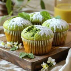 - 1 cup all-purpose flour - 1/2 cup almond flour - 2 tablespoons matcha green tea powder - 1 teaspoon baking powder - 1/2 teaspoon baking soda - 1/4 teaspoon salt - 1/2 cup granulated sugar - 1/4 cup honey or maple syrup - 1/2 cup unsweetened applesauce - 1/4 cup vegetable oil or melted coconut oil - 2 large eggs - 1 teaspoon vanilla extract - 1/2 cup white chocolate chips or dark chocolate chips (optional) Matcha green tea muffins have a unique flavor. The matcha powder gives them a rich, earthy taste. This flavor pairs well with sweet ingredients like honey and applesauce. You can also add chocolate chips for a fun twist. - Each muffin has about 150 calories. - They contain 4 grams of protein, 6 grams of fat, and 24 grams of carbs. - Matcha green tea is full of antioxidants. It boosts your metabolism and improves focus. These muffins are not just tasty; they also offer health benefits. You can enjoy a delightful treat without feeling guilty. For the full recipe, check the section above. Start by preheating your oven to 350°F (175°C). Grab a muffin tin and line it with paper liners or give it a light coat of cooking spray. This helps the muffins come out easily. Next, mix the dry ingredients. In a medium bowl, whisk together: - 1 cup all-purpose flour - 1/2 cup almond flour - 2 tablespoons matcha green tea powder - 1 teaspoon baking powder - 1/2 teaspoon baking soda - 1/4 teaspoon salt Make sure to blend these well. In another bowl, combine the wet ingredients. Mix together: - 1/2 cup granulated sugar - 1/4 cup honey or maple syrup - 1/2 cup unsweetened applesauce - 1/4 cup vegetable oil or melted coconut oil - 2 large eggs - 1 teaspoon vanilla extract Stir until this mixture is smooth. Now, it’s time to combine both mixtures. Gradually add the dry mix into the wet bowl. Use a spatula and fold gently. Stop when no dry flour remains. If you want, you can add 1/2 cup of chocolate chips at this stage. Fold them in gently so they spread throughout the batter. Now, let’s fill the muffin cups. Use a spoon or ice cream scoop to fill each cup about two-thirds full. This space allows them to rise perfectly while baking. Place the muffin tin in your preheated oven. Bake for 18 to 20 minutes. To check if they are done, insert a toothpick into the center of a muffin. It should come out clean or with just a few moist crumbs. After baking, take the muffin tin out of the oven. Let them cool in the pan for around 5 minutes. Then, transfer the muffins to a wire rack. This helps them cool completely. For a lovely presentation, serve them warm or at room temperature. You can place them on a rustic wooden board. For extra flair, dust them lightly with powdered sugar. Garnish with fresh mint leaves or edible flowers for a bright touch. Enjoy your Matcha Green Tea Muffins! - Overmixing the batter: Mixing too much makes the muffins tough. Mix just until combined. - Inaccurate measuring techniques: Use a scale or measuring cups for accuracy. This helps keep the muffins light and fluffy. - Suggestions for additional flavorings: You can add lemon zest or ginger for a nice twist. These flavors pair well with matcha. - Using high-quality matcha powder: The flavor of your muffins depends on the matcha you use. Choose a vibrant green powder for the best taste and health benefits. For the full recipe, check out the Matcha Green Tea Muffins 🧁. {{image_4}} You can easily adapt matcha green tea muffins to fit your diet. If you need a gluten-free option, use gluten-free all-purpose flour. This keeps the texture light and fluffy. For a vegan version, replace eggs with flax eggs or applesauce. This change maintains moisture without using eggs. You might also want to change the sweeteners to make them healthier. Instead of granulated sugar, consider coconut sugar or stevia. Both options add sweetness but with fewer calories. Adjust the amount based on your taste preferences. Adding extra flavors can elevate your matcha muffins. You can mix in fruits like blueberries or bananas for a burst of freshness. Nuts like walnuts or pecans can add a nice crunch and extra nutrients. Another fun idea is to infuse flavors like citrus or spices. A bit of lemon or orange zest brightens the taste. You can also add a hint of cinnamon or ginger for warmth. These add-ins create a unique twist on the classic muffin. Explore these options to find your favorite combinations! Let your muffins cool for at least 5 minutes in the pan. This helps them set. Next, move them to a wire rack. This step allows air to flow and keeps them soft. You can use a large container with a tight lid for storage. A glass or plastic container works well. You may also use a resealable plastic bag. Just remove as much air as possible to keep them fresh. Matcha muffins last about 2-3 days at room temperature. Store them in a cool, dry place. If you want them to last longer, freezing is a great option. Wrap each muffin in plastic wrap, then place them in a freezer bag. They can stay in the freezer for up to 3 months. To reheat, just take a muffin out and let it thaw. You can warm it in the microwave for about 20-30 seconds before eating. Enjoy your delicious matcha green tea muffins anytime! To make matcha green tea muffins, you start by mixing dry and wet ingredients. First, preheat your oven to 350°F (175°C). Prepare a muffin tin with paper liners. In one bowl, whisk together all-purpose flour, almond flour, matcha powder, baking powder, baking soda, and salt. In another bowl, mix granulated sugar, honey, applesauce, oil, eggs, and vanilla until smooth. Gradually combine the dry mix with the wet mix. Fold gently to avoid overmixing. Add chocolate chips if you like. Fill each muffin cup two-thirds full and bake for 18-20 minutes. Once baked, cool them on a wire rack. For the full recipe, see above. If you need an alternative to almond flour, you can use coconut flour, oat flour, or even whole wheat flour. Each option changes the texture and taste slightly. Coconut flour is very absorbent, so you need less of it. Oat flour gives a nice, mild flavor and works well in muffins. Whole wheat flour can make muffins denser but adds fiber. Adjust the amount of liquid if you switch flours to get the right batter consistency. Yes, matcha green tea offers many health benefits. It is rich in antioxidants, which help fight free radicals. These antioxidants can improve heart health and boost metabolism. Matcha also contains L-theanine, an amino acid that promotes calmness and focus. Drinking matcha may enhance brain function and support weight loss. Plus, it can provide steady energy without the jitters that coffee sometimes causes. Adding matcha to your diet can be a great choice for overall wellness. Absolutely! You can mix in flavors that complement matcha well. Citrus zest, like lemon or orange, adds a bright note. You can also use spices like cinnamon or ginger for warmth. Nuts, such as walnuts or pecans, provide crunch and depth. If you want a sweeter touch, consider adding dried fruits like cranberries or blueberries. Experimenting with flavors lets you create your unique twist on these delightful muffins! In this blog post, we explored the exciting world of matcha muffins. We covered their ingredients, from flour to matcha powder, and examined their nutritional perks. I shared step-by-step baking instructions, tips for perfect muffins, and storage advice to keep your treats fresh. You can also try creative variations to suit your taste. With these insights, you can bake delicious and healthy matcha muffins that everyone will enjoy. Feel inspired to create your own tasty version!