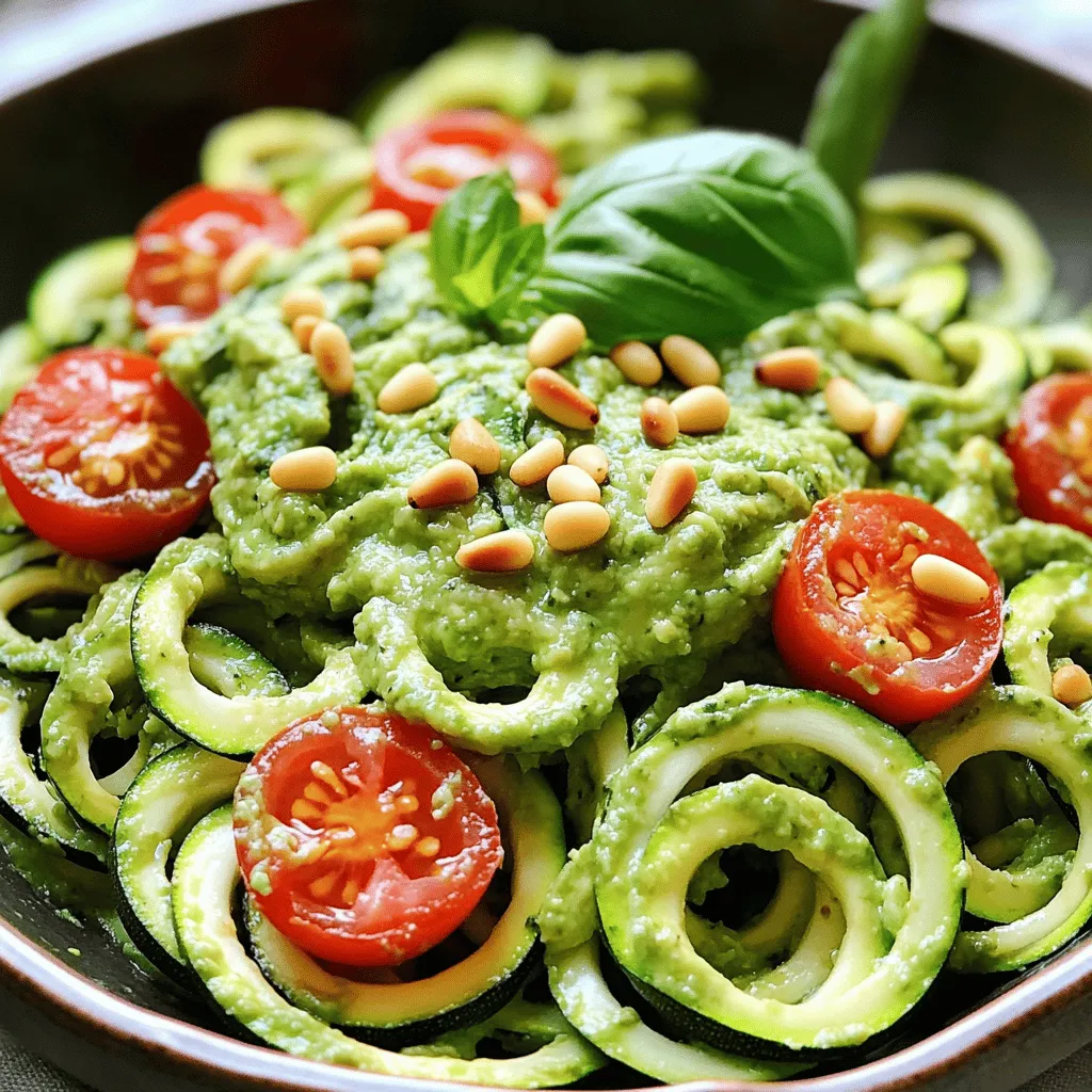 - 2 large zucchinis - 1 ripe avocado - Fresh basil leaves - Extra virgin olive oil - Freshly squeezed lemon juice - Garlic clove - Salt and black pepper - Cherry tomatoes and pine nuts for garnish You need just a few simple ingredients to make delicious zucchini noodles with pesto. Start with two large zucchinis. They are the base of this dish. You want ripe avocados for a creamy texture. Fresh basil leaves add great flavor and aroma. Extra virgin olive oil gives richness to the pesto. For the additional ingredients, add freshly squeezed lemon juice. It brightens the dish. A garlic clove gives it a zesty kick. Don't forget salt and black pepper to taste. Garnish with cherry tomatoes and toasted pine nuts for crunch and color. This combination makes the dish healthy and full of flavor. You can find the complete recipe [Full Recipe]. To start, grab your spiralizer. This tool makes long, thin noodles from zucchinis. First, wash the zucchinis. Cut off the ends, then secure one in the spiralizer. Turn the handle to create the noodles. - Tip: Use firm zucchinis for the best results. They spiralize easily and hold their shape. - Tip: If you want long noodles, press down lightly while turning. This helps shape them perfectly. Next, let’s make the avocado pesto. Take your ripe avocado, and place it in a food processor. Add fresh basil leaves, lemon juice, olive oil, and minced garlic. Blend until smooth and creamy. - Tip: If the pesto is too thick, add a splash of water. Blend again until you reach your desired texture. This will help the flavors mix well. Now, it's time to bring it all together. Pour the creamy pesto over your spiralized zucchini noodles in a large bowl. Use tongs to gently toss the noodles, coating them evenly with the vibrant pesto. For plating, divide the zesty zucchini noodles among your serving plates. Place halved cherry tomatoes on top, and sprinkle toasted pine nuts for a nice crunch. - Presentation Tip: Serve in shallow bowls. Add a small dollop of pesto on the side for extra flavor. This makes the dish look even more appealing. You can find the Full Recipe for this healthy and flavorful dish at the top! When choosing zucchinis, look for firm and shiny ones. They should feel heavy for their size. Avoid any with soft spots or blemishes. Fresh zucchinis taste better and hold their texture well. Store them in the fridge to keep them crisp. Wrap them in a paper towel to absorb moisture. This helps them last longer. For the best flavor, use ripe avocados. They should feel slightly soft when you squeeze them. This ripeness makes the pesto creamy and rich. You can also vary the ingredients. Try adding different nuts like walnuts or cashews. If you want to skip cheese, nutritional yeast works well. It adds a cheesy taste without dairy. Pair your zucchini noodles with protein for a full meal. Grilled chicken, shrimp, or chickpeas are great choices. You can also add roasted vegetables for more flavor. For a side dish, serve a light salad. A fresh green salad with lemon dressing complements the dish perfectly. For more ideas, check the Full Recipe for inspiration. {{image_4}} Zucchini noodles are great for many diets. They are naturally vegan and gluten-free. You can enjoy this dish without any animal products. The main ingredients fit well for anyone looking for healthy options. To make it gluten-free, just ensure your pesto uses gluten-free nuts. For a nut-free version, swap pine nuts with sunflower seeds. This keeps the creamy texture without nuts. If you're looking to lower fat, use less avocado in the pesto. This keeps the taste while cutting calories. You can change the flavor of your pesto easily. Try adding herbs like parsley or cilantro. This gives a fresh twist to the dish. You can also add a pinch of red pepper flakes for heat. Experimenting with nuts can change the taste too. Instead of pine nuts, use walnuts or cashews. Each nut brings a unique taste to the pesto. You can even add lemon zest for a bright flavor. Feel free to get creative with your zucchini noodles. The [Full Recipe] guides you step-by-step to make delicious meals. To keep your leftover zucchini noodles fresh, refrigerate them. Place the noodles in an airtight container. This helps them stay crisp and not soggy. Use them within two days for the best taste and texture. For the pesto, store it in a separate container. To prevent browning, drizzle a thin layer of olive oil on top before sealing. This adds flavor and keeps the bright green color. How long does the dish last in the fridge? Zucchini noodles with pesto stay good in the fridge for up to two days. After that, the noodles may become watery and lose flavor. If you want to save them for later, freezing is an option. You can freeze the zucchini noodles for up to three months. To do this, blanch them in hot water for one minute, then cool them in ice water. Drain and pack them in freezer bags. For the pesto, you can freeze it in ice cube trays. Once frozen, transfer the cubes to a freezer bag. This way, you can use just what you need later. This method keeps the flavors fresh and ready to use. You can use a few kitchen tools if you don’t have a spiralizer. A box grater works well. Just grate the zucchini into thin strips. You can also use a vegetable peeler. Simply peel the zucchini into long ribbons. Both methods give you great results! Yes, making zucchini noodles ahead of time is easy. Spiralize or slice the zucchini, then place them in an airtight container. Store them in the fridge for up to two days. To keep them fresh, you can sprinkle a little salt to draw out excess water. Zucchini noodles are low in calories and high in fiber. They help keep you full without the carbs of regular pasta. Avocado in the pesto adds healthy fats and vitamins. Together, they create a dish that is tasty and good for your body! This blog post covered how to create a delicious zucchini noodle dish with avocado pesto. You learned about the key ingredients and step-by-step instructions to make it. I shared tips for selecting the best zucchinis and perfecting your pesto. Plus, I provided storage tips to keep your dish fresh. Remember, cooking should be fun and flexible. Feel free to experiment with flavors and adaptations. Enjoy the healthy meals while impressing your friends and family!