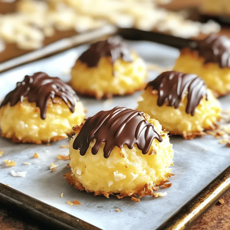 To make delicious coconut macaroons, you need: - 2 ¾ cups sweetened shredded coconut - ½ cup sweetened condensed milk - 1 teaspoon vanilla extract - ¼ teaspoon almond extract - 2 large egg whites - Pinch of salt These ingredients come together to create a chewy and sweet treat. The sweetened coconut gives it a rich flavor, while the condensed milk adds creaminess. The vanilla and almond extracts give a nice depth to the taste. If you want to add a chocolate drizzle, grab: - ½ cup semi-sweet chocolate chips This optional step makes the macaroons even more special. The warm, melted chocolate adds a nice touch. You can make some swaps if you need to. For a dairy-free option, use coconut cream instead of condensed milk. If you want to cut sugar, try unsweetened coconut with a sugar substitute. You can also add different flavors. Try using orange zest for a citrus twist or mix in chopped nuts for added crunch. These small changes can give your macaroons a unique spin. For the full recipe, check out the detailed steps to create these tasty treats! First, preheat your oven to 325°F (160°C). This ensures your macaroons bake evenly. While the oven heats, line a baking sheet with parchment paper. This step prevents the macaroons from sticking. Next, grab a mixing bowl. Combine the sweetened shredded coconut, sweetened condensed milk, vanilla extract, and almond extract. Stir well until the coconut is fully coated. The mixture should look moist and sticky. This is key for keeping your macaroons together. Now, take a separate large bowl. Add the egg whites and a pinch of salt. Beat them with an electric mixer on medium speed. Keep mixing until soft peaks form. This step adds air and makes the macaroons light. Fold the whipped egg whites into the coconut mixture gently. Use a rubber spatula to keep the mixture fluffy and airy. Use a teaspoon or a small ice cream scoop to shape the macaroons. Place rounded mounds on the prepared baking sheet, leaving about 2 inches apart. This space helps them expand while baking. Bake in the preheated oven for 15-20 minutes. Watch for a golden brown color on top. After baking, cool them on the sheet for a few minutes. Then, transfer to a wire rack to cool completely. If you want to drizzle chocolate, melt the chocolate chips and drizzle over the cooled macaroons. Enjoy your delicious coconut macaroons! For the full recipe, check the details above. To get the best texture for your macaroons, focus on the egg whites. Beat them until soft peaks form. This adds air and makes them light. Don’t rush this step. Gently fold the egg whites into the coconut mixture. Keep the fluffiness intact. This is key for that perfect bite. One common mistake is overmixing. You want to keep the mixture airy. If you mix too hard, your macaroons will be dense. Another mistake is not spacing them well on the baking sheet. They need room to expand while baking. Lastly, don’t skip cooling time. Let them cool on a wire rack to firm up nicely. Make your macaroons shine by arranging them on a nice platter. You can add a sprinkle of toasted coconut flakes around them. This adds a lovely touch. If you drizzle them with chocolate, it adds elegance. Use a fork or piping bag to create beautiful patterns. This makes your sweet treat look even more tempting! {{image_4}} I love chocolate-dipped coconut macaroons. They are a sweet twist on the classic recipe. To make them, simply follow the full recipe. After baking, let the macaroons cool. Next, melt semi-sweet chocolate chips in the microwave. Drizzle the warm chocolate over each macaroon. This adds a rich, creamy layer that pairs well with the coconut. Good news! Coconut macaroons are naturally gluten-free. You only need coconut, egg whites, and condensed milk. Just make sure your sweetened condensed milk is gluten-free. This treat is perfect for those who avoid gluten. Everyone can enjoy these delicious bites! You can get creative with flavor variations. Try adding chopped nuts like almonds or pistachios. These add crunch and flavor to each bite. You could also mix in spices like cinnamon or nutmeg for warmth. For a tropical twist, add crushed pineapple or lime zest. Each change gives your macaroons a unique taste, keeping them exciting every time you bake! To keep your coconut macaroons fresh, place them in an airtight container. Line the container with parchment paper to avoid sticking. Store them at room temperature for up to a week. If you want to keep them longer, consider freezing them. To freeze coconut macaroons, first let them cool completely. Arrange the macaroons in a single layer on a baking sheet. Freeze them for about an hour. Once frozen, transfer them to a freezer-safe bag or container. They can last up to three months in the freezer. When you're ready to enjoy, just thaw them at room temperature. Coconut macaroons can stay fresh for a week at room temperature. After this, watch for signs of spoilage. Look out for changes in texture or smell. If they become hard or develop an off odor, it's time to toss them. Always trust your senses! Coconut macaroons are made from simple ingredients. You need: - Sweetened shredded coconut - Sweetened condensed milk - Vanilla extract - Almond extract - Egg whites - Pinch of salt - Semi-sweet chocolate chips (optional for drizzling) These elements create a chewy and sweet treat. The coconut gives a rich flavor, while the condensed milk adds sweetness. To make coconut macaroons stick, you must mix the ingredients well. The sweetened condensed milk acts as glue. Beating the egg whites helps add structure. Fold the egg whites into the coconut mixture gently. This keeps the mixture light and airy. Yes, you can make coconut macaroons in advance. They store well in an airtight container. Keep them at room temperature for up to a week. If you want them fresh for longer, freeze them. Just let them thaw before serving. No, coconut macaroons differ from coconut cookies. Macaroons are denser and chewier. They contain more coconut and use egg whites. Cookies are softer and often have flour in them. Macaroons focus on the coconut flavor. To adjust sweetness, change the amount of sweetened condensed milk. If you want less sweetness, reduce it slightly. You can also use unsweetened coconut. Just remember to balance flavors. Adding a bit of salt helps enhance the taste too. You can experiment to find your perfect level of sweetness. For the full recipe, check the section above! In this article, we explored the key ingredients for coconut macaroons, including variations and substitutes. We outlined step-by-step instructions for mixing, baking, and perfecting your treats. I shared tips to achieve the best texture and avoid common mistakes. Lastly, we discussed storage methods to keep your macaroons fresh. Coconut macaroons are fun and easy to make, and they can fit many tastes. Try new flavors or toppings to make them your own!