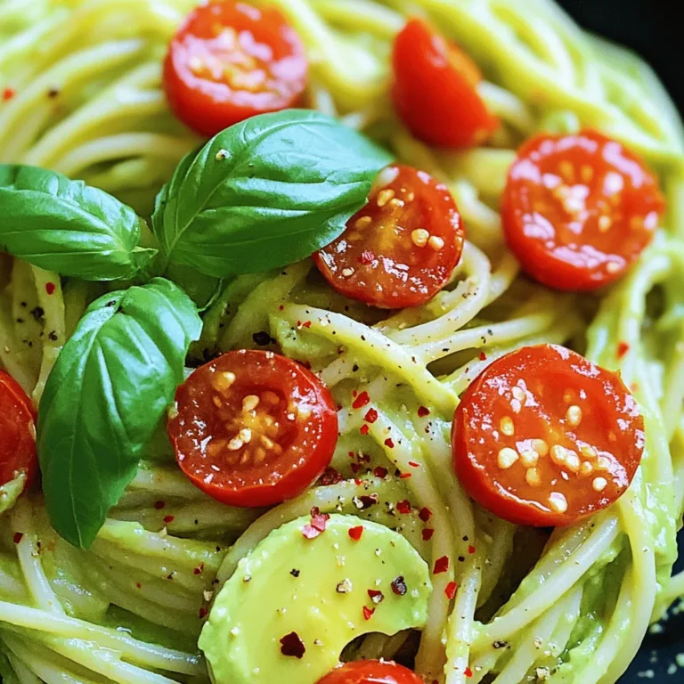 To make creamy avocado pasta, gather these fresh ingredients: - Ripe avocados - Garlic cloves - Fresh lemon juice - Basil leaves - Extra virgin olive oil - Sea salt and black pepper - Pasta selection (spaghetti or preferred shape) - Cherry tomatoes for garnish - Optional: crushed red pepper flakes These ingredients blend together to create a rich and silky sauce. Start with ripe avocados; they should feel soft to the touch. Garlic adds flavor, while lemon juice brightens the dish. Fresh basil gives it a lovely aroma. The extra virgin olive oil enhances the creaminess. Sea salt and black pepper are key for seasoning. Choose your favorite pasta shape, but spaghetti pairs best with this sauce. Cherry tomatoes add color and a fresh taste, making it visually appealing. If you like heat, sprinkle in some crushed red pepper flakes for a spicy kick. For the complete recipe, refer to the [Full Recipe]. To start, fill a large pot with water. Add a generous amount of salt to the water. Bring it to a rolling boil. Once the water boils, add 12 ounces of spaghetti. Cook it according to the package instructions. You want the pasta to be al dente, which usually takes 8 to 10 minutes. Before draining, remember to save half a cup of pasta water. Drain the spaghetti and set it aside in a large mixing bowl. Next, it's time to make the creamy avocado sauce. Grab a food processor and add the halved avocados, minced garlic, lemon juice, basil leaves, olive oil, sea salt, and black pepper. Blend the mixture on high speed. You want it to be smooth and creamy. If the sauce feels too thick, slowly add some of that reserved pasta water. Keep blending until you reach your desired creamy texture. Now, let's bring it all together. With the spaghetti still warm, pour the creamy avocado sauce over it in the mixing bowl. Toss the pasta gently. Ensure that every strand is coated with the sauce. If the pasta seems dry, add small amounts of the reserved pasta water. This will help achieve a silky texture that clings perfectly to the spaghetti. Enjoy the wonderful mix of flavors in your creamy avocado pasta. For the full recipe, you can refer to the earlier section. To get that perfect creamy texture, always reserve some pasta water. This water has starch that helps the sauce stick to the pasta. After blending your avocado sauce, add pasta water slowly until it feels just right. Next, balance the flavors with fresh lemon juice. The lemon adds a bright taste and lifts the dish. A pinch of salt and pepper also brings out the best in your sauce, making each bite delicious. When serving your creamy avocado pasta, consider garnishing with halved cherry tomatoes. Their bright color makes the dish pop. You can also add fresh basil leaves for a lovely touch. A drizzle of extra virgin olive oil before serving adds richness and makes the dish shine. These simple steps elevate your meal and impress your guests. You will need a few kitchen tools for this recipe. A good food processor is key for blending the avocado sauce smoothly. A large pot is also essential for cooking the pasta. For storage, keep leftovers in an airtight container in the fridge. This way, you can enjoy your creamy avocado pasta later without losing its great taste. {{image_4}} You can change the main ingredients for more variety. If you're out of avocados, use peas. They give a creamy texture too. You could also add Greek yogurt for a tangy twist. For herbs, try cilantro or parsley instead of basil. If you want heat, add a pinch of cayenne or smoked paprika. If you need gluten-free options, use rice or corn pasta. These work well with the sauce. For a healthier choice, consider zucchini noodles. They add a fresh crunch and lower carbs. You can spiralize zucchini easily at home. Another option is whole grain pasta for more fiber. To make a complete meal, serve the pasta with a light salad. A simple arugula salad pairs nicely. You can add a lemon vinaigrette for brightness. For wine lovers, a chilled Sauvignon Blanc complements the dish perfectly. It balances the creaminess of the pasta and adds a refreshing twist. To store leftover creamy avocado pasta, place it in an airtight container. This helps keep it fresh. You can refrigerate it for up to three days. To maintain texture and flavor, avoid mixing in extra sauce. Instead, store the sauce separately if you have any left. When you're ready to eat, simply combine them again. Can creamy avocado pasta be frozen? It’s not the best option. The avocado sauce can change in texture. However, if you must freeze it, make sure to use it within one month. Guidelines for thawing and reheating include placing it in the fridge overnight. When you reheat, do so gently on low heat. Add a splash of pasta water to help restore its creamy texture. For the best results, serve it fresh! To make creamy avocado pasta vegan, simply use plant-based ingredients. Start with ripe avocados. Replace the olive oil with a nut or seed oil if desired. You can skip the cheese or use a vegan cheese alternative. This dish remains creamy and rich without animal products. Yes, you can make the avocado sauce ahead of time. Store it in an airtight container in the fridge. To keep it from browning, add a bit more lemon juice on top. When you are ready to eat, just stir it to refresh the flavor. To boost nutrition, consider adding some veggies. Spinach or kale can blend well into the sauce. You can also top it with nuts or seeds for extra protein. Cherry tomatoes add vitamins and color, making the dish more appealing. In this blog post, we explored how to make creamy avocado pasta. We covered key ingredients, step-by-step cooking instructions, and helpful tips for the perfect dish. You learned about variations and storage options, ensuring a tasty meal every time. Remember, cooking is a fun way to express yourself. Don't hesitate to get creative with flavors and ingredients. Enjoy your time in the kitchen and savor every bite of this delicious dish!