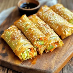 - 1 cup shredded carrots - 1 cup finely sliced cabbage - 1 bell pepper (any color), thinly sliced - 1 cup fresh bean sprouts - 2 green onions, chopped - 2 cloves garlic, minced - 1 teaspoon freshly grated ginger - 2 tablespoons soy sauce - 1 tablespoon sesame oil - ¼ teaspoon freshly ground black pepper - 1 package of spring roll wrappers - Cooking spray - Air fryer - Large mixing bowl - Clean, dry surface for wrapping - Measuring cups and spoons - Sharp knife and cutting board - Fresh cilantro - Soy sauce or sweet chili dipping sauce - Sesame seeds To start, gather all your fresh veggies. You will need shredded carrots, sliced cabbage, bell pepper, bean sprouts, and green onions. Add minced garlic and grated ginger to boost flavor. In a large bowl, mix these ingredients well. This veggie filling brings crunch and nutrients to your spring rolls. Next, we need to wrap those tasty fillings. Grab a spring roll wrapper and lay it flat. Make sure one corner points toward you. Spoon about two tablespoons of the veggie mix onto the wrapper, just above the bottom corner. Now, fold the bottom corner over the filling. Then, fold in the two side corners. Roll it up tightly from the bottom to the top. Moisten the top corner with a bit of water to seal it. Repeat this with the rest of your wrappers. Now it's time for the air fryer! Preheat it to 375°F (190°C). While it warms up, lightly spray your spring rolls with cooking spray. This helps them get that crunchy texture. Place the rolls in the air fryer basket in a single layer. Ensure they do not touch. This helps them cook evenly. Air fry for about 10-12 minutes. Flip them halfway for even browning. They should turn golden brown and crispy. Once done, let them cool for a few minutes before serving. Enjoy your delicious, healthy snack! For a full recipe, check the details above. To make your air fryer veggie spring rolls super crispy, follow these steps: - Preheat the air fryer: Always preheat your air fryer for even cooking. - Use cooking spray: A light coat of cooking spray helps create that golden crunch. - Avoid overcrowding: Place the spring rolls in a single layer. This allows hot air to circulate around them. - Flip halfway: Turn the rolls halfway through cooking for even browning on both sides. Many people face issues when making spring rolls. Here are some common mistakes: - Overfilling the wrappers: Too much filling can cause the wrappers to tear. - Using wet wrappers: Make sure the wrappers are dry before filling them. Wet wrappers can lead to soggy rolls. - Not sealing properly: Seal the wrappers well to prevent the filling from leaking during cooking. If you want to skip cooking spray, try these options: - Brush with oil: Use a pastry brush to lightly coat each spring roll with oil. - Use an oil mister: An oil mister allows for even distribution without a heavy coat. - Skip oil entirely: You can also air fry without oil, but the texture may be less crispy. By keeping these tips in mind, you can make the best air fryer veggie spring rolls. {{image_4}} You can boost your veggie spring rolls by adding protein. Tofu, shrimp, or chicken work great. For tofu, use firm tofu. Cut it into small cubes and sauté until golden. If you choose shrimp, peel and devein them first. Cook them until pink and tender. For chicken, use cooked chicken breast, shredded or diced. Mix the protein into your veggie filling. This change makes your spring rolls more filling and adds flavor. Want a kick? Add some heat to your spring rolls. You can mix in a teaspoon of sriracha or chili paste into your filling. You can also sprinkle in some crushed red pepper flakes. If you like fresh herbs, add chopped cilantro or basil for a fresh flavor. These spices and herbs will make your spring rolls exciting and tasty. Feel free to switch up the veggies! You can use ingredients like zucchini, mushrooms, or spinach. Just make sure to chop them finely. Avoid using too much water-rich veggies like tomatoes, as they can make the filling soggy. Try adding a cup of cooked quinoa for extra texture and nutrition. Using different vegetables keeps your spring rolls fresh and fun every time you make them. Check out the Full Recipe for more ideas! After enjoying your crispy air fryer veggie spring rolls, you might have some left. To store them, place the spring rolls in an airtight container. Make sure they cool down first. Keep the container in the fridge. They will stay fresh for about 2 to 3 days. When you want to eat your leftover spring rolls, reheating is key. Use your air fryer for the best results. Preheat it to 375°F (190°C). Place the spring rolls in the basket. Air fry them for 5 to 7 minutes until they are hot and crispy again. You can also use an oven. Set it to 350°F (175°C) and heat for about 10 minutes. If you want to save spring rolls for later, freezing works great. Lay them flat on a baking sheet. Make sure they do not touch each other. Freeze them for about 1 to 2 hours. Once frozen, transfer them to a freezer bag. Remove as much air as possible before sealing. They can last up to 3 months in the freezer. When you're ready to eat them, cook from frozen in your air fryer for about 12 to 15 minutes. You should air fry spring rolls for 10 to 12 minutes. This time gives them a nice golden color and crunch. Make sure to flip them halfway through cooking. This ensures even browning on all sides. Yes, you can prepare the filling a day in advance. Store it in the fridge until you are ready to wrap the spring rolls. This can save time on the day you want to cook. The spring rolls can be gluten-free if you use gluten-free wrappers. Check the label on your spring roll wrappers for gluten content. The filling is naturally gluten-free, so you just need to focus on the wrappers. Enjoy these tasty snacks without worry! Making air fryer spring rolls is fun and simple. We covered the right ingredients, how to prep the filling, and the best cooking methods. Remember the tips to get them crispy and avoid common mistakes. Feel free to experiment with fillings and spices for new flavors. Store your leftovers properly to enjoy later. Whether you make them for a snack or a meal, these spring rolls will impress. Try them out and enjoy the tasty results!