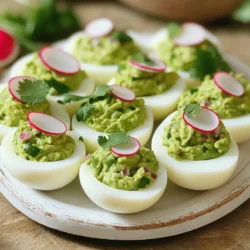To make guacamole deviled eggs, you will need the following ingredients: - 6 large eggs - 1 ripe avocado, halved and pitted - 1 tablespoon fresh lime juice - 2 tablespoons red onion, finely chopped - 1 small jalapeño, deseeded and minced - 1 tablespoon fresh cilantro, chopped - Salt and freshly ground black pepper, to taste - Sliced radishes and additional cilantro leaves for garnish These ingredients bring together a lovely mix of flavors. The eggs provide a creamy base, while the avocado adds richness. Lime juice gives a bright note, and jalapeño adds a bit of heat. The red onion and cilantro round out the taste and add freshness. You can easily adjust the salt and pepper to your liking. Don't forget the sliced radishes and cilantro leaves for garnish; they make the dish pop visually! For the complete recipe, check out the Full Recipe. It guides you through each step, ensuring you create these delightful bites with ease. - Hard-Boil the Eggs Start by placing 6 large eggs in a medium saucepan. Cover them with cold water, about an inch above the eggs. Bring the water to a boil over medium-high heat. Once boiling, cover the pan with a lid, remove it from the heat, and let it sit for 12 minutes. - Cool the Eggs After 12 minutes, move the eggs to a bowl filled with ice water. Let them cool for 5 to 10 minutes. This makes peeling easier. Once cooled, tap each egg on a hard surface to crack the shell. Peel them under running water if needed. Finally, slice each egg in half lengthwise. - Scoop and Combine Ingredients In a mixing bowl, scoop out the yolks from the hard-boiled eggs. Add the flesh of 1 ripe avocado, 1 tablespoon of fresh lime juice, 2 tablespoons of finely chopped red onion, 1 small minced jalapeño, and 1 tablespoon of chopped cilantro. Season the mix with salt and pepper. - Mash and Mix Use a fork to mash the yolks and avocado together. Mix until creamy and smooth. Make sure all ingredients are well combined. Taste it and adjust any seasonings you like. - Fill the Egg Whites With a spoon or piping bag, fill each egg white half with the guacamole mixture. This adds a fun look and a tasty bite. - Garnish and Serve For a final touch, place a slice of radish on each filled egg and add a sprig of cilantro. Arrange the guacamole deviled eggs on a platter to impress your guests. You can find the complete instructions in the Full Recipe. Enjoy your delicious creation! Choosing the Right Avocado Select a ripe avocado for a creamy texture. It should feel soft but not mushy. A good avocado will have a rich, buttery flavor that shines in this dish. Check the color too; a darker skin often means ripeness. If you buy unripe avocados, leave them on the counter for a few days until they soften. Adjusting Seasonings Taste your guacamole mix before filling the eggs. Lime juice adds zing, while salt enhances flavor. If you want heat, add more jalapeño. Remember, you can always add more, but you can't take it out. Mixing in fresh cilantro gives a bright finish. Adjust to your taste for the best results. Cooling Techniques After boiling your eggs, cool them quickly. Ice water is the best method. This stops the cooking process and makes peeling easier. Let them soak for 5 to 10 minutes. The cold water helps the shells separate from the egg white. Peeling Under Running Water When peeling, try doing it under running water. This helps remove stubborn bits of shell. Start at the wider end where there’s an air pocket. Gently roll the egg on the counter to crack it. The water will help wash away any shell fragments, leaving a smooth egg. Using a Piping Bag For a fancy look, use a piping bag to fill your egg whites. This method makes your guacamole filling look professional. If you don’t have a piping bag, a zip-top bag works too. Just cut a corner off to create a makeshift piping tool. Garnishing Ideas Garnish with sliced radishes and cilantro leaves for color and flavor. The radish adds crunch while cilantro brightens the dish. You can even sprinkle chili powder for a pop of color and taste. Arrange them on a platter for an inviting presentation that everyone will love. For the full recipe, check out the [Full Recipe]. {{image_4}} Guacamole deviled eggs are fun to make, and you can easily switch things up! Here are some tasty variations to explore. - Adding More Jalapeño: If you love heat, add more jalapeño. It brings a nice kick. Just remember to deseed and mince it well. Start with half a jalapeño and add more if you like it spicier. - Incorporating Hot Sauce: A few drops of your favorite hot sauce can spice things up too. It adds flavor and heat without changing the texture of the deviled eggs. Try adding a dash of sriracha or Tabasco for a zesty twist. - Adding Diced Tomatoes: For a fresh taste, stir in some diced tomatoes. They add color and a juicy burst. Use small cherry tomatoes for a sweeter flavor. Just make sure to drain any excess juice. - Including Edible Flowers: For a beautiful touch, top your eggs with edible flowers. They add a pop of color and look stunning on the table. Choose flowers like nasturtiums or pansies to make your dish stand out. - Serving on Crackers: For a fun twist, spoon the mixture onto your favorite crackers. This adds crunch and makes a great appetizer. Choose sturdy crackers that can hold the guacamole well. - Pairing with Salads: You can serve these eggs with a fresh salad too. A simple green salad or a zesty slaw pairs nicely. The creamy filling complements the crisp veggies for a balanced bite. Explore these variations to make your guacamole deviled eggs unique. For the complete recipe, check out the [Full Recipe]. Store any leftover guacamole deviled eggs in an airtight container. This keeps them fresh and tasty. Place a piece of plastic wrap directly on the eggs to reduce air exposure. They last in the fridge for up to two days. After that, the avocado may brown and lose flavor. Reheating guacamole deviled eggs isn't common, but you can do it if needed. The best method is using a microwave. Heat them on low power for short bursts, about 10-15 seconds. This keeps the texture nice. Avoid heating them too long, or they may get soggy. Freezing is a great way to save time. However, do not freeze the filled eggs. Instead, freeze the egg whites and the guacamole filling separately. Wrap the egg whites in plastic wrap. Store the filling in a freezer-safe bag. To defrost, place them in the fridge overnight. Use them within a month for the best taste. To make guacamole deviled eggs, start with hard-boiled eggs. After boiling, cool and peel the eggs. Slice them in half lengthwise and scoop out the yolks. In a bowl, mix the yolks with ripe avocado, lime juice, red onion, jalapeño, and cilantro. Season with salt and pepper. Finally, fill the egg whites with this creamy mixture. Key ingredients include: - 6 large eggs - 1 ripe avocado - 1 tablespoon fresh lime juice - 2 tablespoons red onion - 1 small jalapeño - 1 tablespoon fresh cilantro Yes, you can make guacamole deviled eggs ahead of time. They taste great when chilled. Store them in the fridge. Use an airtight container to keep them fresh. They last about two days in the fridge. To prep in advance, boil the eggs and make the filling. You can fill the eggs right before serving. This keeps them looking nice and fresh. If you need a substitute for avocado, there are a few options. You can use hummus for a creamy texture. Greek yogurt also works well. Another option is mashed banana, which adds a sweet twist. Other healthy fats to consider are nut butters or tahini. These will change the flavor but can still provide a tasty filling. This blog post covered how to make tasty guacamole deviled eggs step by step. You learned about key ingredients, cooking methods, and helpful tips. Remember to pick the best avocado for great flavor. Don’t forget to experiment with spices and toppings to make your dish unique. These eggs can also be stored or frozen for later use. Enjoy making this fun dish, and impress your friends with your cooking skills!