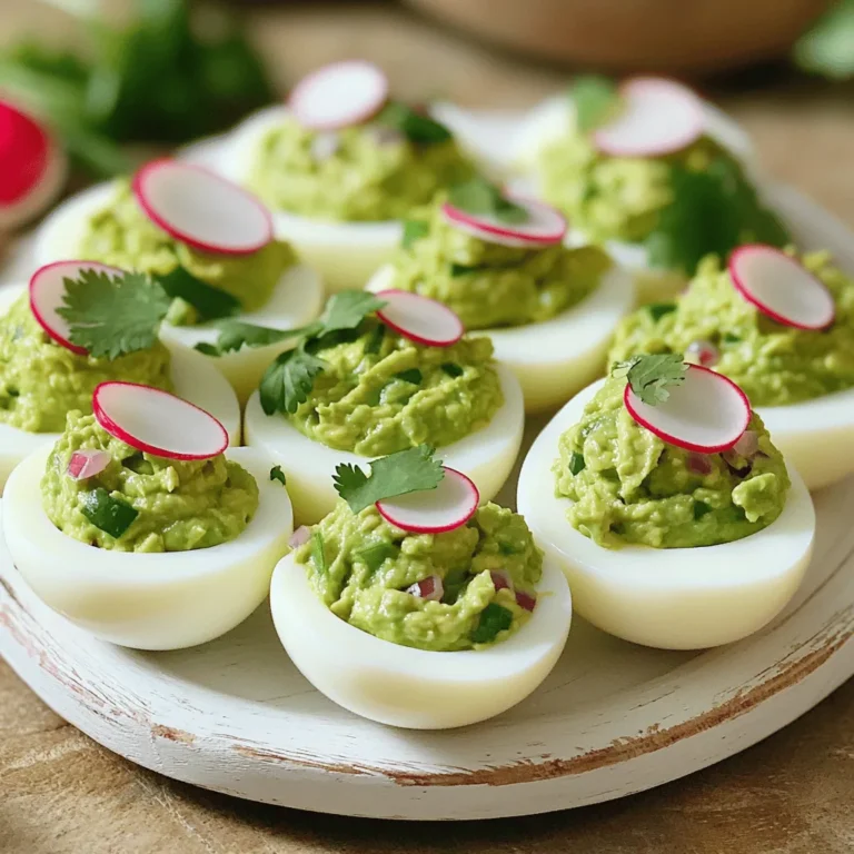 To make guacamole deviled eggs, you will need the following ingredients: - 6 large eggs - 1 ripe avocado, halved and pitted - 1 tablespoon fresh lime juice - 2 tablespoons red onion, finely chopped - 1 small jalapeño, deseeded and minced - 1 tablespoon fresh cilantro, chopped - Salt and freshly ground black pepper, to taste - Sliced radishes and additional cilantro leaves for garnish These ingredients bring together a lovely mix of flavors. The eggs provide a creamy base, while the avocado adds richness. Lime juice gives a bright note, and jalapeño adds a bit of heat. The red onion and cilantro round out the taste and add freshness. You can easily adjust the salt and pepper to your liking. Don't forget the sliced radishes and cilantro leaves for garnish; they make the dish pop visually! For the complete recipe, check out the Full Recipe. It guides you through each step, ensuring you create these delightful bites with ease. - Hard-Boil the Eggs Start by placing 6 large eggs in a medium saucepan. Cover them with cold water, about an inch above the eggs. Bring the water to a boil over medium-high heat. Once boiling, cover the pan with a lid, remove it from the heat, and let it sit for 12 minutes. - Cool the Eggs After 12 minutes, move the eggs to a bowl filled with ice water. Let them cool for 5 to 10 minutes. This makes peeling easier. Once cooled, tap each egg on a hard surface to crack the shell. Peel them under running water if needed. Finally, slice each egg in half lengthwise. - Scoop and Combine Ingredients In a mixing bowl, scoop out the yolks from the hard-boiled eggs. Add the flesh of 1 ripe avocado, 1 tablespoon of fresh lime juice, 2 tablespoons of finely chopped red onion, 1 small minced jalapeño, and 1 tablespoon of chopped cilantro. Season the mix with salt and pepper. - Mash and Mix Use a fork to mash the yolks and avocado together. Mix until creamy and smooth. Make sure all ingredients are well combined. Taste it and adjust any seasonings you like. - Fill the Egg Whites With a spoon or piping bag, fill each egg white half with the guacamole mixture. This adds a fun look and a tasty bite. - Garnish and Serve For a final touch, place a slice of radish on each filled egg and add a sprig of cilantro. Arrange the guacamole deviled eggs on a platter to impress your guests. You can find the complete instructions in the Full Recipe. Enjoy your delicious creation! Choosing the Right Avocado Select a ripe avocado for a creamy texture. It should feel soft but not mushy. A good avocado will have a rich, buttery flavor that shines in this dish. Check the color too; a darker skin often means ripeness. If you buy unripe avocados, leave them on the counter for a few days until they soften. Adjusting Seasonings Taste your guacamole mix before filling the eggs. Lime juice adds zing, while salt enhances flavor. If you want heat, add more jalapeño. Remember, you can always add more, but you can't take it out. Mixing in fresh cilantro gives a bright finish. Adjust to your taste for the best results. Cooling Techniques After boiling your eggs, cool them quickly. Ice water is the best method. This stops the cooking process and makes peeling easier. Let them soak for 5 to 10 minutes. The cold water helps the shells separate from the egg white. Peeling Under Running Water When peeling, try doing it under running water. This helps remove stubborn bits of shell. Start at the wider end where there’s an air pocket. Gently roll the egg on the counter to crack it. The water will help wash away any shell fragments, leaving a smooth egg. Using a Piping Bag For a fancy look, use a piping bag to fill your egg whites. This method makes your guacamole filling look professional. If you don’t have a piping bag, a zip-top bag works too. Just cut a corner off to create a makeshift piping tool. Garnishing Ideas Garnish with sliced radishes and cilantro leaves for color and flavor. The radish adds crunch while cilantro brightens the dish. You can even sprinkle chili powder for a pop of color and taste. Arrange them on a platter for an inviting presentation that everyone will love. For the full recipe, check out the [Full Recipe]. {{image_4}} Guacamole deviled eggs are fun to make, and you can easily switch things up! Here are some tasty variations to explore. - Adding More Jalapeño: If you love heat, add more jalapeño. It brings a nice kick. Just remember to deseed and mince it well. Start with half a jalapeño and add more if you like it spicier. - Incorporating Hot Sauce: A few drops of your favorite hot sauce can spice things up too. It adds flavor and heat without changing the texture of the deviled eggs. Try adding a dash of sriracha or Tabasco for a zesty twist. - Adding Diced Tomatoes: For a fresh taste, stir in some diced tomatoes. They add color and a juicy burst. Use small cherry tomatoes for a sweeter flavor. Just make sure to drain any excess juice. - Including Edible Flowers: For a beautiful touch, top your eggs with edible flowers. They add a pop of color and look stunning on the table. Choose flowers like nasturtiums or pansies to make your dish stand out. - Serving on Crackers: For a fun twist, spoon the mixture onto your favorite crackers. This adds crunch and makes a great appetizer. Choose sturdy crackers that can hold the guacamole well. - Pairing with Salads: You can serve these eggs with a fresh salad too. A simple green salad or a zesty slaw pairs nicely. The creamy filling complements the crisp veggies for a balanced bite. Explore these variations to make your guacamole deviled eggs unique. For the complete recipe, check out the [Full Recipe]. Store any leftover guacamole deviled eggs in an airtight container. This keeps them fresh and tasty. Place a piece of plastic wrap directly on the eggs to reduce air exposure. They last in the fridge for up to two days. After that, the avocado may brown and lose flavor. Reheating guacamole deviled eggs isn't common, but you can do it if needed. The best method is using a microwave. Heat them on low power for short bursts, about 10-15 seconds. This keeps the texture nice. Avoid heating them too long, or they may get soggy. Freezing is a great way to save time. However, do not freeze the filled eggs. Instead, freeze the egg whites and the guacamole filling separately. Wrap the egg whites in plastic wrap. Store the filling in a freezer-safe bag. To defrost, place them in the fridge overnight. Use them within a month for the best taste. To make guacamole deviled eggs, start with hard-boiled eggs. After boiling, cool and peel the eggs. Slice them in half lengthwise and scoop out the yolks. In a bowl, mix the yolks with ripe avocado, lime juice, red onion, jalapeño, and cilantro. Season with salt and pepper. Finally, fill the egg whites with this creamy mixture. Key ingredients include: - 6 large eggs - 1 ripe avocado - 1 tablespoon fresh lime juice - 2 tablespoons red onion - 1 small jalapeño - 1 tablespoon fresh cilantro Yes, you can make guacamole deviled eggs ahead of time. They taste great when chilled. Store them in the fridge. Use an airtight container to keep them fresh. They last about two days in the fridge. To prep in advance, boil the eggs and make the filling. You can fill the eggs right before serving. This keeps them looking nice and fresh. If you need a substitute for avocado, there are a few options. You can use hummus for a creamy texture. Greek yogurt also works well. Another option is mashed banana, which adds a sweet twist. Other healthy fats to consider are nut butters or tahini. These will change the flavor but can still provide a tasty filling. This blog post covered how to make tasty guacamole deviled eggs step by step. You learned about key ingredients, cooking methods, and helpful tips. Remember to pick the best avocado for great flavor. Don’t forget to experiment with spices and toppings to make your dish unique. These eggs can also be stored or frozen for later use. Enjoy making this fun dish, and impress your friends with your cooking skills!