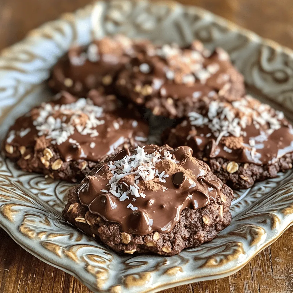 In this section, I'll share the key ingredients for making no-bake chocolate oatmeal cookies. Each ingredient plays a vital role in flavor and texture. - 1 cup rolled oats - 1/2 cup creamy peanut butter - 1/2 cup unsweetened cocoa powder - 1/2 cup honey or maple syrup - 1/4 cup coconut oil, melted - 1 teaspoon pure vanilla extract - 1/4 teaspoon fine sea salt - Optional add-ins: 1/2 cup chocolate chips, 1/4 cup shredded coconut These ingredients come together to create a rich, chewy, and satisfying treat. Rolled oats form the base, giving the cookies structure. Creamy peanut butter adds creaminess and protein. Unsweetened cocoa powder gives that deep chocolate flavor. Honey or maple syrup acts as a natural sweetener, while coconut oil helps bind the mix together. Don't forget the vanilla extract for aroma and flavor! A pinch of fine sea salt enhances all the tastes. If you want to add extra fun, toss in chocolate chips or shredded coconut for texture. You can find the full recipe in the previous section. Each ingredient works together to create a quick and easy treat you will love! Gather all your ingredients and tools before you start. You will need: - 1 cup rolled oats - 1/2 cup creamy peanut butter - 1/2 cup unsweetened cocoa powder - 1/2 cup honey or maple syrup - 1/4 cup coconut oil, melted - 1 teaspoon pure vanilla extract - 1/4 teaspoon fine sea salt - 1/2 cup chocolate chips (optional) - 1/4 cup shredded coconut (optional) Using a medium-sized saucepan is key. It prevents spills and gives enough space for mixing. Start by melting the coconut oil in the saucepan. Add honey or maple syrup, cocoa powder, and sea salt. Heat this over low to medium. Stir it well. You want a smooth, velvety mix. Once smooth, take it off the heat. Now, mix in the peanut butter and vanilla extract. Stir until they blend completely. This creates a rich chocolate base that is simply divine. Next, fold in the rolled oats. Gently stir until every oat is coated in the chocolate mix. If you want extra flavor, fold in chocolate chips or shredded coconut. Now, line a baking sheet with parchment paper. Using a spoon or cookie scoop, drop spoonfuls of the mixture onto the paper. Shape them into cookies if you like. Keep the sizes even for better setting. Finally, place the baking sheet in the fridge. Let the cookies set for at least 30 minutes. After that, they are ready to enjoy! For the full recipe, refer to the earlier section. Mixing well is key to your cookies. If you don't blend the ingredients enough, the texture suffers. Aim for a smooth, homogenous chocolate base before adding oats. Adding the right amount of oats is also important. If your mixture is too thick, add a splash of your sweetener. If too thin, add more oats. You can also play with add-ins like chocolate chips or shredded coconut. These can change texture and flavor in delightful ways. When you serve these no-bake cookies, think about presentation. Place them on a nice platter. A sprinkle of cocoa or coconut on top adds charm. You can pair these treats with a glass of cold milk or a warm cup of coffee. They also go well with herbal tea for a relaxing snack. If your cookies crumble, you may need to adjust the moisture. Adding a bit more peanut butter or sweetener can help. For a smooth chocolate mixture, heat gently and stir continuously. If it seizes or thickens too much, add a tiny bit of warm water. This can bring it back to life. Remember, the goal is a silky, rich chocolate mixture that coats the oats perfectly. For the [Full Recipe], check the earlier section! {{image_4}} You can make your no-bake cookies even better by adding spices. Try cinnamon for warmth or nutmeg for a festive taste. Both spices blend well with chocolate. If you love nut butter, explore other options. Almond butter, cashew butter, or sunflower seed butter work nicely. Each brings a unique flavor to your cookies. Want to make your cookies vegan? Use maple syrup instead of honey. It adds sweetness without any animal products. For a gluten-free treat, choose certified gluten-free oats. This ensures your cookies are safe for those with gluten allergies. Make your cookies more exciting by adding nuts or seeds. Chopped walnuts or sunflower seeds add crunch and healthy fats. You can also mix in dried fruit like raisins or cranberries. They give a sweet surprise in every bite. If you want a twist, use flavored chocolate or dark chocolate. These options elevate the taste and make your cookies special. For the full recipe, check out the section above. To keep your no-bake chocolate oatmeal cookies fresh, store them in an airtight container. This prevents them from drying out. You can use glass or plastic containers. Both types work well. Avoid using containers that do not seal tightly. These cookies stay fresh in the fridge for up to one week. If they start to smell off or look dry, it’s time to toss them. Always check for any mold or unusual colors. If they seem hard, they might be past their prime. If you want to save them longer, you can freeze the cookies. Place them in a single layer on a baking sheet first. This prevents them from sticking together. Once frozen, transfer them to a freezer-safe container. They can stay frozen for up to three months. To thaw, leave them in the fridge overnight. This way, they keep their flavor and texture. If you need them fast, let them sit at room temperature for a while. Enjoy your no-bake treats any time! For the full recipe, check out the details above. Yes, you can use quick oats. They will change the texture. Quick oats absorb moisture more quickly. This may make your cookies softer. If you like a chewy cookie, stick with rolled oats. No-bake cookies usually take about 30 minutes to set. It is best to chill them in the fridge. This helps them firm up nicely. You can leave them longer if you want them firmer. You can use almond butter or sunflower seed butter. Both offer a similar creamy texture. If nut-free, sunflower seed butter is a great choice. Just ensure it is smooth for best results. Yes, you can melt the mixture in the microwave. Use a microwave-safe bowl and heat in short bursts. Stir between each interval to prevent burning. This method is quick and easy! Yes, no-bake cookies are safe to eat without baking. The ingredients are usually safe raw. However, always check your ingredients for quality. Enjoy these sweet treats without any worries! For the full recipe, check out the section above. In this blog post, we explored how to make delicious no-bake cookies. We discussed each ingredient's role, from oats to coconut oil. You learned step-by-step instructions for the perfect cookie texture. We also covered tips for serving and variations to suit your taste. Remember, cooking can be fun and simple. With these recipes and tips, you can create tasty treats. Enjoy experimenting with flavors and sharing your cookies. Happy baking!