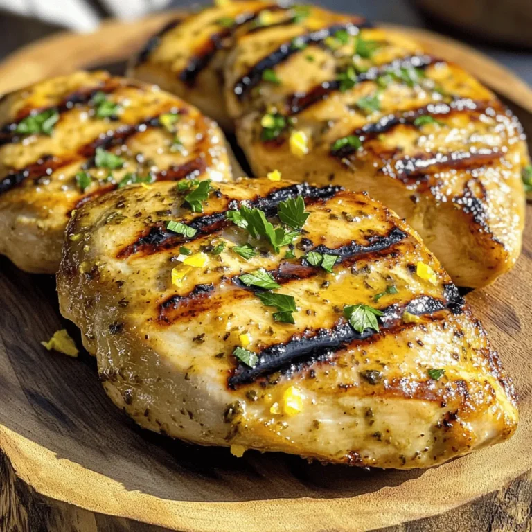 - 4 boneless, skinless chicken breasts - 4 cloves of garlic, finely minced - 1/4 cup fresh lemon juice (about 2 lemons) - 1 teaspoon fresh lemon zest - 1/4 cup extra virgin olive oil - 2 teaspoons dried oregano - 2 teaspoons dried thyme - 1 teaspoon sweet paprika - Salt and freshly ground black pepper to taste - Fresh parsley, finely chopped (for garnish) The key ingredients in this recipe work well together. The chicken breasts are the main part. Each breast should be about 6 ounces for best results. Use 4 cloves of garlic for strong flavor. The lemon juice adds brightness and tang, so use 1/4 cup for a balanced taste. The olive oil helps keep the chicken moist. Using 1/4 cup of oil is perfect. Dried oregano and thyme give a nice herb taste. Two teaspoons of each is just right. For a hint of sweetness, add one teaspoon of sweet paprika. Season with salt and black pepper to taste. Choose fresh chicken breasts for the best flavor. Look for breasts that are plump and pink. Fresh garlic adds a strong taste. Use lemons that feel heavy for their size; they will be juicy. Extra virgin olive oil should smell fresh and fruity. Dried herbs should be stored in a cool, dark place. Check the date on the jar to ensure they are not old. Fresh parsley should be bright green and crisp. This way, it will add great color and taste to your dish. For the full recipe, follow the steps closely to ensure a delicious result. To start, gather your ingredients. You'll need garlic, lemon juice, lemon zest, olive oil, oregano, thyme, paprika, salt, and pepper. In a medium bowl, mix the minced garlic, lemon juice, lemon zest, olive oil, dried oregano, dried thyme, paprika, salt, and pepper. Whisk it all together until smooth. This marinade gives the chicken a bright, fresh flavor. Next, take your chicken breasts. Place them in a large resealable bag or a shallow dish. Pour the marinade over the chicken. Make sure each piece is coated well. Seal the bag tightly or cover the dish. Refrigerate for at least one hour. For the best taste, marinate for up to four hours. This step helps the chicken soak up all the tasty flavors. Now, it’s time to grill. Preheat your grill to medium-high heat. This helps get nice grill marks. Remove the chicken from the fridge. Let any extra marinade drip off. Place it on the hot grill. Cook for about 6-7 minutes on each side. Check the chicken’s temperature; it should be 165°F (75°C). The outside should look golden brown. After grilling, let the chicken rest for five minutes. This keeps it juicy when you slice it. Before serving, sprinkle fresh parsley on top for a pop of color. For the full recipe, check the section above. To get those perfect grill marks, preheat your grill well. A hot grill sears the chicken and creates those lovely lines. Place the chicken on the grill without moving it for the first few minutes. This helps form a nice crust. After three to four minutes, rotate the chicken 90 degrees. This gives you that crosshatch look. Flip the chicken only once to keep it juicy and tender. Cooking time depends on the thickness of your chicken breasts. Thin breasts cook fast, about 5-6 minutes per side. Thicker ones may need 7-8 minutes. To be sure, use a meat thermometer. The chicken should reach 165°F (75°C) inside. If you don't have one, cut into the thickest part. The juices should run clear, not pink. After grilling, let the chicken rest for 5 minutes. This step is key for juicy chicken. Resting lets the juices redistribute. If you cut too soon, the juices escape, making the chicken dry. Cover it loosely with foil to keep it warm. This small step makes a big difference in flavor. For the complete cooking process, check out the Full Recipe. {{image_4}} You can change the flavor of your grilled chicken with different citrus fruits. Try lime or orange juice instead of lemon. Each fruit adds its unique taste. You can also mix herbs. Use fresh basil or cilantro for a fresh twist. These changes keep the meal fun and new. If you don’t have a grill, don’t worry! You can cook this chicken in the oven or on the stovetop. For the oven, preheat it to 400°F (200°C). Place the marinated chicken on a baking sheet. Bake it for about 20-25 minutes. Check that it reaches 165°F inside. If using the stovetop, heat a skillet over medium-high heat. Add a little oil and cook the chicken for 6-7 minutes on each side. Both methods give you tasty results. Once your chicken is grilled, it’s time to serve! I love to place the chicken on a large platter. Add fresh lemon wedges and a sprinkle of parsley for color. You can pair it with grilled veggies or a fresh salad. For a comforting side, serve it with rice or mashed potatoes. These options make your meal feel complete and satisfying. Check out the Full Recipe for more ideas to impress your guests! After enjoying your Lemon Garlic Herb Grilled Chicken, store leftovers in an airtight container. Keep it in the fridge for up to three days. Make sure the chicken cools down first. This keeps it fresh and tasty for your next meal. To reheat the chicken, use a microwave or oven. If using a microwave, place the chicken on a microwave-safe plate. Heat it for about 1-2 minutes. Check if it's warm throughout. For the oven, preheat to 350°F (175°C). Wrap the chicken in foil and heat for 10-15 minutes. This helps keep it juicy and flavorful. If you want to save some chicken for later, freezing is a great option. Place the cooked chicken in a freezer-safe bag. Remove as much air as possible before sealing. You can freeze it for up to three months. When you're ready to eat, thaw it in the fridge overnight. Then, reheat it as mentioned above. Enjoy that delicious flavor anytime! For the full recipe, check out the Lemon Garlic Herb Grilled Chicken details above! You can serve Lemon Garlic Herb Grilled Chicken with many sides. I love pairing it with grilled vegetables, like zucchini or bell peppers. A fresh salad with greens and a light vinaigrette also works well. Rice or quinoa can add a nice touch, too. You might even try garlic bread for a hearty meal. These sides bring out the chicken's bright lemon flavor. Yes, you can use different meats if you like. This marinade is great on chicken thighs or pork chops. You can also try it on fish, like salmon or tilapia. Just keep in mind that cooking times may change based on the meat you choose. Always check the internal temperature to ensure it’s safe to eat. To know if your chicken is done, use a meat thermometer. The internal temperature should reach 165°F (75°C). You can also check the juices; they should run clear, not pink. The chicken should look golden brown and have nice grill marks. Let it rest for five minutes after grilling to keep it juicy. In this post, we covered the key ingredients for Lemon Garlic Herb Grilled Chicken and how to prepare them. We explored step-by-step instructions for marinating and grilling. You learned tricks for perfect grill marks and proper cooking times. We discussed variations, including cooking methods and serving ideas, and wrapped up with storage tips. Grilled chicken can be simple and delicious with the right approach. Try these methods to enjoy your meals even more. Enjoy experimenting with flavors and cooking styles!
