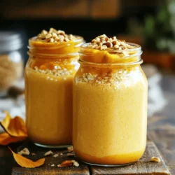 To make delicious Pumpkin Spice Overnight Oats, gather these simple ingredients: - 1 cup rolled oats - 1 cup almond milk (or any milk of your choice) - ½ cup canned pumpkin puree - 1 tablespoon chia seeds - 2 tablespoons maple syrup (or honey for sweetness) - 1 teaspoon pumpkin pie spice - ½ teaspoon vanilla extract - A pinch of salt - ¼ cup Greek yogurt (optional, for an extra creamy texture) - Crushed nuts or granola for topping (optional, for added crunch) Each ingredient plays a key role in making these oats tasty and nutritious. The rolled oats provide a hearty base, while the pumpkin puree adds a fun fall flavor. The chia seeds help thicken the mixture and boost fiber. Maple syrup or honey sweetens the oats just right. Pumpkin pie spice gives that warm, cozy taste we all love. If you want creaminess, Greek yogurt can be mixed in. Top it off with crushed nuts or granola for some crunch. This combination makes for a satisfying breakfast that you can enjoy all season long. For the full recipe, check out the instructions to create this delightful dish! To make pumpkin spice overnight oats, follow these simple steps. 1. Combine rolled oats and chia seeds: In a large mixing bowl, add 1 cup of rolled oats and 1 tablespoon of chia seeds. Stir them well. This mix will give your oats a nice texture. 2. Mix in pumpkin puree and sweeteners: Add ½ cup of canned pumpkin puree, 2 tablespoons of maple syrup (or honey), 1 teaspoon of pumpkin pie spice, ½ teaspoon of vanilla extract, and a pinch of salt to the bowl. Stir all the ingredients until they blend well. 3. Gradually add almond milk: Slowly pour in 1 cup of almond milk while stirring the mixture. This helps the oats soak up the milk fully. 4. Incorporate Greek yogurt (optional): If you want creamier oats, fold in ¼ cup of Greek yogurt now. This step adds a rich texture. 5. Divide into jars and refrigerate overnight: Spoon the mixture into two mason jars or airtight containers. Press down slightly to pack the oats. Seal the jars tightly and place them in the fridge. Let them chill overnight or for at least 4 hours. Now, you can wake up to a tasty fall breakfast! These pumpkin spice overnight oats are easy, quick, and full of flavor. Enjoy them straight from the jar or transfer to a bowl for extra toppings. For the full recipe, check out the details above. - Use fresh ingredients for optimal flavor. Fresh oats and spices enhance taste. - Stir the oats before serving to redistribute ingredients. This helps mix flavors evenly. - Adjust liquid for preferred consistency. Add more milk for thinner oats or less for thicker ones. - Serve in jars for a rustic look. Mason jars add charm and are easy to store. - Garnish with fresh fruit or extra yogurt. This adds color and richness to your dish. These tips will help you create the best pumpkin spice overnight oats. For the full recipe, check out the detailed instructions above. {{image_4}} You can make these oats even more fun! Try using coconut milk instead of almond milk. This small switch gives your oats a creamy and tropical taste. It’s like a mini vacation in a jar! You can also add dried fruits or nuts. They bring in a nice crunch and extra flavor. Think raisins, cranberries, or walnuts. Each bite will surprise your taste buds. Fall is the best time to play with flavors. Instead of pumpkin pie spice, try apple pie spice. It gives a warm and sweet taste that feels like home. You can also mix in seasonal fruits like apples or pears. They add freshness and sweetness. Slice them thin and layer them on top for a pretty look. These simple changes keep your breakfast exciting and tasty! To keep your pumpkin spice overnight oats fresh, use airtight containers. This helps lock in flavor and moisture. You can store them in the fridge for up to three days. This way, you can enjoy a tasty breakfast anytime. If you want to save some oats for later, consider freezing individual servings. This method allows for longer storage. Simply thaw them overnight in the refrigerator before serving. This keeps the texture nice and creamy when you're ready to eat. Pumpkin spice overnight oats last up to three days in the fridge. Store them in airtight containers. They stay fresh and tasty throughout this period. Just make sure to keep them sealed. Yes, you can easily make these oats vegan. Simply use plant-based milk like almond or oat milk. For the creamy texture, skip the Greek yogurt or use a vegan yogurt. Maple syrup is a great vegan sweetener too. Absolutely! If you prefer warm oats, heat them in the microwave. Start with 30 seconds, then stir. You can add a splash of milk to help them warm up nicely. Just be careful not to overheat them. Boost your oats with protein easily. Consider adding nuts like almonds or walnuts. You can also sprinkle seeds like chia or hemp on top. For an even bigger boost, mix in some protein powder. You learned how to make Pumpkin Spice Overnight Oats. The recipe uses simple ingredients and takes little time. I shared tips for creaminess and presentation to make your oats shine. You can change flavors with different spices or fruits. Store these oats easily and enjoy them fresh or frozen. Try this dish for breakfast or snacks. It's tasty, healthy, and fun to make. You will love how simple and fast it is. Enjoy your new recipe!