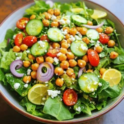 - 1 can (15 oz) chickpeas, thoroughly drained and rinsed - 2 tablespoons extra virgin olive oil - 1 teaspoon smoked paprika - 1/2 teaspoon garlic powder - Sea salt and freshly cracked black pepper, to taste - 4 cups assorted mixed greens (spinach, arugula, or your favorite lettuce) - 1 medium cucumber, diced into bite-sized pieces - 1 cup cherry tomatoes, halved - 1/4 red onion, very thinly sliced - 1/4 cup feta cheese, crumbled (optional) - 2 tablespoons fresh lemon juice - 1 tablespoon apple cider vinegar - Feta cheese - Additional vegetables Chickpeas are a great source of protein and fiber. They help keep you full and support digestion. They also provide iron, which is vital for energy. Eating fresh vegetables boosts your vitamins and minerals. The greens add vitamins A and C, while tomatoes give you antioxidants. Cucumber keeps you hydrated and adds crunch. This salad nourishes your body while tasting great. Each bite of this crispy chickpea salad is not just a meal; it's a step toward better health. For the full recipe, check the earlier section! Start by rinsing and seasoning your chickpeas. Drain one can of chickpeas and rinse them under cold water. This step helps remove any excess sodium. In a bowl, mix the chickpeas with two tablespoons of extra virgin olive oil, one teaspoon of smoked paprika, and half a teaspoon of garlic powder. Add sea salt and black pepper to taste. Toss until all chickpeas are covered in the spices. Now, let’s roast the chickpeas. Preheat your oven to 400°F (200°C). Spread the seasoned chickpeas on a baking sheet lined with parchment paper. Make sure they are in a single layer. This helps them crisp up nicely. Roast them for about 25 to 30 minutes. Shake the pan halfway through to ensure even cooking. When done, they should be golden brown and crispy. Next, we will prepare the salad base. In a large bowl, add four cups of assorted mixed greens. You can use spinach, arugula, or your favorite lettuce. This creates a vibrant and healthy foundation. Add diced cucumber, halved cherry tomatoes, and thinly sliced red onion to the greens. If you like, sprinkle 1/4 cup of crumbled feta cheese on top for extra flavor. Now for the dressing. In a small bowl, whisk together two tablespoons of fresh lemon juice and one tablespoon of apple cider vinegar. Drizzle this over the salad and toss gently. This helps mix all the flavors together. Finally, it’s time to toss everything together. Once the chickpeas are roasted and slightly cooled, add them to the salad mixture. Give everything a final gentle toss. For serving, use wide, shallow bowls. This helps show off the colorful salad. You can garnish with a few extra crispy chickpeas on top for added texture. A drizzle of extra virgin olive oil before serving adds a nice touch. Enjoy the burst of flavor in every bite! For the full recipe, see above. To get the best crispiness from your chickpeas, start with well-drained and rinsed beans. Spread them out on a baking sheet to allow air to circulate. Use high heat, around 400°F (200°C), for even cooking. Roast for about 25-30 minutes, giving the pan a shake halfway through. This helps them brown evenly. For extra flavor, toss the chickpeas in spices before roasting. Smoked paprika adds a nice kick. Garlic powder enhances the taste too. Feel free to experiment with your favorite spices like cumin or chili powder. You can make this salad ahead of time. Store the crispy chickpeas in an airtight container. They stay crunchy for a few days. Keep the salad base and dressing separate. This way, it stays fresh. For meal prep, you can assemble all ingredients in jars. Layer the greens, veggies, and chickpeas. Add the dressing on top in a small container. Just shake and serve when you're ready. This salad goes great with grilled chicken or fish. It adds a nice crunch and freshness to your meal. You can also pair it with a warm soup for a cozy lunch. When it comes to drinks, a light white wine complements the salad well. If you prefer non-alcoholic drinks, try sparkling water with lemon. It refreshes and balances the flavors. For the full recipe, check out the details above. {{image_4}} You can mix it up with greens and veggies. Try kale or romaine instead of mixed greens. For veggies, add bell peppers or shredded carrots. You can even toss in some avocado for creaminess. For protein, chickpeas are great, but you can also use black beans or lentils. If you want meat, grilled chicken or shrimp works well. These swaps keep the salad fresh and exciting. You can make your own dressing at home. A simple mix of olive oil, lemon juice, and mustard is tasty. You could also blend tahini with garlic and water for a creamy option. If you're in a hurry, many store-bought options exist. Look for vinaigrettes made with fresh ingredients. Just check the label for added sugars or preservatives. Change your salad based on the season. In spring, add radishes and peas for a crisp touch. Summer calls for juicy peaches or berries. In fall, try roasted squash or apples. For winter, consider adding citrus segments or pomegranate seeds. Using seasonal ingredients makes the salad more vibrant and flavorful. Each season brings its own fresh options to enjoy. To keep your crispy chickpea salad fresh, put it in an airtight container. Place it in the fridge right after you finish eating. For the best results, store the chickpeas separately. This keeps them from getting soggy. When you want to eat, just mix them back in. Your salad will stay fresh for about 3 days in the fridge. After that, the greens might wilt, and the chickpeas can lose their crunch. Look for signs that the salad is no longer good. If you see mold or if it smells off, it’s best to toss it. If you have leftover chickpeas, you can reheat them in the oven. Preheat your oven to 350°F. Spread the chickpeas on a baking sheet and warm them for about 10 minutes. This helps them stay crispy. You can also enjoy the salad cold. The flavors blend well when served chilled. If you prefer it warm, just reheat the chickpeas and mix them in. For the full recipe, check [Full Recipe]. Yes, you can use dried chickpeas. First, soak them overnight in water. This makes them softer. After soaking, drain and rinse them. Then, cook them in boiling water for about 1 to 1.5 hours until tender. You can then season and roast them the same way as canned chickpeas. To make your salad more filling, add protein. Here are some great options: - Grilled chicken - Quinoa - Tofu - Hard-boiled eggs - Nuts or seeds These additions boost protein and make your meal more satisfying. Yes, this salad is great for meal prep. To prepare it ahead of time: - Store the salad base and chickpeas separately. - Keep the dressing in a small container. - Combine everything when you're ready to eat. This keeps the salad fresh and crisp. Make sure to eat it within three days for the best taste. This blog post explored the crispy chickpea salad in detail. You learned about its main ingredients, how to prepare them, and the best tips for perfecting the dish. I shared ways to customize your salad with different flavors and seasonal ingredients. In conclusion, this salad is not only easy to make but also nutritious and flexible. You can adjust the recipe to fit your taste and dietary needs. Enjoy creating your vibrant salad and share it with friends!