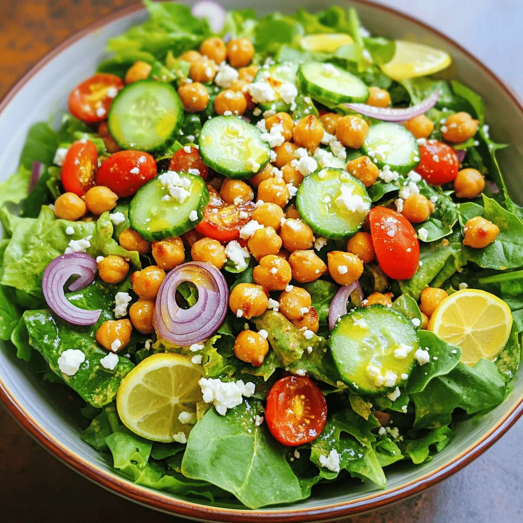 - 1 can (15 oz) chickpeas, thoroughly drained and rinsed - 2 tablespoons extra virgin olive oil - 1 teaspoon smoked paprika - 1/2 teaspoon garlic powder - Sea salt and freshly cracked black pepper, to taste - 4 cups assorted mixed greens (spinach, arugula, or your favorite lettuce) - 1 medium cucumber, diced into bite-sized pieces - 1 cup cherry tomatoes, halved - 1/4 red onion, very thinly sliced - 1/4 cup feta cheese, crumbled (optional) - 2 tablespoons fresh lemon juice - 1 tablespoon apple cider vinegar - Feta cheese - Additional vegetables Chickpeas are a great source of protein and fiber. They help keep you full and support digestion. They also provide iron, which is vital for energy. Eating fresh vegetables boosts your vitamins and minerals. The greens add vitamins A and C, while tomatoes give you antioxidants. Cucumber keeps you hydrated and adds crunch. This salad nourishes your body while tasting great. Each bite of this crispy chickpea salad is not just a meal; it's a step toward better health. For the full recipe, check the earlier section! Start by rinsing and seasoning your chickpeas. Drain one can of chickpeas and rinse them under cold water. This step helps remove any excess sodium. In a bowl, mix the chickpeas with two tablespoons of extra virgin olive oil, one teaspoon of smoked paprika, and half a teaspoon of garlic powder. Add sea salt and black pepper to taste. Toss until all chickpeas are covered in the spices. Now, let’s roast the chickpeas. Preheat your oven to 400°F (200°C). Spread the seasoned chickpeas on a baking sheet lined with parchment paper. Make sure they are in a single layer. This helps them crisp up nicely. Roast them for about 25 to 30 minutes. Shake the pan halfway through to ensure even cooking. When done, they should be golden brown and crispy. Next, we will prepare the salad base. In a large bowl, add four cups of assorted mixed greens. You can use spinach, arugula, or your favorite lettuce. This creates a vibrant and healthy foundation. Add diced cucumber, halved cherry tomatoes, and thinly sliced red onion to the greens. If you like, sprinkle 1/4 cup of crumbled feta cheese on top for extra flavor. Now for the dressing. In a small bowl, whisk together two tablespoons of fresh lemon juice and one tablespoon of apple cider vinegar. Drizzle this over the salad and toss gently. This helps mix all the flavors together. Finally, it’s time to toss everything together. Once the chickpeas are roasted and slightly cooled, add them to the salad mixture. Give everything a final gentle toss. For serving, use wide, shallow bowls. This helps show off the colorful salad. You can garnish with a few extra crispy chickpeas on top for added texture. A drizzle of extra virgin olive oil before serving adds a nice touch. Enjoy the burst of flavor in every bite! For the full recipe, see above. To get the best crispiness from your chickpeas, start with well-drained and rinsed beans. Spread them out on a baking sheet to allow air to circulate. Use high heat, around 400°F (200°C), for even cooking. Roast for about 25-30 minutes, giving the pan a shake halfway through. This helps them brown evenly. For extra flavor, toss the chickpeas in spices before roasting. Smoked paprika adds a nice kick. Garlic powder enhances the taste too. Feel free to experiment with your favorite spices like cumin or chili powder. You can make this salad ahead of time. Store the crispy chickpeas in an airtight container. They stay crunchy for a few days. Keep the salad base and dressing separate. This way, it stays fresh. For meal prep, you can assemble all ingredients in jars. Layer the greens, veggies, and chickpeas. Add the dressing on top in a small container. Just shake and serve when you're ready. This salad goes great with grilled chicken or fish. It adds a nice crunch and freshness to your meal. You can also pair it with a warm soup for a cozy lunch. When it comes to drinks, a light white wine complements the salad well. If you prefer non-alcoholic drinks, try sparkling water with lemon. It refreshes and balances the flavors. For the full recipe, check out the details above. {{image_4}} You can mix it up with greens and veggies. Try kale or romaine instead of mixed greens. For veggies, add bell peppers or shredded carrots. You can even toss in some avocado for creaminess. For protein, chickpeas are great, but you can also use black beans or lentils. If you want meat, grilled chicken or shrimp works well. These swaps keep the salad fresh and exciting. You can make your own dressing at home. A simple mix of olive oil, lemon juice, and mustard is tasty. You could also blend tahini with garlic and water for a creamy option. If you're in a hurry, many store-bought options exist. Look for vinaigrettes made with fresh ingredients. Just check the label for added sugars or preservatives. Change your salad based on the season. In spring, add radishes and peas for a crisp touch. Summer calls for juicy peaches or berries. In fall, try roasted squash or apples. For winter, consider adding citrus segments or pomegranate seeds. Using seasonal ingredients makes the salad more vibrant and flavorful. Each season brings its own fresh options to enjoy. To keep your crispy chickpea salad fresh, put it in an airtight container. Place it in the fridge right after you finish eating. For the best results, store the chickpeas separately. This keeps them from getting soggy. When you want to eat, just mix them back in. Your salad will stay fresh for about 3 days in the fridge. After that, the greens might wilt, and the chickpeas can lose their crunch. Look for signs that the salad is no longer good. If you see mold or if it smells off, it’s best to toss it. If you have leftover chickpeas, you can reheat them in the oven. Preheat your oven to 350°F. Spread the chickpeas on a baking sheet and warm them for about 10 minutes. This helps them stay crispy. You can also enjoy the salad cold. The flavors blend well when served chilled. If you prefer it warm, just reheat the chickpeas and mix them in. For the full recipe, check [Full Recipe]. Yes, you can use dried chickpeas. First, soak them overnight in water. This makes them softer. After soaking, drain and rinse them. Then, cook them in boiling water for about 1 to 1.5 hours until tender. You can then season and roast them the same way as canned chickpeas. To make your salad more filling, add protein. Here are some great options: - Grilled chicken - Quinoa - Tofu - Hard-boiled eggs - Nuts or seeds These additions boost protein and make your meal more satisfying. Yes, this salad is great for meal prep. To prepare it ahead of time: - Store the salad base and chickpeas separately. - Keep the dressing in a small container. - Combine everything when you're ready to eat. This keeps the salad fresh and crisp. Make sure to eat it within three days for the best taste. This blog post explored the crispy chickpea salad in detail. You learned about its main ingredients, how to prepare them, and the best tips for perfecting the dish. I shared ways to customize your salad with different flavors and seasonal ingredients. In conclusion, this salad is not only easy to make but also nutritious and flexible. You can adjust the recipe to fit your taste and dietary needs. Enjoy creating your vibrant salad and share it with friends!