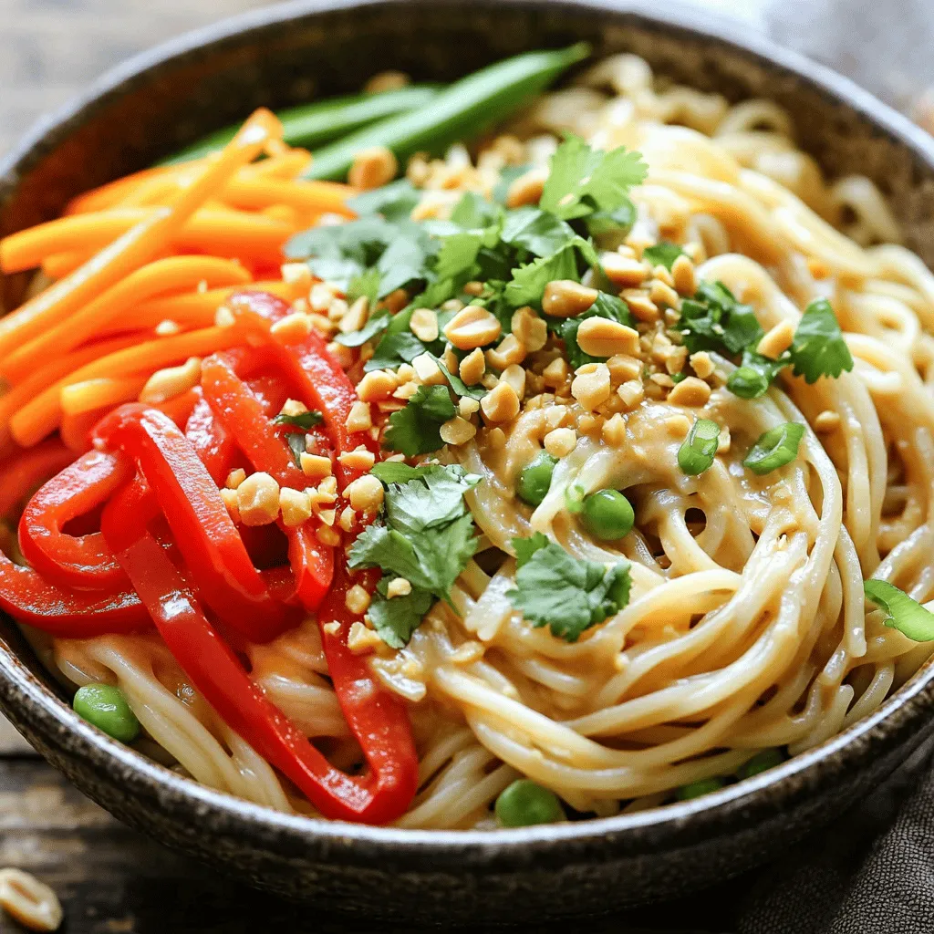 - 8 oz rice noodles - 1 tablespoon sesame oil - 1 red bell pepper, sliced into thin strips - 1 carrot, julienned into matchstick pieces - 1 cup sugar snap peas, trimmed and halved - 3 green onions, chopped (both white and green parts) - 1/4 cup fresh cilantro, finely chopped - 1/2 cup creamy peanut butter (smooth is ideal) - 1 tablespoon soy sauce (low-sodium recommended) - 2 tablespoons fresh lime juice (about 1 lime) - 2 tablespoons honey or maple syrup (for vegans) - 1 tablespoon sriracha sauce (adjust according to your spice preference) - 1 clove garlic, minced - 1/4 cup warm water (for adjusting consistency) - Crushed peanuts - Extra cilantro for garnish - Lime wedges for serving Spicy Thai Peanut Noodles need fresh and bright ingredients. Rice noodles are the base. They soak up the rich sauce well. The sesame oil adds a nutty flavor and helps cook the veggies. For the veggies, I love using red bell pepper, carrot, and sugar snap peas. They add crunch and color. Green onions and cilantro finish the dish with freshness. The peanut sauce is key to this dish. Creamy peanut butter brings richness. Soy sauce adds saltiness, while lime juice gives a zesty kick. Honey or maple syrup balances the flavors with sweetness. Sriracha adds heat, but you can adjust it to your liking. Garlic rounds out the sauce with depth. For garnishes, crushed peanuts give a lovely crunch. Extra cilantro adds brightness, and lime wedges are perfect for squeezing fresh juice on top. You can find the full recipe to guide you through this delicious dish. - Boil salted water and cook rice noodles. - Drain and rinse with cold water. Start by boiling a large pot of salted water. This step is key for flavor. When the water boils, add 8 ounces of rice noodles. Cook them for about 4 to 6 minutes until al dente. This means they should be firm but not hard. Once they are cooked, drain the noodles and rinse them with cold water. This stops the cooking process. Set the noodles aside in a bowl for later use. - Combine ingredients in a bowl. - Adjust consistency with warm water. Next, grab a medium mixing bowl. In this bowl, combine 1/2 cup of creamy peanut butter, 1 tablespoon of soy sauce, and 2 tablespoons of fresh lime juice. Add 2 tablespoons of honey or maple syrup and 1 tablespoon of sriracha. Finally, toss in 1 minced garlic clove. Whisk these ingredients together until smooth. If the sauce is too thick, add 1/4 cup of warm water. This helps you reach your desired sauce thickness. - Heat sesame oil in skillet. - Stir-fry red bell pepper, carrot, and sugar snap peas. In a large non-stick skillet, heat 1 tablespoon of sesame oil over medium heat. When the oil is shimmering, add the sliced red bell pepper, julienned carrot, and sugar snap peas. Stir-fry these veggies for about 3 to 4 minutes. You want them to stay bright and crisp. - Mix noodles with sautéed vegetables. - Toss with peanut sauce until well coated. Now it's time to bring everything together. Add the cooled noodles to the skillet with the sautéed vegetables. Drizzle the peanut sauce over the noodles. Use tongs or two forks to gently toss everything. You want the noodles to be well-coated with the sauce and the veggies mixed throughout. - Add green onions and cilantro. - Serve with garnishes. Remove the skillet from heat. Mix in 3 chopped green onions and 1/4 cup of finely chopped cilantro. Toss again for even distribution. Now, serve your spicy Thai peanut noodles in bowls. Top with extra crushed peanuts for a nice crunch. Enjoy the vibrant flavors and textures in each bite. For the complete recipe, see the Full Recipe section. - To cook rice noodles, bring salted water to a boil. - Cook noodles for 4 to 6 minutes until al dente. - Avoid overcooking to keep them firm and chewy. - After cooking, drain the noodles and rinse with cold water. - Rinsing stops the cooking and helps keep the noodles separated. - For a spicier sauce, add more sriracha to taste. - If you want less heat, use less sriracha or skip it. - Try using honey or maple syrup for sweetness. - Each sweetener gives a slightly different flavor. - Taste as you mix, and adjust until it’s just right. - Serve the noodles in deep bowls for a fun look. - Use colorful garnishes for added visual appeal. - Fresh cilantro and extra crushed peanuts work well. - A lime wedge adds a nice pop of color and flavor. - A beautiful dish makes it more enjoyable to eat. For the full recipe, check out the section above. {{image_4}} You can easily make this dish vegetarian or vegan. Simply replace honey with maple syrup. This swap keeps the sweetness while making it plant-based. You can also add tofu or tempeh for protein. Both options soak up flavor and add a nice texture. Feel free to get creative with your veggies. You can use different vegetables like broccoli or bell peppers. Both options add color and crunch. If you want a low-carb twist, substitute rice noodles with zucchini noodles. Just spiralize the zucchini and sauté until tender. Not everyone enjoys a lot of heat. You can use milder sauce options if you prefer. Try a sweet chili sauce instead of sriracha. You can also incorporate other spices or chili sauces to control the heat level. Always taste as you go to find your perfect balance. Store any leftovers of your Spicy Thai Peanut Noodles in an airtight container. This helps keep them fresh. Try to eat them within 3 days for the best taste and quality. You can freeze the noodles, but they may change texture. To freeze, place them in a freezer-safe container. When you want to eat them, thaw the noodles in the fridge overnight before reheating. The best way to reheat your noodles is on the stove over medium heat. This method keeps them from getting dry. Add a splash of water while reheating to maintain moisture. Enjoy your delicious meal again! For the full recipe, check the earlier section. You can pair these noodles with a light side salad or crispy spring rolls. The fresh crunch of a salad complements the rich flavors well. Spring rolls add a nice touch of texture. Yes, you can use other noodles like soba or udon. Both options have great flavor and texture. Soba noodles offer a nutty taste, while udon noodles are chewy and filling. This dish can be made kid-friendly. Simply lower the spice by using less sriracha. You can also serve the sauce on the side for those who want less heat. Absolutely! You can prepare the peanut sauce ahead of time. Just store it in the fridge in an airtight container. It stays fresh and tasty for up to a week. This dish comes from the streets of Thailand. It features a combination of bold and rich flavors. Street food like this is loved for its quick preparation and delicious taste. For the complete recipe, check out the full recipe. You now have a clear path to making Spicy Thai Peanut Noodles. We covered the main ingredients and their roles. You learned how to cook the noodles and make the sauce. Sautéing fresh veggies adds flavor and crunch. Remember, adjust the spice level to your taste. Feel free to mix in different veggies or proteins. Store leftovers for easy meals later. Enjoy this vibrant dish that brings a taste of Thailand to your kitchen. Happy cooking!