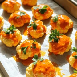 To make Buffalo Cauliflower Bites, gather the following items: - 1 large head of cauliflower, cut into bite-sized florets - 1 cup all-purpose flour (or a gluten-free alternative) - 1 cup unsweetened plant-based milk (like almond or oat milk) - 1 teaspoon garlic powder - 1 teaspoon onion powder - 1 teaspoon smoked paprika - 1/2 teaspoon cayenne pepper (adjust to your spice level) - Salt and black pepper, to taste - 1 cup buffalo sauce (store-bought or homemade) - 1 tablespoon olive oil - Fresh parsley, chopped (for garnish, optional) If you have special dietary needs, you can make some easy swaps: - Use gluten-free flour instead of all-purpose flour. - Replace plant-based milk with regular dairy milk if needed. - For a lower-sodium option, look for low-sodium buffalo sauce. - Skip the cayenne pepper if you want a milder flavor. When choosing ingredients, fresh is often better: - Fresh cauliflower gives the best texture and taste. - Use fresh garlic and onion powders for a more vibrant flavor. - Store-bought buffalo sauce saves time, but homemade can be more flavorful. - Always check labels for additives if you choose store-bought options. These tips help you create the perfect Buffalo Cauliflower Bites. Enjoy experimenting with flavors and textures! First, we need to get our oven ready. Preheat it to 450°F (232°C). This heat is key for crispy bites. Next, line a baking sheet with parchment paper. This helps prevent sticking and makes cleanup easier. Now, let’s make our batter. In a large mixing bowl, combine the flour, plant-based milk, garlic powder, onion powder, smoked paprika, cayenne pepper, and salt and black pepper. Whisk everything together until the batter is smooth and lump-free. It should resemble pancake batter. Take your cauliflower head and cut it into bite-sized florets. This size helps them cook evenly. Dip each floret into the batter. Make sure it’s fully coated. Shake off any extra batter and place them on the baking sheet in a single layer. Don’t overcrowd them; room is crucial for crispiness. Now it’s baking time! Slide the baking sheet into the preheated oven. Bake the cauliflower for 20-25 minutes. Flip the florets halfway through. This helps them become golden and crispy on all sides. Keep an eye on them; we want the perfect crunch! While the cauliflower bakes, let’s make the sauce. In a small bowl, mix the buffalo sauce with olive oil. This mix softens the heat a bit while adding depth. Once the cauliflower is crispy and ready, take it out of the oven. Drizzle the buffalo sauce mixture over the florets. Toss gently to coat each piece. Return the sauced cauliflower to the oven for another 10-15 minutes. This step allows the sauce to caramelize. The result? Delicious bites with a final crispy touch. After the second bake, let them cool for a few minutes. This helps them firm up. For an extra pop, sprinkle chopped parsley on top before serving. These buffalo cauliflower bites make a great snack or appetizer. Enjoy! To get your Buffalo cauliflower bites crispy, follow these tips: - Preheat your oven to 450°F (232°C). - Line your baking sheet with parchment paper for easy cleanup. - Ensure the cauliflower florets are coated evenly in the batter. - Don't overcrowd the florets on the baking sheet. This helps air flow around them. - Flip the florets halfway through baking to ensure even crispiness. - Bake them until they are golden brown, about 20-25 minutes. Buffalo sauce can be spicy. If you want to adjust the heat: - Start with less cayenne pepper in the batter. - Use a milder buffalo sauce or mix in some ketchup. - Serve with a cooling dip like ranch or blue cheese to balance the heat. - You can also add honey to the sauce for a touch of sweetness. Coating is key for flavor and texture. Here’s how to do it right: - Use a large bowl for mixing your batter. This helps coat the florets well. - Dip each floret fully, then let excess batter drip off. - Place coated florets on the baking sheet in a single layer. - For extra crunch, try adding breadcrumbs to the batter. - If you want more flavor, season the batter with a bit more salt and spices. By following these tips, you’ll create the perfect Buffalo cauliflower bites that are crispy and full of flavor. For the complete recipe, check the Full Recipe section. {{image_4}} You can easily make Buffalo Cauliflower Bites vegan and gluten-free. For a vegan option, use plant-based milk and gluten-free flour. Almond or oat milk works great. For gluten-free flour, look for options like rice flour or chickpea flour. This way, everyone can enjoy these spicy bites! Want to switch things up? Try different sauces! BBQ sauce adds a sweet twist. Honey mustard gives a tangy flavor. You can even mix the buffalo sauce with ranch dressing for a creamy texture. Experiment with your favorite sauces to find new tastes! Adding extra ingredients can boost flavor and nutrition. Nutritional yeast gives a cheesy taste without dairy. You can also add herbs like oregano or thyme. These herbs pair well with the spicy sauce. Get creative and make these bites your own! For detailed steps to make these tasty snacks, check out the Full Recipe. After enjoying your Buffalo Cauliflower Bites, let them cool completely. Place them in an airtight container. Store them in the fridge for up to three days. This keeps them from getting soggy. If you have more bites, consider using a larger container. Avoid stacking them too high to maintain their crispiness. To reheat, preheat your oven to 350°F (175°C). Spread the cauliflower bites on a baking sheet. Bake them for about 10 to 15 minutes. This helps them regain their crunch. You can also use an air fryer for a quicker option. Heat them in the air fryer at 350°F (175°C) for about 5 minutes. You can freeze Buffalo Cauliflower Bites for later. Just make sure they are fully cooled. Place them in a freezer-safe bag, removing as much air as possible. They can last up to two months in the freezer. To thaw, move them to the fridge overnight. Reheat them in the oven or air fryer as mentioned before. Enjoy your tasty snack anytime! Yes, you can make Buffalo Cauliflower Bites ahead. Prepare the bites and bake them. After baking, let them cool and store them in the fridge. When you are ready to eat, reheat them in the oven for that crispy texture. This method keeps them tasty and fresh. I love serving these bites with a few sides. Try fresh celery sticks for crunch. You can also add carrots for a sweet bite. A creamy dip like ranch or blue cheese pairs perfectly. These sides not only complement the flavors but also add color to your plate. To tone down the heat, adjust the cayenne pepper in the batter. Start with less, and you can always add more later. You can also mix some yogurt or sour cream into your dipping sauce. This will mellow the spicy flavor while keeping the taste you love. Follow this [Full Recipe] to get the perfect Buffalo Cauliflower Bites with easy steps and tasty ingredients. Enjoy! In this post, we discussed the essential ingredients and preparation for Buffalo Cauliflower Bites. We explored alternatives for those with dietary needs and the differences between fresh and store-bought ingredients. You learned the step-by-step process to bake and mix sauces for the perfect dish. Remember, with tips for crispiness and spice adjustments, you can customize the recipe. Feel free to try vegan or gluten-free options, and explore different flavors. Proper storage and reheating methods keep leftovers fresh. Enjoy experimenting with this delightful and versatile dish!