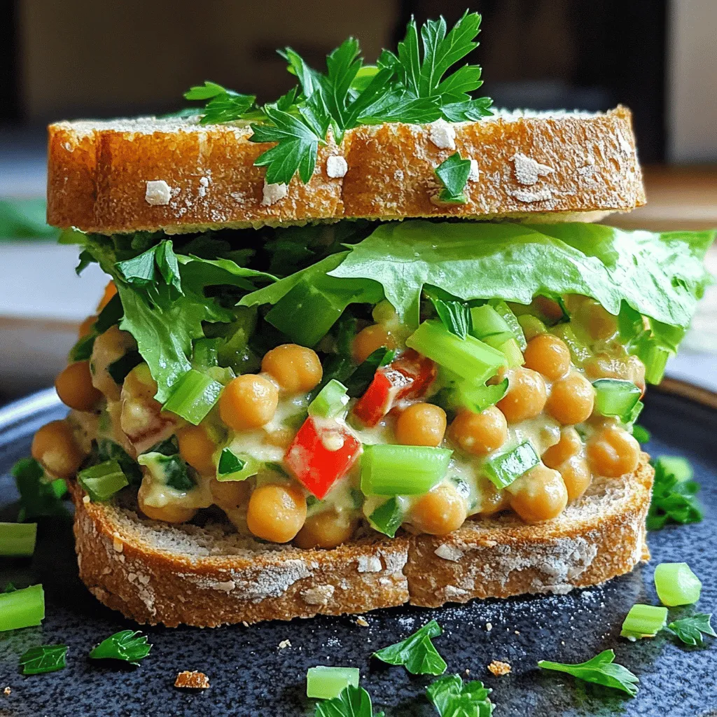 For a tasty chickpea salad sandwich, you need simple, fresh ingredients. Here’s what you’ll need: - 1 can (15 oz) chickpeas, rinsed and thoroughly drained - 1/4 cup plain Greek yogurt (or your favorite vegan yogurt) - 1 tablespoon Dijon mustard - 1 tablespoon fresh lemon juice - 1/2 teaspoon garlic powder - 1/2 teaspoon onion powder - 1/4 teaspoon ground cumin - Salt and freshly cracked black pepper, to taste - 1/2 cup celery, finely diced - 1/4 cup red bell pepper, finely diced - 2 green onions, thinly sliced - 4 slices of hearty whole grain bread - Crisp lettuce leaves, for serving Adding a few optional ingredients can really boost the flavor of your sandwich. Here are some ideas: - 1/4 cup freshly chopped parsley or cilantro for garnish This chickpea salad sandwich is not just delicious; it’s also healthy. Here’s a quick look at what you get in each serving: - Calories: About 350 - Protein: 15 grams - Fiber: 10 grams - Fat: 8 grams - Carbohydrates: 50 grams This meal packs nutrients and flavor into every bite. You’ll enjoy it without feeling guilty! For the full recipe, check out the Chickpea Delight Sandwich. To start, grab a can of chickpeas. Rinse and drain them well. Place the chickpeas in a mixing bowl. Use a fork or potato masher to break them down. Leave some chunks for texture. This makes the filling more fun to eat. Next, add the Greek yogurt, Dijon mustard, fresh lemon juice, garlic powder, onion powder, and ground cumin. Sprinkle in some salt and pepper. Mix everything well until it is creamy and smooth. Taste the filling and adjust the seasoning if needed. Then, fold in the finely diced celery, red bell pepper, and sliced green onions. This adds color and flavor. Make sure they are evenly mixed throughout the chickpea base. If you like a crunchy bite, lightly toast the bread. Toast until it is golden brown. This adds a nice texture to your sandwich. Now, take two slices of toasted bread. Spread a generous amount of the chickpea filling on each slice. Don’t be shy! Next, layer on crisp lettuce leaves. If you want, add fresh parsley or cilantro on top. This gives your sandwich a fresh kick. Finally, place the other slices of bread on top. Press down gently. Slice each sandwich in half for easy eating. Serve your tasty sandwiches on a colorful plate. Cut them in half to show off the filling. Garnish with extra herbs for a pretty finish. I love to pair my chickpea salad sandwich with crunchy pickles or carrot sticks. They add a great crunch. You can also serve it with a side of fresh fruit for a sweet touch. Try this full recipe for a delightful meal that is both tasty and healthy! To make a great chickpea salad sandwich, start with good chickpeas. If using canned chickpeas, rinse them well. This removes excess salt and improves taste. If you prefer dried chickpeas, soak them overnight. Cook them until soft, then let them cool. After preparing, mash them gently. Leave some chunks for a fun texture. You can easily adapt this recipe. For a vegan option, swap Greek yogurt for your favorite plant-based yogurt. This keeps the creaminess while fitting your needs. If you want a nut-free meal, check the yogurt labels. Some brands may have nuts. You can also replace celery with diced cucumber for a fresh crunch. Want to make lunch easy? Prepare the chickpea filling ahead of time. Store it in the fridge for up to three days. To pack a quick lunch, spread the filling on bread in the morning. Add lettuce just before eating to keep it crisp. You can also use pita bread for a fun twist. For a balanced meal, pair your sandwich with fresh fruit or veggie sticks. Try the Full Recipe for a tasty guide! {{image_4}} Want a kick in your chickpea salad? Add some heat! You can mix in chopped jalapeños or a dash of hot sauce. This gives your sandwich a spicy twist. The heat pairs well with the creamy yogurt. You can also sprinkle in some cayenne pepper for extra flavor. This variation wakes up your taste buds and makes lunchtime exciting! For a Mediterranean flair, add diced olives and sun-dried tomatoes. You can also mix in some chopped cucumbers and fresh basil. A drizzle of olive oil brings everything together. This version is fresh and bright, making it a great choice for summer days. Serve it on pita bread for a fun twist. Your taste of the Mediterranean awaits! If you want a vegan option, swap Greek yogurt for your favorite plant-based yogurt. There are many tasty choices available. You can also add nutritional yeast for a cheesy flavor without dairy. Want more crunch? Toss in sliced radishes or chopped pickles. These additions make the sandwich fun and packed with flavor. Enjoy creating your own vegan masterpiece! For the full recipe, check out the Chickpea Delight Sandwich section above! You can store leftover chickpea salad in an airtight container. Make sure the lid seals tightly. Place the container in the fridge. This keeps the salad fresh and tasty for later. I do not recommend freezing the chickpea salad. Freezing can change the texture. Creamy ingredients like yogurt may separate when thawed. If you must freeze it, use a freezer-safe bag. Remove as much air as you can before sealing. The chickpea salad lasts for about three days in the fridge. After that, it may lose flavor and freshness. Always check for any off smells or changes in texture before eating. For full recipe, check the detailed instructions above. Yes, you can make this sandwich ahead of time. I suggest preparing the chickpea salad mixture and storing it in the fridge. This keeps the flavors fresh. Just assemble the sandwich when you are ready to eat. The bread can get soggy if you wait too long. I love using hearty whole grain bread. It adds texture and flavor. You can also try sourdough or rye for a unique taste. Gluten-free bread works great too if you need it. Always choose a bread that can hold the filling well. To make your chickpea salad gluten-free, choose gluten-free bread. Many brands offer tasty options. Check the labels to ensure there is no gluten. The chickpea salad itself is naturally gluten-free. Just be careful with any added ingredients or condiments. You can enjoy this healthy delight without worry! You now have a complete guide for making a delicious chickpea salad sandwich. We covered essential and optional ingredients to boost flavor. You learned how to prep the filling, assemble the sandwich, and serve it well. Making variations caters to different tastes. You can easily store leftovers and prepare meals ahead of time. This sandwich is nutritious, tasty, and great for quick lunches. Enjoy creating your perfect chickpea salad sandwich!