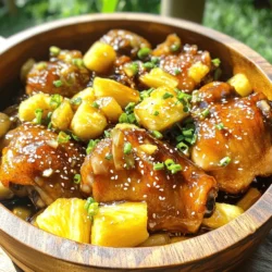 To make Pineapple Teriyaki Chicken, gather these key items: - 4 boneless, skinless chicken thighs - 1 cup fresh pineapple, diced into bite-sized pieces - 1/2 cup low-sodium soy sauce - 1/4 cup packed brown sugar - 1 tablespoon rice vinegar - 1 tablespoon sesame oil - 1 teaspoon garlic powder - 1 teaspoon freshly grated ginger - 1/2 teaspoon freshly ground black pepper These ingredients work well together. They give the dish a sweet, salty, and slightly tangy taste. The marinade makes the chicken juicy and full of flavor. Here are the marinade components: - 1/2 cup low-sodium soy sauce - 1/4 cup packed brown sugar - 1 tablespoon rice vinegar - 1 tablespoon sesame oil - 1 teaspoon garlic powder - 1 teaspoon freshly grated ginger - 1/2 teaspoon freshly ground black pepper Mix these ingredients with the chicken thighs. Let them soak for at least 30 minutes, or overnight for even better flavor. After cooking, you can make the dish look great with these garnishes: - 2 green onions, finely chopped - Sesame seeds These garnishes add color and a nice crunch. They make your Pineapple Teriyaki Chicken even more appealing. For the full recipe, check out the link I provided. First, gather your ingredients for the marinade. You will need low-sodium soy sauce, brown sugar, rice vinegar, sesame oil, garlic powder, grated ginger, and black pepper. In a medium bowl, whisk these together until the sugar dissolves. This step is key for flavor. Next, add the chicken thighs to the marinade. Make sure each piece is well coated. Cover the bowl with plastic wrap and put it in the fridge. Let it marinate for at least 30 minutes. For the best taste, let it sit overnight. Heat a tablespoon of vegetable oil in a large skillet over medium heat. Take the marinated chicken out and set aside the marinade. Place the chicken in the hot oil. Cook it for about 5 to 7 minutes on each side. You want it to be golden brown and reach an internal temperature of 165°F (75°C). Once it’s cooked, move the chicken to a plate. Keep it warm while you make the sauce. In the same skillet, pour in the reserved marinade. Bring it to a rapid boil. Add the diced pineapple and let it cook for about 3 to 5 minutes. This helps the pineapple soften and mix with the flavors. Now, stir in the cornstarch mixed with water. Lower the heat to a simmer. Keep stirring until the sauce thickens, which should take about 2 to 3 minutes. Slice the cooked chicken into strips. Add it back to the skillet. Toss the chicken in the thickened sauce for another 2 to 3 minutes. This allows the flavors to blend beautifully. Serve the chicken hot. Garnish with green onions and sesame seeds. Enjoy your Pineapple Teriyaki Chicken! For more detailed steps, check the Full Recipe. Marinating chicken is key to great flavor. I suggest using a zip-top bag for easy marinating. It helps coat the chicken fully. Make sure to remove excess air before sealing. This ensures the marinade touches every part of the chicken. For best results, marinate for at least 30 minutes. If you can, marinate overnight. This allows the flavors to deepen and create a tasty chicken. To sear chicken well, use a hot skillet. I prefer a cast-iron pan for good heat retention. Start with a tablespoon of vegetable oil. Place chicken thighs in the hot pan without crowding. This helps create a nice golden crust. Cook for 5-7 minutes on each side. If you flip too soon, the chicken may stick. Wait until it releases easily. Always check that the chicken reaches an internal temperature of 165°F (75°C). To thicken your teriyaki sauce, use cornstarch. Mix two tablespoons of cornstarch with two tablespoons of water to create a slurry. When your sauce is boiling, add this mixture slowly. Stir constantly to avoid lumps. The sauce will thicken in about 2-3 minutes. If it gets too thick, you can add a splash of water or broth to adjust it. This method ensures a smooth and glossy finish for your Pineapple Teriyaki Chicken. For the complete recipe, check out the Full Recipe. {{image_4}} You can switch up the protein in this dish. Chicken thighs are great, but try using chicken breasts for a leaner option. Pork tenderloin is a fantastic choice too! It will soak up the flavors well. If you enjoy beef, flank steak can work beautifully. Just make sure to slice it thin against the grain. For seafood lovers, shrimp will cook fast and add a sweet touch. If you're looking for vegetarian options, tofu is a perfect substitute. Use firm or extra-firm tofu for the best texture. Just remember to press it to remove excess water first. You can also try using tempeh, which has a nutty flavor. For a fun twist, use hearty vegetables like bell peppers and mushrooms. These will absorb the teriyaki sauce and create a delicious meal. To make your Pineapple Teriyaki Chicken even more delightful, consider adding extra flavors. A splash of lime juice can brighten the dish. Fresh herbs like cilantro or basil add great color and taste. For some heat, include red pepper flakes or sliced chilies. You can even add nuts like cashews or peanuts for crunch. Try some sesame oil for a richer flavor. These small tweaks can elevate your dish and impress your guests. For the full recipe, don't forget to check out the details above! To store leftover Pineapple Teriyaki Chicken, let it cool first. Place it in an airtight container. Make sure to cover it tightly to keep air out. This helps to keep the chicken moist and the flavors intact. When you're ready to enjoy leftovers, reheat the chicken gently. You can use a microwave or a skillet. If using a microwave, heat it in short bursts. Stir in between to warm evenly. If using a skillet, add a splash of water to keep it juicy. Heat it over low to medium heat until warmed through. Leftover Pineapple Teriyaki Chicken will stay good in the fridge for about 3 to 4 days. If you want to keep it longer, freeze it. It can last up to 3 months in the freezer. Just make sure to label the container with the date. This helps you keep track of freshness. If you want the full recipe for this dish, be sure to check out the Full Recipe! Yes, you can use canned pineapple. However, fresh pineapple gives a brighter taste. Canned pineapple will still add sweetness and moisture. Just be sure to drain it well before using. This helps avoid excess juice in your sauce. You have many great options to serve with this dish. Here are a few to consider: - Steamed jasmine rice - Quinoa - Stir-fried vegetables - A fresh salad - Noodles These sides will balance the sweet and savory flavors of the chicken. To check if the chicken is done, use a meat thermometer. Insert it into the thickest part of the chicken. It should read 165°F (75°C). If you don't have a thermometer, cut into the chicken. The meat should be white, not pink, and the juices should run clear. Jasmine rice is a great choice. It has a nice aroma and fluffy texture. Brown rice is another healthy option. It adds a nutty flavor and extra fiber. Both types will soak up the tasty teriyaki sauce. You can find the full recipe above for more details. Pineapple teriyaki chicken is a fun dish with bold flavors. We covered the key ingredients, like the marinade and garnishes. I shared step-by-step tips to make cooking easy. Remember best practices for marinating and cooking to ensure great taste. You can make tasty variations too, whether using different proteins or going vegetarian. Proper storage keeps leftovers fresh for next time. With these tips, you can cook with confidence. Enjoy your cooking journey and experiment with flavors!