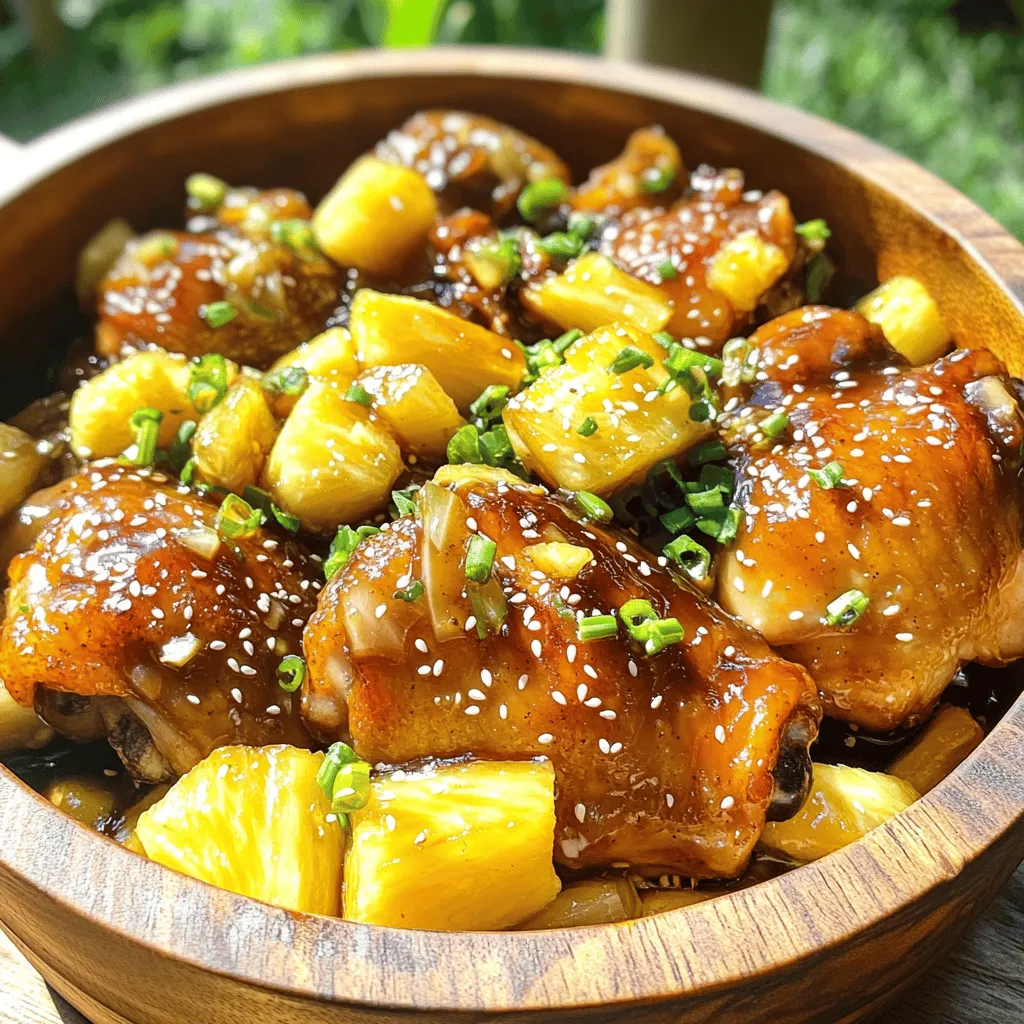 To make Pineapple Teriyaki Chicken, gather these key items: - 4 boneless, skinless chicken thighs - 1 cup fresh pineapple, diced into bite-sized pieces - 1/2 cup low-sodium soy sauce - 1/4 cup packed brown sugar - 1 tablespoon rice vinegar - 1 tablespoon sesame oil - 1 teaspoon garlic powder - 1 teaspoon freshly grated ginger - 1/2 teaspoon freshly ground black pepper These ingredients work well together. They give the dish a sweet, salty, and slightly tangy taste. The marinade makes the chicken juicy and full of flavor. Here are the marinade components: - 1/2 cup low-sodium soy sauce - 1/4 cup packed brown sugar - 1 tablespoon rice vinegar - 1 tablespoon sesame oil - 1 teaspoon garlic powder - 1 teaspoon freshly grated ginger - 1/2 teaspoon freshly ground black pepper Mix these ingredients with the chicken thighs. Let them soak for at least 30 minutes, or overnight for even better flavor. After cooking, you can make the dish look great with these garnishes: - 2 green onions, finely chopped - Sesame seeds These garnishes add color and a nice crunch. They make your Pineapple Teriyaki Chicken even more appealing. For the full recipe, check out the link I provided. First, gather your ingredients for the marinade. You will need low-sodium soy sauce, brown sugar, rice vinegar, sesame oil, garlic powder, grated ginger, and black pepper. In a medium bowl, whisk these together until the sugar dissolves. This step is key for flavor. Next, add the chicken thighs to the marinade. Make sure each piece is well coated. Cover the bowl with plastic wrap and put it in the fridge. Let it marinate for at least 30 minutes. For the best taste, let it sit overnight. Heat a tablespoon of vegetable oil in a large skillet over medium heat. Take the marinated chicken out and set aside the marinade. Place the chicken in the hot oil. Cook it for about 5 to 7 minutes on each side. You want it to be golden brown and reach an internal temperature of 165°F (75°C). Once it’s cooked, move the chicken to a plate. Keep it warm while you make the sauce. In the same skillet, pour in the reserved marinade. Bring it to a rapid boil. Add the diced pineapple and let it cook for about 3 to 5 minutes. This helps the pineapple soften and mix with the flavors. Now, stir in the cornstarch mixed with water. Lower the heat to a simmer. Keep stirring until the sauce thickens, which should take about 2 to 3 minutes. Slice the cooked chicken into strips. Add it back to the skillet. Toss the chicken in the thickened sauce for another 2 to 3 minutes. This allows the flavors to blend beautifully. Serve the chicken hot. Garnish with green onions and sesame seeds. Enjoy your Pineapple Teriyaki Chicken! For more detailed steps, check the Full Recipe. Marinating chicken is key to great flavor. I suggest using a zip-top bag for easy marinating. It helps coat the chicken fully. Make sure to remove excess air before sealing. This ensures the marinade touches every part of the chicken. For best results, marinate for at least 30 minutes. If you can, marinate overnight. This allows the flavors to deepen and create a tasty chicken. To sear chicken well, use a hot skillet. I prefer a cast-iron pan for good heat retention. Start with a tablespoon of vegetable oil. Place chicken thighs in the hot pan without crowding. This helps create a nice golden crust. Cook for 5-7 minutes on each side. If you flip too soon, the chicken may stick. Wait until it releases easily. Always check that the chicken reaches an internal temperature of 165°F (75°C). To thicken your teriyaki sauce, use cornstarch. Mix two tablespoons of cornstarch with two tablespoons of water to create a slurry. When your sauce is boiling, add this mixture slowly. Stir constantly to avoid lumps. The sauce will thicken in about 2-3 minutes. If it gets too thick, you can add a splash of water or broth to adjust it. This method ensures a smooth and glossy finish for your Pineapple Teriyaki Chicken. For the complete recipe, check out the Full Recipe. {{image_4}} You can switch up the protein in this dish. Chicken thighs are great, but try using chicken breasts for a leaner option. Pork tenderloin is a fantastic choice too! It will soak up the flavors well. If you enjoy beef, flank steak can work beautifully. Just make sure to slice it thin against the grain. For seafood lovers, shrimp will cook fast and add a sweet touch. If you're looking for vegetarian options, tofu is a perfect substitute. Use firm or extra-firm tofu for the best texture. Just remember to press it to remove excess water first. You can also try using tempeh, which has a nutty flavor. For a fun twist, use hearty vegetables like bell peppers and mushrooms. These will absorb the teriyaki sauce and create a delicious meal. To make your Pineapple Teriyaki Chicken even more delightful, consider adding extra flavors. A splash of lime juice can brighten the dish. Fresh herbs like cilantro or basil add great color and taste. For some heat, include red pepper flakes or sliced chilies. You can even add nuts like cashews or peanuts for crunch. Try some sesame oil for a richer flavor. These small tweaks can elevate your dish and impress your guests. For the full recipe, don't forget to check out the details above! To store leftover Pineapple Teriyaki Chicken, let it cool first. Place it in an airtight container. Make sure to cover it tightly to keep air out. This helps to keep the chicken moist and the flavors intact. When you're ready to enjoy leftovers, reheat the chicken gently. You can use a microwave or a skillet. If using a microwave, heat it in short bursts. Stir in between to warm evenly. If using a skillet, add a splash of water to keep it juicy. Heat it over low to medium heat until warmed through. Leftover Pineapple Teriyaki Chicken will stay good in the fridge for about 3 to 4 days. If you want to keep it longer, freeze it. It can last up to 3 months in the freezer. Just make sure to label the container with the date. This helps you keep track of freshness. If you want the full recipe for this dish, be sure to check out the Full Recipe! Yes, you can use canned pineapple. However, fresh pineapple gives a brighter taste. Canned pineapple will still add sweetness and moisture. Just be sure to drain it well before using. This helps avoid excess juice in your sauce. You have many great options to serve with this dish. Here are a few to consider: - Steamed jasmine rice - Quinoa - Stir-fried vegetables - A fresh salad - Noodles These sides will balance the sweet and savory flavors of the chicken. To check if the chicken is done, use a meat thermometer. Insert it into the thickest part of the chicken. It should read 165°F (75°C). If you don't have a thermometer, cut into the chicken. The meat should be white, not pink, and the juices should run clear. Jasmine rice is a great choice. It has a nice aroma and fluffy texture. Brown rice is another healthy option. It adds a nutty flavor and extra fiber. Both types will soak up the tasty teriyaki sauce. You can find the full recipe above for more details. Pineapple teriyaki chicken is a fun dish with bold flavors. We covered the key ingredients, like the marinade and garnishes. I shared step-by-step tips to make cooking easy. Remember best practices for marinating and cooking to ensure great taste. You can make tasty variations too, whether using different proteins or going vegetarian. Proper storage keeps leftovers fresh for next time. With these tips, you can cook with confidence. Enjoy your cooking journey and experiment with flavors!