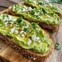 - 2 ripe avocados - 4 slices of whole grain bread - 1 medium lemon, freshly juiced - 1/2 teaspoon garlic powder - 1 small red chili, finely chopped (optional for a spicy kick) - 1/4 cup feta cheese, crumbled (optional for creaminess) - Fresh herbs (such as cilantro or parsley) for vibrant garnish - Mixing bowl - Fork for mashing - Toaster or oven When making classic avocado toast, the ingredients are key. Start with ripe avocados. They should feel soft but not mushy. Whole grain bread gives a nice texture and taste. Fresh lemon juice adds a zesty kick that brightens the dish. Garlic powder brings depth, making every bite more flavorful. For extra flair, add some red chili if you like heat. This little spice can change the game. Feta cheese adds creaminess that pairs well with the smooth avocado. Fresh herbs, like cilantro or parsley, not only look great but also bring freshness to the toast. You’ll need a few tools. A mixing bowl helps when you mash the avocados. A fork does a great job of mashing. Finally, a toaster or oven makes your bread golden and crispy. These ingredients and tools will help you create the best avocado toast you’ve ever tasted. For the full recipe, click [here](#). Toasting your bread right is key. I recommend using whole grain bread for a nutty flavor. You can toast it in a toaster or oven. If using an oven, preheat it to 375°F (190°C). Toast the bread for about 5-7 minutes until it is golden brown. For the best results, keep an eye on the bread while it toasts. Choosing ripe avocados is easy. Look for avocados that feel slightly soft when you gently squeeze them. Avoid hard ones; they are not ripe. To prepare, cut each avocado in half and remove the pit. Use a spoon to scoop out the flesh into a mixing bowl. To get the right texture, mash the avocado with a fork. You want it creamy but still a bit chunky. This gives your toast a nice mouthfeel. Then, add fresh lemon juice, garlic powder, and a pinch of salt and pepper. These seasonings enhance the flavor beautifully. For some heat, fold in finely chopped red chili. This adds a nice kick to your avocado toast. Once your bread is toasted, take a generous scoop of the avocado mix. Spread it evenly over each slice of toast. If you're using feta cheese, sprinkle it on top for extra creaminess. Finish with a drizzle of extra virgin olive oil for richness. Finally, add fresh herbs like cilantro or parsley for a vibrant touch. Serve your avocado toast on a wooden board or a nice plate for a great look. For more details, check the Full Recipe. To enjoy the freshest avocado toast, choose ripe avocados. They should feel slightly soft when you press them. If you want to extend their life, keep avocados in the fridge. This slows down the ripening process. If you run out of lemon juice, try using vinegar or lime juice. Both can keep the avocado from turning brown. Just use them in equal amounts. When serving, arrange your toast on a wooden board or colorful plate. This makes your dish look more inviting. You can also add a sprinkle of chili flakes for an extra pop of color. Using white or light-colored dishware can make the green avocado stand out. It creates a beautiful contrast. For a fun touch, serve with a small side of extra toppings in little bowls. Many people over-mash their avocados. This can make the toast too mushy. Aim for a mix of smooth and chunky textures for better taste. Choosing the right bread is key. Whole grain bread works best. Avoid very airy bread, as it won't hold the toppings well. For a great bite, select bread with a firm crust. {{image_4}} You can spice up your avocado toast in many ways. For a spicy kick, add finely chopped red chili. This gives your toast a delightful heat that wakes up your taste buds. You can also try mixing in some hot sauce for extra flavor. For a Mediterranean touch, consider using toppings like crumbled feta cheese, olives, or roasted red peppers. These toppings add a burst of flavor and make your toast even more satisfying. You can also drizzle some balsamic glaze for a sweet and tangy finish. If you're looking for low-carb options, use sliced cucumber or radishes instead of bread. This creates a fresh and crunchy base for your toppings. You can also try cloud bread, which is light and fluffy. For those who follow a vegan diet, skip the feta cheese and opt for avocado alone. You can add nutritional yeast for a cheesy flavor without dairy. Gluten-free bread options are widely available, making this dish accessible to everyone. Seasonal ingredients can add fun twists to your toast. In summer, top your avocado with fresh tomatoes or peaches. In fall, consider adding roasted pumpkin or apple slices. These seasonal toppings keep your toast interesting year-round. You can also explore sweet variations. Spread your avocado on toast topped with honey or maple syrup. Add sliced strawberries or bananas for a sweet breakfast treat. The mix of sweet and savory flavors can surprise and delight you. For more ideas, check out the Full Recipe to expand your avocado toast experience! To keep your avocado mix fresh, add lemon juice. This helps stop browning. Use an airtight container to store the mixture. Press plastic wrap directly on top to cut air exposure. This keeps it green longer. To keep your toast crispy, don’t store it in a sealed bag. Instead, leave it on a cooling rack. If you need to reheat, use a toaster. This will restore its crunchiness. You can also use an oven at 350°F (175°C) for about 5 minutes. You can store the avocado mixture for 1-2 days. Check for browning or a sour smell. If you see these signs, it’s best to throw it out. For toast, aim to eat it within a day. Toast loses its quality quickly. To ripen avocados fast, place them in a paper bag. This traps the ethylene gas they emit. You can also add a ripe banana or apple to speed up the process. Check daily. Once they yield to gentle pressure, they are ripe and ready to use. Yes, you can prepare some parts in advance. Toast the bread and store it in an airtight container. You can also mash the avocados and mix them with lemon juice. Store the mixture in a bowl with plastic wrap pressed against it. This helps prevent browning. Assemble the toast right before serving for the best taste. Avocado toast pairs well with many sides. Here are some ideas: - Fresh fruit salad - A light green salad - Yogurt with honey and nuts - Smoothies for a drink option These options add variety and balance to your meal. To boost the health benefits of your avocado toast, consider these tips: - Use whole grain or sprouted bread for more fiber. - Add sliced tomatoes or radishes for extra vitamins. - Top with seeds like chia or pumpkin for healthy fats. These small changes can enhance the nutrition and flavor of your dish. For a complete guide, check the Full Recipe. This article covered everything you need for great avocado toast. You learned about essential and optional ingredients, along with handy kitchen tools. Following step-by-step instructions helps you achieve perfect toast and creamy avocados. Tips ensure your toast looks and tastes amazing, while variations let you explore new flavors. Remember, avocado toast is easy to customize. With a little creativity, you’ll always enjoy a fresh and tasty meal. Happy toasting!