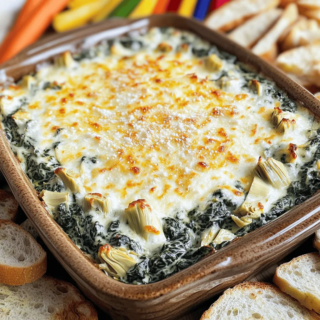 To make a tasty spinach artichoke dip, you need these key ingredients: - 1 cup fresh spinach, finely chopped - 1 cup canned artichoke hearts, drained and roughly chopped - 1 cup cream cheese, softened to room temperature - 1/2 cup sour cream - 1/2 cup mayonnaise - 1 cup shredded mozzarella cheese - 1/2 cup grated Parmesan cheese - 2 cloves garlic, minced - 1 teaspoon fresh lemon juice - Salt and pepper to taste These ingredients blend to create a creamy and rich base. The spinach and artichokes add great texture and flavor. The cream cheese, sour cream, and mayonnaise ensure a smooth dip. The cheeses bring a lovely melt and depth of flavor. You can add a few optional ingredients to enhance the taste: - 1/4 teaspoon red pepper flakes for a spicy kick - A dash of Worcestershire sauce for extra umami - Chopped fresh herbs like basil or parsley for freshness These optional ingredients let you customize the dip. If you like it spicy, add red pepper flakes. For a savory note, Worcestershire sauce works well. Fresh herbs brighten up the dish. Spinach artichoke dip offers a mix of nutrients. Here's a quick look: - Calories: About 200 per serving - Fat: High due to cheese and cream - Protein: Good source from cheese - Fiber: Comes from spinach and artichokes This dip is rich but packed with nutrients. Enjoy it in moderation. Pair it with healthy dippers like veggies for a balanced snack. For the full recipe, check the section above. To start, gather all your ingredients. You will need fresh spinach, canned artichoke hearts, cream cheese, sour cream, and mayonnaise. Also, grab shredded mozzarella, grated Parmesan, minced garlic, and lemon juice. Don’t forget salt, pepper, and optional red pepper flakes for spice. Wash and finely chop the spinach. Drain and roughly chop the artichokes. This prep makes mixing easier. In a large bowl, add the softened cream cheese, sour cream, and mayonnaise. Use a spatula or mixer to blend them until smooth. Then, add the chopped spinach, drained artichokes, minced garlic, and lemon juice. If you like spice, mix in the red pepper flakes. Stir everything until well combined. Next, fold in the shredded mozzarella and grated Parmesan. Season with salt and pepper to taste. Now, pour your mixture into a baking dish or oven-safe skillet. Spread it evenly to help it bake well. Preheat your oven to 350°F (175°C). Place the dish in the oven and bake for 20-25 minutes. Look for bubbling edges and a golden top. Once baked, carefully take it out and let it cool for a few minutes. This cooling time helps the flavors mix. Enjoy your creamy spinach artichoke dip warm with your favorite dippers! For the full recipe, check out the section above. To get that perfect creamy dip, start with softened cream cheese. This makes mixing easier. Blend it well with sour cream and mayonnaise. Use a spatula or an electric mixer for a smooth mix. If you want a lighter dip, try using Greek yogurt instead of sour cream. It adds creaminess and a slight tang. Make sure to fold in the cheeses gently. This keeps the dip fluffy and light. Adding fresh lemon juice brightens the flavors. It helps balance the richness from the cheeses. For a bit of heat, mix in red pepper flakes. You can also try adding some sautéed onions or shallots for depth. Experiment with herbs like basil or thyme for an extra layer of taste. These small tweaks can really elevate your dip. Serve your spinach artichoke dip in a colorful dish. A cast-iron skillet adds charm and keeps it warm. Top it with extra grated Parmesan right before baking. This creates a crispy cheese crust. Pair the dip with toasted baguette slices, crispy tortilla chips, or veggie sticks. Arrange them around the dip for a fun display. Your guests will love the vibrant look and delicious taste of this dish! For detailed steps, check out the Full Recipe. {{image_4}} You can change the flavor by using different cheeses. Try adding sharp cheddar for a tangy kick. Creamy goat cheese gives a rich and smooth texture. For a fun twist, mix in some blue cheese. Each cheese will offer a new taste to the dip. You can even blend two or more cheeses to create a unique flavor profile. Spices and herbs can elevate your dip. Add garlic powder or onion powder for depth. A pinch of smoked paprika adds a nice smoky flavor. Fresh herbs like parsley or basil can bring in a burst of freshness. If you like heat, sprinkle in cayenne pepper or crushed red pepper flakes. Just a little can make a big difference! You can enjoy this dip without dairy. Use cashew cream or silken tofu instead of cream cheese. Nutritional yeast gives a cheesy flavor while keeping it vegan. For the sour cream, opt for coconut yogurt or a nut-based yogurt. These swaps keep the dip creamy and delicious for everyone! Check out the Full Recipe for more ideas on making this dish fit your diet. To keep your spinach artichoke dip fresh, store it in an airtight container. Make sure it cools down before sealing. If you have a lot of leftovers, divide the dip into smaller containers. This way, you can enjoy it later without losing quality. When you are ready to enjoy your leftovers, reheat the dip in the oven for the best taste. Preheat your oven to 350°F (175°C). Place the dip in an oven-safe dish. Cover it with foil to prevent it from drying out. Heat for about 15-20 minutes, or until it is warm and bubbly. You can also use the microwave, but be careful not to overheat it. Warm it in short bursts, stirring in between, until it is hot. If you want to save the dip for later, freezing is a good choice. Place the dip in a freezer-safe container. Leave some space at the top for expansion. You can freeze it for up to three months. When you're ready to eat it, thaw it overnight in the fridge. Then, reheat it following the instructions above. Enjoy your creamy spinach and artichoke delight anytime! Yes, you can make Spinach Artichoke Dip ahead of time. Prepare the dip up to the baking step. Then, cover it tightly and store it in the fridge. When you are ready to serve, preheat your oven. Bake it as directed until hot and bubbly. This method saves time and allows flavors to blend well. You have many great options to serve with Spinach Artichoke Dip. Here are some ideas: - Toasted baguette slices - Crispy tortilla chips - Colorful vegetable sticks (like carrots and bell peppers) - Pita chips - Crackers These choices add a nice crunch and flavor to your dip experience. Spinach Artichoke Dip lasts about 3 to 5 days in the fridge. Be sure to store it in an airtight container. If you want it to last longer, consider freezing it. When reheating, ensure it’s heated all the way through for the best taste. In this post, we explored how to make amazing Spinach Artichoke Dip. We covered key ingredients, steps to prepare, and tips for the best texture. I shared variations to try and how to store leftovers. This dip is simple, fun, and a crowd-pleaser. You can customize it to fit your taste. Enjoy making and sharing this dish at your next gathering!