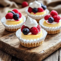 To make mini cheesecake bites, you need a few key items. Here’s what you’ll need: - 8 oz cream cheese, softened to room temperature - 1/2 cup granulated sugar - 1 tsp pure vanilla extract - 1 large egg, room temperature - 1/4 cup sour cream - 1 tbsp fresh lemon juice - 1/2 cup graham cracker crumbs - 2 tbsp unsalted butter, melted These ingredients work together to create a creamy and rich filling. The crust gives it a nice texture. You can make these mini cheesecakes even more fun with toppings. Here are some great options: - Fresh berries (strawberries, blueberries, or raspberries) - Whipped cream Adding these toppings can enhance the flavor and look of your bites. Fresh berries add a pop of color and sweetness. If you don’t have something on hand, don’t worry! You can swap some ingredients. Here are some ideas: - Use Greek yogurt instead of sour cream for a tangy taste. - Almond extract works well if you don’t have vanilla extract. - You can try using coconut oil instead of butter for a different flavor. These substitutions can help you customize your mini cheesecake bites to your taste. Feel free to experiment! For the complete recipe, check out the Full Recipe. To make the crust, start by preheating your oven to 325°F (160°C). Grab a standard mini muffin pan and line it with paper liners. This helps prevent sticking. In a medium bowl, mix 1/2 cup of graham cracker crumbs with 2 tablespoons of melted butter. Stir until the crumbs look like damp sand. Next, take about 1 teaspoon of this mixture and press it into the bottom of each liner. You want a solid base. Bake the crusts in the oven for 5 minutes, then let them cool for a bit. While the crusts cool, get another bowl. Beat 8 oz of softened cream cheese with 1/2 cup of granulated sugar using an electric mixer. Mix until it’s smooth and creamy. Now, add 1 teaspoon of pure vanilla extract, 1 large room temperature egg, 1/4 cup of sour cream, and 1 tablespoon of fresh lemon juice. Blend this mixture until it is completely smooth. You can use a spoon or a piping bag to fill each cooled crust. Fill them about 3/4 full for the best results. Place the mini cheesecakes back in the oven. Bake them for 15 to 18 minutes. The centers should be set but still jiggle slightly when you shake the pan. After baking, turn off the oven but leave the cheesecakes inside for another 5 to 10 minutes. This helps them cool gently, reducing cracks. After that, take them out and let them cool at room temperature. Once they are cool, put them in the fridge for at least 2 hours. This makes them firm and ready to enjoy. You can find the full recipe for more details. Before serving, top each mini cheesecake with fresh berries and a dollop of whipped cream if you like. Enjoy your delicious treats! To keep your mini cheesecakes smooth, bake them gently. Start by using room temperature ingredients. Cold cream cheese can lead to lumps and cracks. When mixing, beat the cream cheese and sugar slowly. This helps keep air from getting in. Air bubbles can cause cracks when baking. After baking, turn off the oven and leave the mini cheesecakes inside for a few minutes. This slow cooling helps avoid sudden shifts in temperature. A gentle cooling process makes a big difference! Always use full-fat cream cheese for the best taste and texture. Light or fat-free versions may not set well. Soften the cream cheese completely before mixing. This ensures a smooth filling. You can use an electric mixer for a creamy blend. Mix until there are no lumps left. If you want a lighter texture, add sour cream. It gives a nice tang and richness. Just be sure to blend it well with the cream cheese. For a fun touch, top your mini cheesecakes with fresh berries. Strawberries, blueberries, or raspberries work great! You can also add a dollop of whipped cream for extra flavor. Serve these bites on a colorful platter. Drizzle berry sauce around them for a pretty look. This not only adds color but enhances the taste too. Enjoy these delightful treats at parties or family gatherings! For more details, check out the Full Recipe. {{image_4}} You can easily change the flavor of your mini cheesecake bites. For chocolate, add 1/2 cup of melted dark chocolate to the cream cheese mix. Stir it in well. You can also use cocoa powder instead. Just add 1/4 cup for a rich taste. For a fall treat, try pumpkin spice. Mix in 1/2 cup of pumpkin puree and 1 teaspoon of pumpkin spice. These flavors add fun twists to your bites. Want gluten-free mini cheesecakes? Use gluten-free graham cracker crumbs for the crust. You can find these at most stores. They taste just as good as regular crumbs. Also, check your cream cheese and sour cream brands. Some may have gluten, so always read the labels. This way, everyone can enjoy these bites. Fruit toppings make your mini cheesecakes extra special. In summer, use fresh berries like strawberries, blueberries, or raspberries. They add a bright color and fresh taste. In fall, try sliced apples with a sprinkle of cinnamon. For winter, pomegranate seeds give a festive look. Each season brings new fruit ideas. These toppings let you customize your bites for any occasion. For more ideas, check the Full Recipe. To keep your mini cheesecake bites fresh, store them in the fridge. Use an airtight container to prevent moisture loss. This helps keep them creamy and tasty. If you want to enjoy them later, you can freeze them. Just make sure they are completely cool before storing. To freeze mini cheesecake bites, follow these steps: - Allow the bites to cool completely. - Place them in a single layer on a baking sheet. - Freeze for about 2 hours until firm. - Transfer them to a freezer-safe container or a zip-top bag. - Label the bag with the date. They can last up to 3 months in the freezer. When you're ready to eat, just thaw them in the fridge overnight. Mini cheesecake bites last about 5 days in the fridge. They are still good if they smell fresh and taste creamy. If you see any discoloration or mold, it’s time to toss them. A sour smell or watery texture are also signs they have spoiled. Enjoy your treats while they are fresh for the best flavor! Yes, you can make Mini Cheesecake Bites ahead of time. They taste amazing after chilling. I suggest making them a day before serving. This gives the flavors time to blend. Just store them in the fridge in an airtight container. They keep well for about 3 days. To stop sticking, use paper liners for your mini muffin pan. Before filling, lightly spray the liners with cooking spray. This helps release the cheesecakes easily. Also, make sure you let them cool completely before removing them. This will help keep their shape intact. Serve Mini Cheesecake Bites chilled for the best taste. I love topping them with fresh berries. You can also add a dollop of whipped cream for extra flavor. Arrange them on a pretty platter for a nice touch. Drizzle some berry sauce around for a pop of color. This makes your dessert look fancy and inviting. For the full recipe, check out the instructions above. You learned how to make delicious mini cheesecake bites with simple steps and tips. We covered essential ingredients, and how to prevent cracking, and even shared some fun variations. Whether you stick with classic flavors or try something new, these treats are a hit. Store them well for longer enjoyment. With care, these bites will impress everyone. Now, go ahead and make these mini cheesecakes and share them with friends! You’ll see how fun and easy they can be.