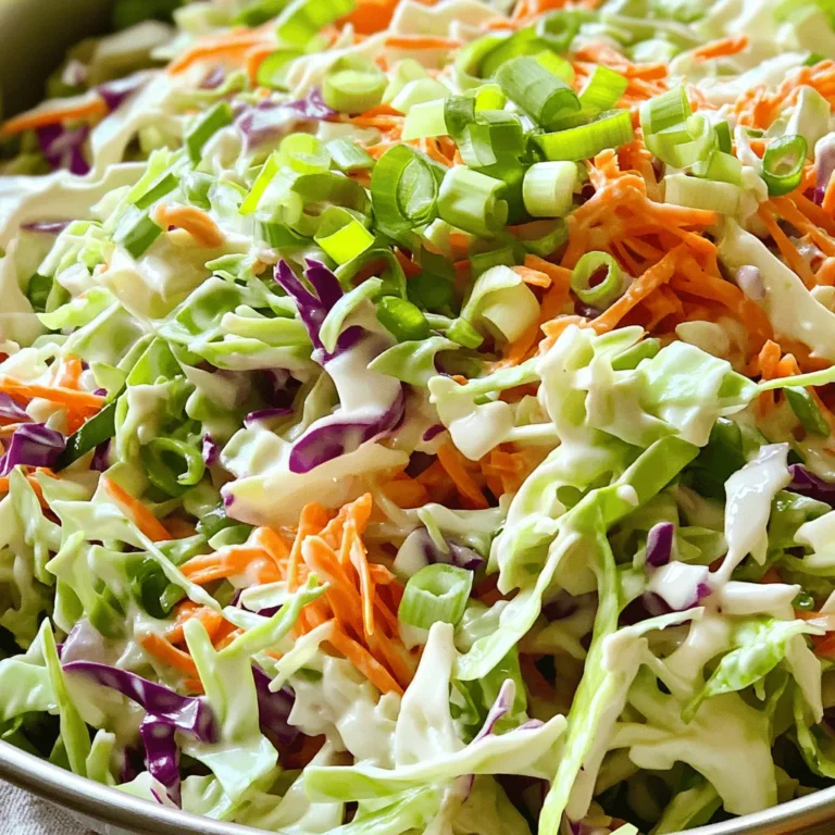 - 4 cups green cabbage, finely shredded - 1 cup carrots, grated - 1/2 cup red cabbage, finely shredded - 1/2 cup mayonnaise - 2 tablespoons apple cider vinegar - 1 tablespoon Dijon mustard - 1 tablespoon granulated sugar - Salt and freshly ground black pepper to taste - 1/4 cup green onions, thinly sliced (for garnish) Gathering the right ingredients is key to making a great coleslaw. Start with fresh green cabbage. I like to use about four cups, finely shredded. It gives a nice crunch. Then, add one cup of grated carrots. This adds sweetness and bright color. A half cup of finely shredded red cabbage balances the dish with flavor and color. Next, for the creamy dressing, you will need half a cup of mayonnaise. It binds the salad and adds richness. Two tablespoons of apple cider vinegar bring tanginess. One tablespoon of Dijon mustard adds a bit of spice. A tablespoon of granulated sugar rounds out the flavors. Don’t forget to season with salt and freshly ground black pepper. It enhances all the tastes. Finally, garnish with a quarter cup of thinly sliced green onions. They add a fresh finish and pop of color. For complete instructions, check the Full Recipe. - Combine the shredded green cabbage, grated carrots, and red cabbage in a large bowl. - Toss ingredients to ensure even blending. This step makes sure each bite is colorful and tasty. - In a smaller bowl, whisk together mayonnaise, apple cider vinegar, Dijon mustard, and sugar. - Season with a pinch of salt and pepper. The dressing should be smooth and creamy. - Pour the creamy dressing over the vegetable mixture in your large bowl. - Gently fold the dressing into the vegetables. Make sure all pieces are coated well. - Taste and adjust seasoning as needed. If it needs more sweetness, add sugar. If it needs more tang, add vinegar. - Refrigerate for at least 30 minutes to let flavors meld. This helps the cabbage soften and taste better. Enjoy making this classic dish with the full recipe! You can prepare coleslaw a day in advance. This helps the flavors mix well. Store it in an airtight container in the fridge. I recommend chilling it for at least 30 minutes. This resting time makes the coleslaw taste even better. Want to spice things up? Add fresh herbs like cilantro or dill. A dash of cayenne pepper gives it a kick. You can also try other dressings. Swap mayonnaise for yogurt for a tangy twist. Or use a vinaigrette for a lighter option. For a great look, serve coleslaw in a large bowl. This highlights its colorful layers. If you want individual servings, use mason jars. It makes for a fun and fresh presentation. Coleslaw pairs well with grilled chicken or BBQ ribs. It adds a nice crunch and balances rich flavors. {{image_4}} You can use different types of cabbage to change the flavor of your coleslaw. Napa cabbage is softer and has a mild taste. It gives a nice texture. Savoy cabbage is crinkly and has a sweet flavor. It adds a fun twist to your dish. Both options work well with the classic coleslaw recipe. Feel free to mix and match to find your favorite. Add colorful ingredients to make your coleslaw pop! Diced bell peppers bring crunch and sweetness. Try using red, yellow, or orange peppers for a vibrant look. Chopped apples add a juicy bite and a touch of sweetness. Raisins can offer a chewy texture and extra flavor. These add-ins not only brighten your dish but also enhance the taste. While the classic mayonnaise dressing is great, you can explore other options. A tangy vinaigrette can give your coleslaw a lighter feel. Use olive oil, vinegar, and a bit of mustard for a zesty kick. A yogurt-based dressing can add creaminess without as many calories. This option is perfect if you want a healthier version. Experiment with these dressings to find what you love best! To keep your classic coleslaw fresh, store it in an airtight container. This helps to lock in flavors and moisture. Make sure the coleslaw is cool before sealing it. It lasts about 3 to 5 days in the fridge. Check for any signs of spoilage before serving. If you notice any off smells or changes in color, it’s best to toss it. I do not recommend freezing coleslaw. Freezing can change the texture of the cabbage. It may turn mushy when thawed. If you want to prepare ahead, make the dressing and chop the veggies separately. Store them in the fridge until you’re ready to mix them. This keeps your coleslaw crunchy and fresh. For more details, check the Full Recipe. The best way to shred cabbage is by using a sharp knife or a box grater. You can also use a food processor with a shredding attachment. Start by cutting the cabbage into quarters. Remove the core and slice it thinly. Aim for even pieces to ensure a nice texture in your coleslaw. This method gives you a perfect blend of crunch and flavor. Yes, you can use pre-packaged coleslaw mix for convenience. These mixes often include cabbage and carrots, which saves time. However, fresh cabbage can have a better crunch and taste. If you choose the mix, check the ingredients. You might want to add more fresh veggies or extra dressing to boost flavor. To make coleslaw spicy, add ingredients like jalapeños or hot sauce. You can also mix in red pepper flakes for heat. If you enjoy a kick, try adding a pinch of cayenne pepper to the dressing. Adjust the spice level based on your taste. This adds an exciting twist to the classic flavor. Classic coleslaw pairs well with grilled meats like burgers or BBQ chicken. It also complements sandwiches and wraps. Serve it alongside fish tacos or fried chicken for a fun meal. You can even use it as a topping for tacos or nachos. These pairings enhance the meal and bring out the coleslaw's crunch. Classic coleslaw can be a healthy side dish. It contains cabbage and carrots, which offer vitamins and fiber. However, the mayonnaise adds calories and fat. You can make it healthier by using yogurt or a vinaigrette for the dressing. Balance is key, so enjoy it as part of a varied diet. This blog post covers how to make classic coleslaw, including ingredients and instructions. We discussed tips for enhancing flavors and serving ideas. You can choose from variations, like different types of cabbage or dressings, to make it your own. Knowing how to store coleslaw correctly ensures it stays fresh. Embrace your creativity with this simple dish! Enjoy every crunchy bite, and make coleslaw a regular part of your meals.