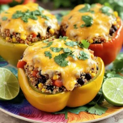- 4 large bell peppers (vibrant mix) - 1 cup cooked quinoa - 1 cup black beans - 1 cup corn kernels - 1 cup diced tomatoes - 1 teaspoon ground cumin - 1 teaspoon smoked paprika - Salt and black pepper to taste - 1 cup shredded cheddar cheese - 1 tablespoon olive oil - Fresh cilantro for garnishing The colorful bell peppers are the star of this dish. They offer a sweet crunch that pairs well with the savory filling. I love using a mix of colors for a bright, inviting look. Quinoa serves as a great base in this recipe. Its fluffy texture and nutty flavor add depth. Black beans bring protein and fiber, making the dish more filling. Corn adds a sweet bite, while diced tomatoes keep everything moist. Cumin and smoked paprika spice up the mix. They provide warmth and complexity to each bite. Don't forget to season with salt and pepper. These simple touches make a big difference. For the topping, I recommend a good amount of shredded cheddar cheese. It melts beautifully and creates a gooey bliss on top. A drizzle of olive oil adds richness. Fresh cilantro gives it a bright finish. Each serving of cheesy stuffed bell peppers offers a balanced mix of nutrients. You can expect around 350 calories, with protein from quinoa and beans. The fat comes mainly from cheese and olive oil, providing flavor. These ingredients also pack a punch of vitamins. Bell peppers are high in vitamin C. Quinoa is a great source of complete protein. Black beans add fiber, which is good for digestion. Corn provides antioxidants and more vitamins. Eating these stuffed peppers is not just tasty; it's healthy too! 1. Preheat your oven to 375°F (190°C). This will help cook the peppers evenly. 2. Prepare the bell peppers: Cut the tops off each pepper. Remove the seeds and membranes. Drizzle a little olive oil inside each pepper. This adds flavor and prevents sticking. Place them upright in a baking dish. 1. In a large bowl, mix the filling. Combine cooked quinoa, black beans, corn, and diced tomatoes. 2. Add ground cumin, smoked paprika, salt, and pepper. Stir well to blend all the flavors. 3. Stuff each bell pepper with the mixture. Press down lightly to make them full but not too tight. 4. Top each stuffed pepper with shredded cheddar cheese. Make sure the cheese covers the filling well. 1. Cover the baking dish with aluminum foil. This keeps moisture in and helps cook the peppers. 2. Bake in the preheated oven for 25 minutes. This allows the flavors to meld beautifully. 3. After 25 minutes, take off the foil and bake for another 10 minutes. This will melt the cheese nicely. 4. Once done, remove the dish from the oven. Let the peppers cool for a few minutes before serving. 5. For a fresh touch, sprinkle chopped cilantro on top just before you serve. You can find the complete steps in the Full Recipe. To ensure even cooking for your bell peppers, cut them to a similar height. This helps them cook at the same rate. Preheat your oven to 375°F (190°C) first. This way, they start cooking right when you place them inside. For melty cheese on top, use a mix of sharp and mild cheddar. This blend gives the dish depth. Also, sprinkle cheese evenly over the filling. Cover the baking dish with foil for part of the time. This traps steam and helps the cheese melt well. Uncover it later to get that nice golden crust. You can change the spice level easily. For more heat, add a pinch of cayenne pepper or red pepper flakes. If you want a milder flavor, skip the smoked paprika. You can also make substitutions based on health needs. Swap quinoa for brown rice or cauliflower rice for a low-carb option. If you're avoiding cheese, try a dairy-free variety. This way, you can enjoy cheesy stuffed bell peppers while sticking to your diet. For more details, check the Full Recipe. {{image_4}} You can make cheesy stuffed bell peppers with meat for a hearty meal. Ground beef or turkey works great. Just brown the meat in a pan before mixing it with the filling. This gives your dish a rich flavor. If you prefer a vegetarian option, try using lentils or chickpeas. These options are filling and full of protein. They add a nice texture without meat. You can change the flavor of your stuffed peppers with different seasonings. Try adding taco seasoning for a fun twist. You can also use Italian herbs for a different taste. For veggie-packed variations, add more vegetables to the filling. Chopped spinach, mushrooms, or zucchini can boost nutrition. Mixing in these veggies makes your meal colorful and tasty. Pair your cheesy stuffed bell peppers with sauces or sides. A fresh salsa or guacamole adds a nice kick. You can also serve them with a side salad for crunch. Enhance your peppers with extra toppings. Sour cream or Greek yogurt adds creaminess. You can also sprinkle more cheese on top before baking for extra meltiness. For the full recipe, check out the Cheesy Stuffed Bell Peppers Delight . Enjoy experimenting with these variations! After enjoying your cheesy stuffed bell peppers, let them cool. Place any leftovers in an airtight container. Store them in the fridge. They will stay fresh for up to four days. If you want to keep them longer, freezing is a great option. To freeze stuffed peppers, wrap each one tightly in plastic wrap. You can also place them in a freezer-safe bag or container. They will last for about three months in the freezer. When you're ready to eat them, defrost in the fridge overnight before reheating. When it's time to eat your leftovers, you can reheat them in several ways. The oven is my favorite method. Preheat it to 350°F (175°C). Place the peppers in a baking dish and cover them with foil. Bake for about 20 minutes or until heated through. You can also use the microwave for a quick option. Place a stuffed pepper on a microwave-safe plate. Cover it with a damp paper towel. Heat for about 2-3 minutes, checking to ensure it's warm all the way through. No matter how you reheat them, aim to keep the texture and flavor intact. If using the oven, remove the foil for the last few minutes to get that cheesy top nice and bubbly again. Enjoy your flavorful dish! To make Cheesy Stuffed Bell Peppers vegetarian, simply swap the black beans for lentils or chickpeas. You can also add more veggies, like spinach or zucchini. Use vegetable broth instead of chicken broth if you want extra flavor. These swaps keep the dish hearty and tasty without meat. Yes, you can prepare Cheesy Stuffed Bell Peppers ahead of time! Just stuff the peppers and place them in a baking dish. Cover the dish and store it in the fridge for up to 24 hours. When you’re ready to bake, just add a few extra minutes to the cooking time. This makes meal prep easy and efficient. If you want to skip quinoa, you can use rice or couscous. Brown rice adds a nice nutty flavor, while white rice cooks faster. Cauliflower rice is a great low-carb option too. Just make sure to adjust the cooking time based on what you choose. Each alternative will give you a unique texture and taste. For the full recipe, check out the [Full Recipe]. Cheesy stuffed bell peppers are a fun and tasty dish. We covered ingredients, nutrition, and easy steps to make them. You can add your favorite spices or proteins for a twist. Storing leftovers and reheating is simple, too. Don’t forget to try different versions based on your taste. This recipe is great for meal prep and family dinners. Enjoy making and sharing these colorful and flavorful peppers. Your kitchen will smell amazing, and everyone will love the result!