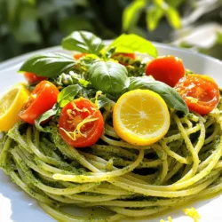 - 2 cups fresh basil leaves, packed - 1/2 cup pine nuts, lightly toasted for extra flavor - 2 cloves garlic, minced - 1/2 cup grated Parmesan cheese, plus extra for serving - 1/2 cup extra-virgin olive oil - 12 oz spaghetti or your preferred pasta type - 1 cup cherry tomatoes, halved (for garnish) - Zest of 1 lemon, for a bright flavor - Juice of 1 lemon, to enhance the freshness - Salt and pepper, to taste - Additional herbs (e.g., parsley) - Nuts (e.g., walnuts) - Protein options (e.g., grilled chicken, shrimp) Creating a vibrant Lemon Basil Pesto Pasta requires fresh and quality ingredients. The main stars are the basil and pine nuts. Fresh basil gives the dish a bright, herbal taste. Pine nuts add a pleasant crunch. Garlic brings a bold flavor that wakes up your taste buds. Parmesan cheese adds richness and depth. Finally, extra-virgin olive oil ties everything together with its smoothness. When it comes to the pasta, I love using spaghetti, but feel free to choose any type you enjoy. The cherry tomatoes add a pop of color and sweetness. A dash of lemon zest and juice brightens the dish. Don’t forget to season with salt and pepper to balance the flavors. If you want to get creative, consider adding optional ingredients. Fresh herbs like parsley can enhance the taste. Nuts like walnuts provide a new texture. You might also want some protein, like grilled chicken or shrimp, to make it a full meal. For a detailed guide, check the Full Recipe. To start, gather your fresh basil leaves, toasted pine nuts, minced garlic, and grated Parmesan cheese. Place these ingredients in a food processor. Pulse the mixture until it becomes finely chopped. You want it to have texture, not be completely smooth. This step builds the base of our bright and flavorful pesto. Next, add the zest and juice of one lemon. This adds a bright flavor that wakes up the dish. Toss in some salt and pepper for seasoning. Now, while the food processor runs, slowly drizzle in the olive oil. Blend until the pesto reaches a chunky yet smooth consistency. Taste it and adjust salt and pepper to your liking. Fill a large pot with water and add salt. Bring it to a vigorous boil. Add your spaghetti and cook according to the package instructions, about 8-10 minutes. Before you drain the pasta, reserve about one cup of the cooking water. This water is magical for adjusting the sauce later. In a big bowl, combine the drained pasta with the fresh pesto. Gently toss everything together until the pasta is well coated. If the mixture is too thick, use a little of the reserved pasta water to achieve your desired creaminess. This step ensures every bite is filled with flavor. Now it’s time to plate your dish. Serve the pasta in individual bowls. Garnish with halved cherry tomatoes and a few fresh basil leaves on top. For an extra treat, sprinkle with more grated Parmesan cheese. This adds a beautiful finish and extra flavor to your meal. Enjoy this Lemon Basil Pesto Pasta! For the Full Recipe, see the previous section. For the best flavor, always use fresh, quality ingredients. Fresh basil gives the pesto a bright taste. I really love using pine nuts that are lightly toasted. They add a nice, nutty flavor. You can also adjust the garlic and cheese levels to your taste. If you love garlic, add more! Want it cheesier? Go for extra Parmesan. Cook your pasta al dente for a better texture. This means it should be firm but not hard. A quick tip is to taste it a minute or two before the package time is up. Also, save some pasta water before draining. This water helps to improve the sauce's consistency. It can make your pesto cling to the pasta better. Serve your pasta immediately for the best taste. If it sits too long, it may dry out. I like to pair Lemon Basil Pesto Pasta with a fresh side salad or warm garlic bread. This makes for a complete meal that you can enjoy with family or friends. For the full recipe, check out the Lemon Basil Pesto Pasta recipe! {{image_4}} You can change the taste of your pesto by swapping herbs. Try cilantro for a fresh twist. Mint also adds a unique flavor. Different nuts can give your pesto a new vibe. Use almonds or cashews instead of pine nuts. Each nut brings its own taste and texture to the dish. Switch up your pasta choice for a fun twist. Whole wheat pasta adds fiber to your meal. If you need gluten-free options, there are many choices available. You can also use different pasta shapes like penne or fusilli. These shapes hold the pesto well and add a nice texture. Garnishing can elevate your dish to the next level. Crushed red pepper flakes add a spicy kick. If you want something hearty, try adding roasted vegetables. This not only adds flavor but also makes your meal more colorful and filling. For the full recipe, check out the [Full Recipe]. Store leftover pesto in an airtight container in the fridge. It lasts up to a week. If you want to keep it longer, freeze unused pesto in ice cube trays. Once frozen, transfer the cubes to a freezer bag. This method makes it easy to use just the right amount later. The pasta is best enjoyed fresh. However, you can store it in the fridge for 2 to 3 days. To reheat, heat it gently. Add a splash of water to keep it from sticking together. When reheating, use low heat. This method helps avoid overcooking and keeps the flavor intact. You can also reheat it with a bit of olive oil or reserved pasta water. This technique adds moisture and flavor back to your dish. For more flavor, consider adding a sprinkle of fresh Parmesan when serving. You can make this dish vegan easily. Just substitute Parmesan cheese with nutritional yeast or a vegan cheese alternative. This keeps the flavor bright and still delicious. Yes, you can use store-bought pesto if you're in a rush. However, I find that homemade pesto gives a fresher flavor and better nutrition. Plus, it’s fun to make! You can use any type of pasta you like. Spaghetti is a favorite, but feel free to choose your preferred shape. Penne, fettuccine, or even gluten-free pasta work well too! To make the pesto creamier, just add more olive oil. You can also mix in a touch of heavy cream for extra richness. This helps the sauce cling to the pasta beautifully. Lemon basil pesto pasta is a vibrant dish that combines fresh ingredients. You start by blending basil, nuts, garlic, and cheese into a tasty sauce. Cook your pasta and mix it all together for a quick meal. Use the tips to perfect your pesto and experiment with variations. Remember, fresh ingredients make all the difference. Enjoy this dish fresh or store leftovers smartly. Trust me, this meal brings bright flavors to any table. Make it your own and savor every bite!