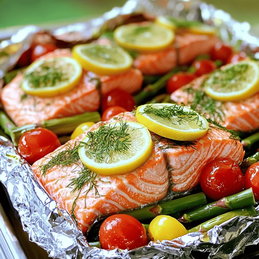 To make Lemon Dill Salmon Foil Packets, you need a few key items. These ingredients work together to create a tasty meal. Here’s what you need: - 4 salmon fillets (approximately 5-6 oz each) - 2 tablespoons extra virgin olive oil - 2 tablespoons fresh dill, finely chopped (or 1 tablespoon dried dill) - 1 medium lemon, thinly sliced - 1 cup cherry tomatoes, halved - 1 cup asparagus spears, trimmed and cut into 2-inch pieces - 2 cloves garlic, minced - Sea salt and freshly cracked black pepper, to taste - Aluminum foil Having fresh ingredients makes a big difference in flavor. For the salmon, look for bright color and no fishy smell. Fresh dill adds a nice touch, but dried dill works well too. You don’t need fancy tools for this recipe, but a few basics help. Here are the tools I recommend: - Mixing bowl - Whisk or fork - Knife and cutting board - Aluminum foil sheets (12x15 inches) - Grill or oven These tools make prep and cooking simple. A good knife helps with cutting lemon and veggies. Want to switch things up? You can add a few optional ingredients for extra flavor. Here are some ideas: - Red pepper flakes for heat - Capers for a briny kick - Fresh parsley for a different herb flavor - A splash of white wine for depth These options let you customize the dish. Feel free to get creative based on what you have at home. If you want more ideas, check out the Full Recipe for inspiration! Start by gathering all your ingredients. You will need four salmon fillets, two tablespoons of olive oil, fresh dill, a medium lemon, cherry tomatoes, asparagus, garlic, sea salt, and black pepper. 1. Preheat your grill or oven. For the grill, set it to medium-high. For the oven, preheat to 400°F (200°C). 2. Cut four pieces of aluminum foil. Each should be about 12x15 inches. Lay them flat on a clean surface. 3. In a bowl, mix the olive oil, minced garlic, chopped dill, sea salt, and black pepper. Whisk until combined and fragrant. Now, it’s time to assemble your packets: 1. Place one salmon fillet in the center of each foil sheet. 2. Spoon the olive oil mixture over each fillet. Make sure they are well coated. 3. Lay thin lemon slices on top of each salmon fillet. 4. Evenly distribute the halved cherry tomatoes and asparagus pieces among the packets. 5. Sprinkle more sea salt and black pepper over everything, according to your taste. You can choose to bake or grill your salmon foil packets: - Baking: If you use the oven, place the packets on a baking sheet. Cook for 15-20 minutes. The salmon should be opaque and flaky. - Grilling: For grilling, place the foil packets directly on the grill. Cook for the same amount of time, 15-20 minutes. Both methods yield tender, flavorful salmon. Just be careful when opening the packets, as the steam will be hot. For a fresh touch, serve the salmon with extra dill and a lemon wedge. Enjoy your meal! For the full recipe, refer to the earlier section. To get the best salmon, follow these tips: - Use fresh salmon fillets for great taste. - Preheat your grill or oven to the right temperature. This helps the salmon cook evenly. - Cook the salmon for 15 to 20 minutes. It should be opaque and flake easily. - Check the salmon with a fork to see if it's done. This is key to perfect cooking. Avoid sticking and leaking with these tips: - Use high-quality aluminum foil. It holds up well and keeps moisture in. - Oil the foil lightly before adding the salmon. This helps prevent sticking. - Seal the packets tightly. Make sure there are no openings for steam to escape. - Do not overcrowd the packets. Leave space for the steam to circulate. To boost flavor, try these ideas: - Use a simple marinade of olive oil, garlic, and herbs. This adds depth. - Add lemon zest to the marinade for extra zing. It brightens the dish. - Consider adding capers or olives for a salty kick. These pair well with salmon. - Experiment with other vegetables, like bell peppers or zucchini. They add color and taste. For the full recipe of Lemon Dill Salmon Foil Packets, check out the detailed instructions. {{image_4}} You can swap out the asparagus and cherry tomatoes in this recipe. For a crunchy bite, try adding bell peppers or zucchini. Both add color and flavor. You can also use green beans or baby carrots. They cook well in the foil packets and taste great with salmon. If you want to change the flavor, use different herbs. Basil, parsley, or thyme work well with salmon. Each herb brings its own taste. You can also add a pinch of red pepper flakes for heat. This simple tweak can change the whole dish. Salmon is a great choice, but you can use other fish too. Try trout, tilapia, or cod. Each fish has a unique taste and texture. Make sure to adjust the cooking time for different fish. Thinner fish like tilapia will cook faster. Check the fish often to avoid overcooking. After enjoying your Lemon Dill Salmon Foil Packets, you may have some leftovers. To store these, let the foil packets cool down first. Once they are cool, you can keep them in the fridge. Place the packets in an airtight container or cover them with plastic wrap. They will stay fresh for up to three days. This way, you can enjoy your meal again without fuss. When it’s time to reheat your salmon, do it gently to keep its flavor. Preheat your oven to 350°F (175°C). Open the foil packets carefully to release steam. Place the salmon on a baking sheet and cover it loosely with foil. Heat for about 10-15 minutes. Check that it’s warm throughout. If you prefer the microwave, use a microwave-safe dish. Heat on medium power for 1-2 minutes, checking frequently to avoid overcooking. If you want to save your salmon for later, you can freeze it. First, let the cooked salmon cool completely. Then, wrap each packet tightly in aluminum foil or plastic wrap. Place the wrapped packets in a freezer-safe bag or container. This will keep your salmon fresh for up to three months. When you're ready to eat, thaw it in the fridge overnight before reheating. Enjoy the great taste of your Lemon Dill Salmon Foil Packets anytime! Cook Lemon Dill Salmon Foil Packets for about 15-20 minutes. The exact time depends on your grill or oven's heat. You want the salmon to be opaque and flake easily with a fork. Always check after 15 minutes to avoid overcooking. Yes, you can use different herbs! Basil, parsley, or thyme work well. Each herb gives a unique taste. Just remember, some herbs are stronger than others. Start with a smaller amount and adjust to your liking. The best side dishes include rice, quinoa, or a fresh salad. Roasted potatoes or steamed veggies also pair nicely. These sides balance the flavors of the salmon and add texture. Feel free to mix and match based on your preference. For more ideas, check the Full Recipe section. This article covered how to make Lemon Dill Salmon Foil Packets. We talked about key ingredients, tools, and optional add-ons. I detailed preparation steps and cooking methods, like baking and grilling. Tips on cooking salmon just right, preventing leaks, and boosting flavor were included. We explored variations with other vegetables and fish too. Finally, I gave storage and reheating advice. With these clear steps, you'll enjoy tasty salmon meals anytime. Try it out and have fun cooking!