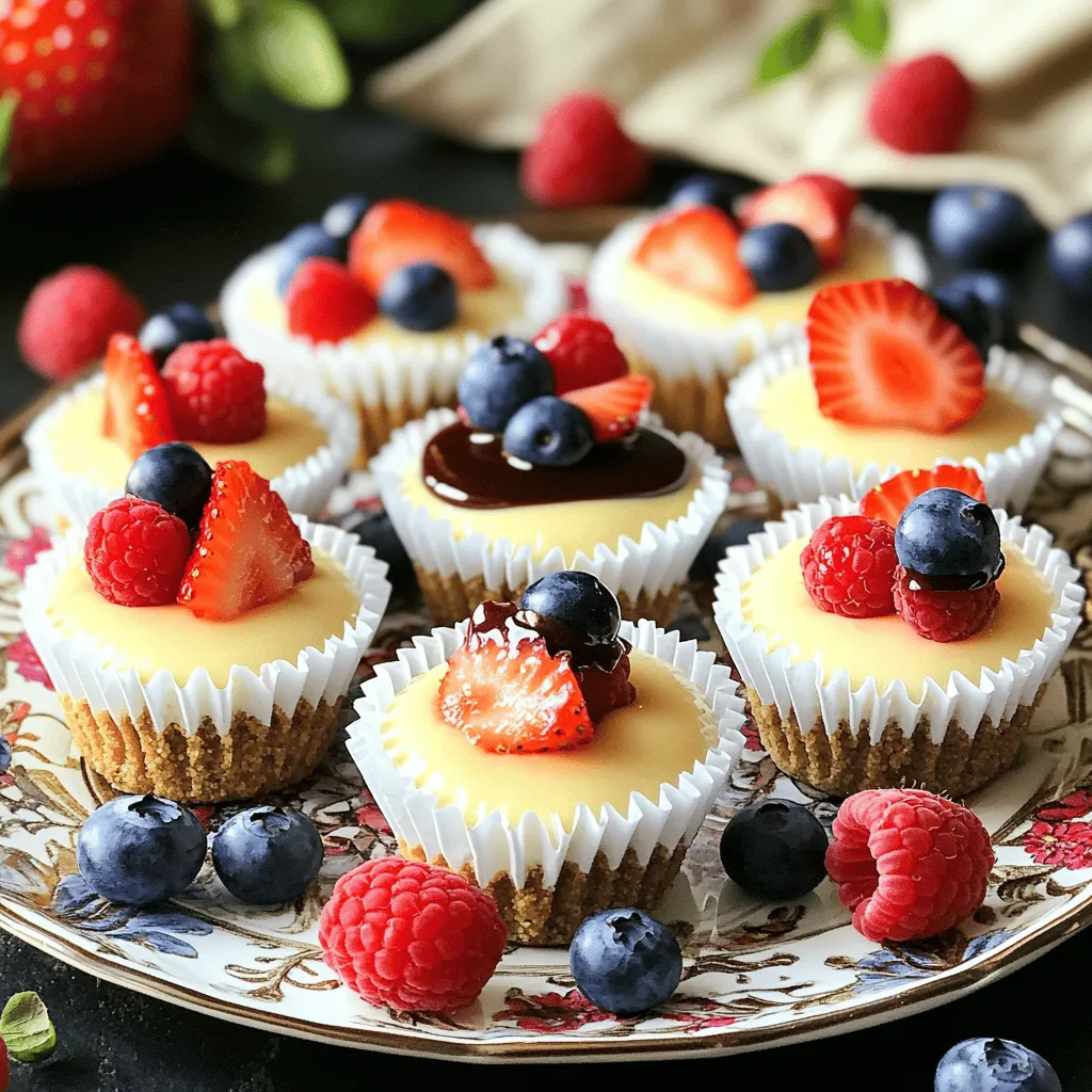 To make these cheesecake bites, you need a few key ingredients: - 1 cup cream cheese, softened to room temperature - 1/2 cup Greek yogurt, preferably plain or vanilla - 1/4 cup powdered sugar - 1 teaspoon pure vanilla extract - 1 cup graham cracker crumbs - 4 tablespoons unsalted butter, melted These ingredients create a creamy filling and a crunchy crust. The cream cheese adds richness, while the Greek yogurt brings a tangy flavor. The powdered sugar sweetens the mix, and the vanilla enhances the taste. The graham cracker crumbs and butter form a base that holds everything together. You can make these bites even more fun with toppings. Try adding: - Assorted fresh berries (strawberries, blueberries, raspberries) - Chocolate sauce for a sweet touch - Caramel sauce for a rich flavor These toppings not only taste great but also make your bites look pretty. Fresh berries add color, while sauces give a smooth finish. To prepare these delicious bites, you will need: - A medium mixing bowl - An electric mixer - A separate mixing bowl for the crust - A mini muffin tin - Mini cupcake liners Having these tools ready makes the process easy and fun. You can whip up these treats in no time, and the results will impress everyone. For the full recipe, check out the detailed instructions above. To start, gather your ingredients. In a medium bowl, mix the softened cream cheese, Greek yogurt, powdered sugar, and vanilla extract. Use an electric mixer on medium speed. Beat until the mixture is smooth and creamy, which takes about 2 to 3 minutes. Don’t forget to scrape the sides of the bowl to mix well. This step ensures a nice, even blend. The cream cheese gives a rich taste, while the yogurt adds a nice tang. Next, take a separate bowl for the crust. Combine the graham cracker crumbs and melted butter. Stir the mix until it holds together, like wet sand. This is key for a sturdy crust. Now, grab a mini muffin tin and line each cup with mini cupcake liners. Take about one tablespoon of the graham cracker mix and press it firmly into the bottom of each liner. This creates the perfect base for your cheesecake bites. Now it’s time to fill those liners! Use a spoon or small cookie scoop to add the cheesecake mixture on top of the crust. Fill each liner to the top, then smooth the surface with a spatula. Once all the liners are filled, cover the muffin tin with plastic wrap. Place it in the fridge for at least 2 hours. This helps the cheesecake bites set nicely. When ready to serve, gently remove them from the muffin tin and peel away the liners. Top each bite with fresh berries for a pop of color. You can add chocolate or caramel sauce on top if you want to impress your guests. Enjoy these easy and delicious treats! For the full recipe, click here. To make a smooth cheesecake filling, start with softened cream cheese. Cold cream cheese does not blend well. I recommend letting it sit at room temperature for about 30 minutes. Use an electric mixer on medium speed, mixing for 2 to 3 minutes. Scrape down the sides of the bowl often. This step helps mix everything evenly. Adding Greek yogurt gives it a creamy texture and tangy flavor. For nice layers, press the graham cracker crust firmly into the muffin liners. Use about one tablespoon for each bite. Then, fill each liner with cheesecake filling to the top. Make sure to smooth the surface with a spatula. This creates a nice finish. If you want to add a fruit topping, do so right before serving for freshness. Serve these cheesecake bites on a pretty platter. Arrange them in a circle or in rows for a nice look. Scatter fresh berries around the bites for color. You can also drizzle chocolate or caramel sauce on top for extra flavor. For a fun twist, add mint leaves for a pop of green. These bites are perfect for parties or just a sweet treat at home. Don't forget to check the Full Recipe for all the steps! {{image_4}} You can change the flavor of your cheesecake bites easily. To make chocolate cheesecake, add 1/4 cup of cocoa powder. For a fruity twist, mix in some lemon or orange zest. You can also use flavored yogurt, like strawberry or coconut, for added taste. Experimenting with extracts like almond or mint can create unique flavors. While graham cracker crumbs are classic, other options work well too. You can use crushed cookies like Oreos or gingersnaps for a fun twist. For a healthier choice, try almond flour or oat flour mixed with melted butter. If you like a nutty flavor, consider using crushed nuts like pecans or walnuts. These changes can add texture and taste. Toppings can change with the seasons. In spring and summer, use fresh berries like strawberries, blueberries, and raspberries. In autumn, top with sliced apples and a sprinkle of cinnamon. Winter calls for citrus fruits like mandarin oranges or pomegranate seeds. You can also mix fruits for a colorful look. For extra sweetness, drizzle chocolate or caramel sauce on top. For the full recipe, check the details above. Enjoy your tasty creations! To keep your cheesecake bites fresh, place them in an airtight container. Make sure to layer parchment paper between each layer to avoid sticking. Store them in the fridge. They will stay good for about five days. If you want to keep them longer, freezing is a great option. If you want to freeze your cheesecake bites, follow these steps. First, let them chill in the fridge for at least two hours. Once firm, remove them from the muffin tin. Wrap each bite tightly in plastic wrap. Place the wrapped bites in a freezer-safe container or bag. They can last up to three months in the freezer. When you're ready to enjoy them, just thaw in the fridge overnight. Reheating is not necessary for cheesecake bites. They are best served chilled. However, if you prefer a slightly softer texture, let them sit at room temperature for about 10 minutes before serving. This will enhance their creaminess and flavor. Enjoy your cheesecake bites as they are meant to be! For the complete recipe, check out the Full Recipe. No-Bake Cheesecake Bites last about 5 days in the fridge. Keep them in an airtight container. This helps keep them fresh and tasty. If you want to make them last longer, you can freeze them. Just remember to thaw them in the fridge before serving. Yes, you can make these cheesecake bites ahead of time. They taste best after chilling for at least 2 hours. This allows the flavors to blend well. Making them a day in advance is a great idea. They will be ready to enjoy when you are. If you don't have graham cracker crumbs, you can use other options. Crushed cookies like Oreos or vanilla wafers work well. You can also use crushed nuts or oats. Just mix them with melted butter, just like you would with graham crackers. This gives you a tasty crust for your cheesecake bites. For the full recipe, check out the Mini No-Bake Cheesecake Bites with a Berry Twist recipe. No-bake cheesecake bites are easy to make and fun to enjoy. We covered the main ingredients, optional toppings, and essential equipment. I shared step-by-step instructions to make the cheesecake mixture and crust. You learned tips for a smooth filling and how to serve them. We also explored flavor variations and storage options. These bites are great for gatherings or a sweet treat anytime. With these simple steps, you can impress friends and family. Enjoy creating and sharing these delicious treats!